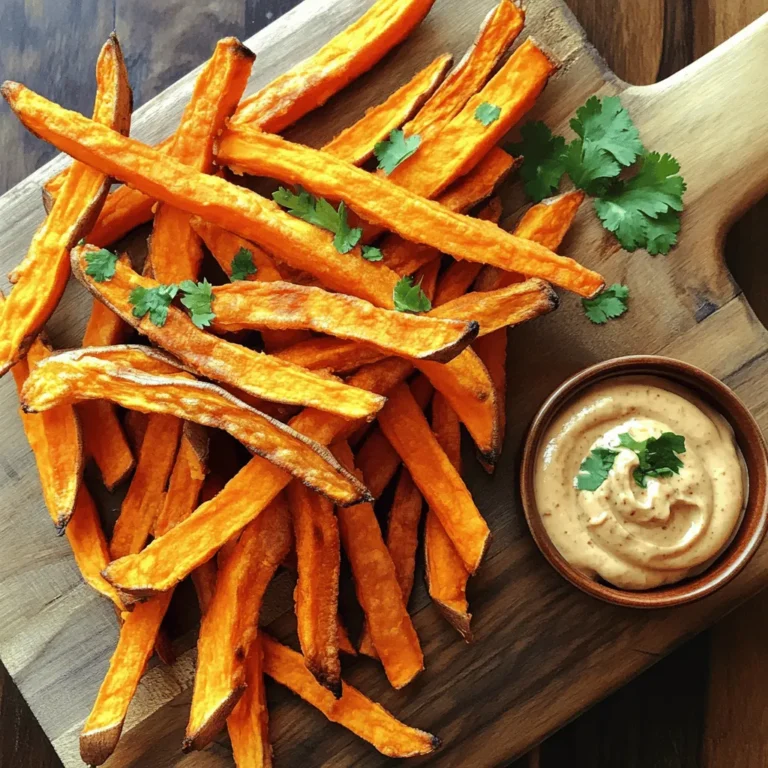 - 2 large sweet potatoes, peeled and cut into thin fries - 2 tablespoons extra virgin olive oil - 1 teaspoon smoked paprika - 1 teaspoon garlic powder - Sea salt and freshly cracked black pepper to taste - 1 cup creamy mayonnaise - 1-2 chipotle peppers in adobo sauce, finely minced - 1 tablespoon fresh lime juice - 1 teaspoon ground cumin - Fresh cilantro, chopped, for a vibrant garnish Sweet potatoes are high in vitamins A and C. They also offer fiber, which aids digestion. The olive oil provides healthy fats. The chipotle aioli adds flavor but also calories from mayonnaise. Balance is key! Enjoy this dish in moderation. Each serving has about 300 calories, depending on portion size. Start by peeling the sweet potatoes. Cut them into thin fries. Thin fries cook better and get crispier. In a large bowl, add the sweet potato fries. Drizzle with olive oil to coat them. Sprinkle smoked paprika, garlic powder, sea salt, and pepper. Toss everything well to make sure each fry gets flavor. This step is key for tasty fries. Preheat your oven to 425°F (220°C). A hot oven helps the fries crisp up. Line a baking sheet with parchment paper. This makes for easy cleanup later. Spread the fries on the sheet in a single layer. Avoid overlapping them for even cooking. Bake the fries for 25-30 minutes. Flip them halfway through for golden-brown perfection. Keep an eye on them to prevent burning. While the fries bake, it’s time for the aioli. In a mixing bowl, combine mayonnaise, minced chipotle peppers, lime juice, and cumin. Whisk until it’s smooth and well-mixed. Adjust the chipotle amount based on how spicy you like it. Add a pinch of sea salt for extra taste. This aioli pairs perfectly with the sweet potato fries. For the full recipe, you can refer to the original details provided. To get your sweet potato fries extra crispy, follow a few simple tips. First, cut the fries thin. Thin fries cook faster and crisp up better. Next, soak the cut fries in cold water for 30 minutes. This step removes excess starch and helps them crisp nicely. After soaking, dry the fries well with a towel. Any moisture will cause them to steam, not crisp. Finally, use parchment paper on your baking sheet. This helps prevent sticking and promotes even browning. The chipotle aioli can be a flavor star on your plate. To make it even better, try adding a pinch of smoked paprika. This will enhance the smoky flavor from the chipotle. For a zesty kick, mix in some finely grated lemon zest. This brightens the aioli and adds depth. If you like more heat, toss in another minced chipotle pepper. Taste as you go, and adjust to your spice level. Fresh herbs like cilantro can also add a fresh pop to the aioli. Avoid these common mistakes to ensure your fries and aioli shine. First, don’t overcrowd the baking sheet. If fries touch, they won’t crisp up properly. Bake them in a single layer with space around each fry. Next, be careful with the oil. Too much can make the fries soggy, while too little can cause them to stick. Finally, don’t skip the cooling time after baking. Letting them cool a bit on the sheet helps them crisp up even more. Enjoy your crispy sweet potato fries with flavorful chipotle aioli! Check out the Full Recipe for more details. {{image_4}} You can change the flavors of sweet potato fries with different seasonings. Try using chili powder for a warm kick. You can also use Italian herbs like oregano and thyme for a fresh taste. If you want to add some zest, sprinkle lemon pepper on them before baking. For a sweet twist, a dash of cinnamon can add a unique flavor. Mix and match these spices to find your favorite blend. Adjusting the spice level in your chipotle aioli is easy. If you prefer it milder, use just one chipotle pepper or remove the seeds. For more heat, add an extra minced chipotle pepper. You can also include hot sauce or cayenne pepper for added spice. Taste as you go to get it just right. This way, you can tailor the aioli to suit your taste buds. Sweet potato fries pair wonderfully with many dishes. Serve them with grilled chicken or fish for a balanced meal. They also make a great side for burgers or sandwiches. If you're hosting a party, place them on a platter with the chipotle aioli for dipping. For a fun twist, try serving them in a cone or on a wooden board. This creates a beautiful presentation that guests will love. For more details, check out the Full Recipe. To store leftover sweet potato fries, let them cool first. Place them in an airtight container. I recommend using a container that fits them snugly. This way, they won’t get too soggy. You can keep them in the fridge for up to three days. If you want to keep them longer, consider freezing them. However, freezing can change their texture. When you're ready to enjoy your fries again, you can reheat them easily. The best way is to use the oven. Preheat your oven to 400°F (200°C). Spread the fries in a single layer on a baking sheet. Bake for about 10-15 minutes. This method helps restore their crispiness. You can also use an air fryer for reheating. Just set it to 375°F (190°C) and heat for about 5-7 minutes. Chipotle aioli lasts in the fridge for about one week. Keep it in an airtight jar to maintain freshness. If you see any change in color or smell, it’s best to toss it out. You can also freeze the aioli if you want to keep it longer. Just use an ice cube tray to freeze it in small portions. When ready to use, thaw it in the fridge overnight. Yes, you can use regular potatoes, Yukon gold, or even purple potatoes. Each type offers a different taste. Regular potatoes will be crispier, while sweet potatoes give a sweeter flavor. Experiment to find what you love! To make the fries healthier, you can bake them instead of frying. Use less oil or try an air fryer. You can also skip the salt or use herbs for flavor. This way, you enjoy a tasty snack that’s lighter! If you want to skip mayonnaise, you can use Greek yogurt. It gives a nice creaminess and adds protein. Silken tofu blended smooth is another great option. Both choices will still taste amazing with chipotle! Yes, you can make the chipotle aioli ahead of time. Store it in the fridge for up to five days. The flavors will blend and deepen, making it even tastier! To store leftover fries, place them in an airtight container. Keep them in the fridge for up to three days. Avoid stacking them to keep them from getting soggy. The best way to reheat fries is in the oven. Spread them on a baking sheet and heat at 400°F (200°C) for about 10 minutes. This will help them regain their crispiness. Yes, you can freeze sweet potato fries! Lay them out on a baking sheet to freeze first. Once frozen, store them in a freezer bag. They can last up to three months. Just bake them directly from frozen when you’re ready to enjoy! The spice level of the aioli depends on how many chipotle peppers you use. Start with one for mild heat. Add more if you like it hot. Always taste as you go to find your perfect heat! If you want to switch things up, try ketchup, ranch, or even a yogurt dip. Each offers a different flavor that pairs well with sweet potato fries. You now know how to make tasty sweet potato fries and chipotle aioli. We covered the best ingredients, cooking steps, and helpful tips. Remember to experiment with flavors for your fries and aioli. Avoid common mistakes to ensure crispiness and taste. When storing leftovers, follow the guidelines to keep them fresh. Enjoy this delicious snack any time!