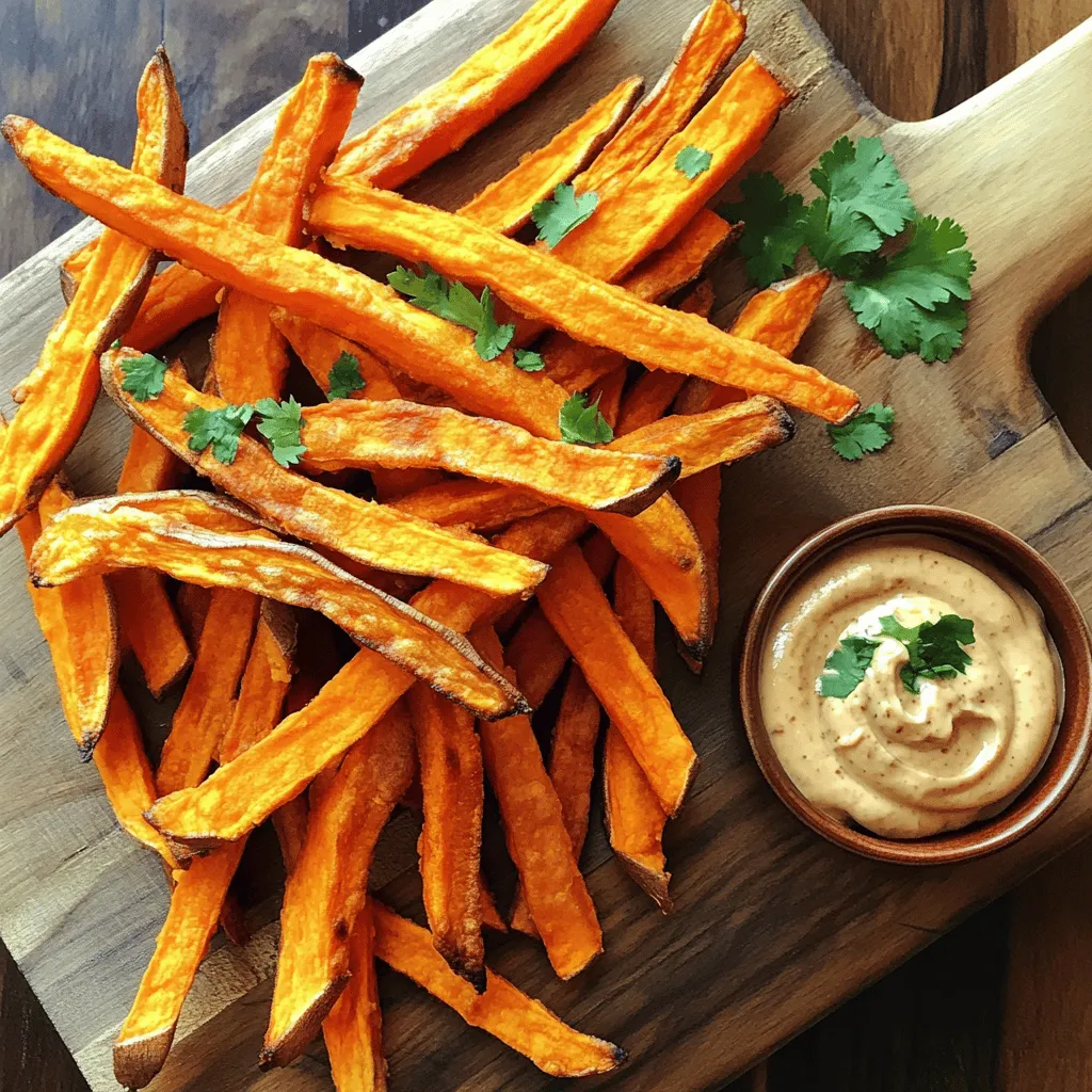 - 2 large sweet potatoes, peeled and cut into thin fries - 2 tablespoons extra virgin olive oil - 1 teaspoon smoked paprika - 1 teaspoon garlic powder - Sea salt and freshly cracked black pepper to taste - 1 cup creamy mayonnaise - 1-2 chipotle peppers in adobo sauce, finely minced - 1 tablespoon fresh lime juice - 1 teaspoon ground cumin - Fresh cilantro, chopped, for a vibrant garnish Sweet potatoes are high in vitamins A and C. They also offer fiber, which aids digestion. The olive oil provides healthy fats. The chipotle aioli adds flavor but also calories from mayonnaise. Balance is key! Enjoy this dish in moderation. Each serving has about 300 calories, depending on portion size. Start by peeling the sweet potatoes. Cut them into thin fries. Thin fries cook better and get crispier. In a large bowl, add the sweet potato fries. Drizzle with olive oil to coat them. Sprinkle smoked paprika, garlic powder, sea salt, and pepper. Toss everything well to make sure each fry gets flavor. This step is key for tasty fries. Preheat your oven to 425°F (220°C). A hot oven helps the fries crisp up. Line a baking sheet with parchment paper. This makes for easy cleanup later. Spread the fries on the sheet in a single layer. Avoid overlapping them for even cooking. Bake the fries for 25-30 minutes. Flip them halfway through for golden-brown perfection. Keep an eye on them to prevent burning. While the fries bake, it’s time for the aioli. In a mixing bowl, combine mayonnaise, minced chipotle peppers, lime juice, and cumin. Whisk until it’s smooth and well-mixed. Adjust the chipotle amount based on how spicy you like it. Add a pinch of sea salt for extra taste. This aioli pairs perfectly with the sweet potato fries. For the full recipe, you can refer to the original details provided. To get your sweet potato fries extra crispy, follow a few simple tips. First, cut the fries thin. Thin fries cook faster and crisp up better. Next, soak the cut fries in cold water for 30 minutes. This step removes excess starch and helps them crisp nicely. After soaking, dry the fries well with a towel. Any moisture will cause them to steam, not crisp. Finally, use parchment paper on your baking sheet. This helps prevent sticking and promotes even browning. The chipotle aioli can be a flavor star on your plate. To make it even better, try adding a pinch of smoked paprika. This will enhance the smoky flavor from the chipotle. For a zesty kick, mix in some finely grated lemon zest. This brightens the aioli and adds depth. If you like more heat, toss in another minced chipotle pepper. Taste as you go, and adjust to your spice level. Fresh herbs like cilantro can also add a fresh pop to the aioli. Avoid these common mistakes to ensure your fries and aioli shine. First, don’t overcrowd the baking sheet. If fries touch, they won’t crisp up properly. Bake them in a single layer with space around each fry. Next, be careful with the oil. Too much can make the fries soggy, while too little can cause them to stick. Finally, don’t skip the cooling time after baking. Letting them cool a bit on the sheet helps them crisp up even more. Enjoy your crispy sweet potato fries with flavorful chipotle aioli! Check out the Full Recipe for more details. {{image_4}} You can change the flavors of sweet potato fries with different seasonings. Try using chili powder for a warm kick. You can also use Italian herbs like oregano and thyme for a fresh taste. If you want to add some zest, sprinkle lemon pepper on them before baking. For a sweet twist, a dash of cinnamon can add a unique flavor. Mix and match these spices to find your favorite blend. Adjusting the spice level in your chipotle aioli is easy. If you prefer it milder, use just one chipotle pepper or remove the seeds. For more heat, add an extra minced chipotle pepper. You can also include hot sauce or cayenne pepper for added spice. Taste as you go to get it just right. This way, you can tailor the aioli to suit your taste buds. Sweet potato fries pair wonderfully with many dishes. Serve them with grilled chicken or fish for a balanced meal. They also make a great side for burgers or sandwiches. If you're hosting a party, place them on a platter with the chipotle aioli for dipping. For a fun twist, try serving them in a cone or on a wooden board. This creates a beautiful presentation that guests will love. For more details, check out the Full Recipe. To store leftover sweet potato fries, let them cool first. Place them in an airtight container. I recommend using a container that fits them snugly. This way, they won’t get too soggy. You can keep them in the fridge for up to three days. If you want to keep them longer, consider freezing them. However, freezing can change their texture. When you're ready to enjoy your fries again, you can reheat them easily. The best way is to use the oven. Preheat your oven to 400°F (200°C). Spread the fries in a single layer on a baking sheet. Bake for about 10-15 minutes. This method helps restore their crispiness. You can also use an air fryer for reheating. Just set it to 375°F (190°C) and heat for about 5-7 minutes. Chipotle aioli lasts in the fridge for about one week. Keep it in an airtight jar to maintain freshness. If you see any change in color or smell, it’s best to toss it out. You can also freeze the aioli if you want to keep it longer. Just use an ice cube tray to freeze it in small portions. When ready to use, thaw it in the fridge overnight. Yes, you can use regular potatoes, Yukon gold, or even purple potatoes. Each type offers a different taste. Regular potatoes will be crispier, while sweet potatoes give a sweeter flavor. Experiment to find what you love! To make the fries healthier, you can bake them instead of frying. Use less oil or try an air fryer. You can also skip the salt or use herbs for flavor. This way, you enjoy a tasty snack that’s lighter! If you want to skip mayonnaise, you can use Greek yogurt. It gives a nice creaminess and adds protein. Silken tofu blended smooth is another great option. Both choices will still taste amazing with chipotle! Yes, you can make the chipotle aioli ahead of time. Store it in the fridge for up to five days. The flavors will blend and deepen, making it even tastier! To store leftover fries, place them in an airtight container. Keep them in the fridge for up to three days. Avoid stacking them to keep them from getting soggy. The best way to reheat fries is in the oven. Spread them on a baking sheet and heat at 400°F (200°C) for about 10 minutes. This will help them regain their crispiness. Yes, you can freeze sweet potato fries! Lay them out on a baking sheet to freeze first. Once frozen, store them in a freezer bag. They can last up to three months. Just bake them directly from frozen when you’re ready to enjoy! The spice level of the aioli depends on how many chipotle peppers you use. Start with one for mild heat. Add more if you like it hot. Always taste as you go to find your perfect heat! If you want to switch things up, try ketchup, ranch, or even a yogurt dip. Each offers a different flavor that pairs well with sweet potato fries. You now know how to make tasty sweet potato fries and chipotle aioli. We covered the best ingredients, cooking steps, and helpful tips. Remember to experiment with flavors for your fries and aioli. Avoid common mistakes to ensure crispiness and taste. When storing leftovers, follow the guidelines to keep them fresh. Enjoy this delicious snack any time!