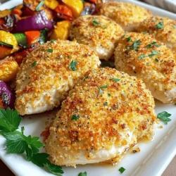 - 4 boneless, skinless chicken breasts - 1 cup finely grated Parmesan cheese - 1 cup panko breadcrumbs - 2 teaspoons garlic powder - 1 teaspoon dried oregano - 1 teaspoon paprika - 1/2 teaspoon salt - 1/2 teaspoon freshly ground black pepper - 1/4 cup mayonnaise - 2 tablespoons fresh lemon juice - Fresh parsley, chopped (for garnish, optional) The ingredients for Baked Parmesan Crusted Chicken are simple and easy to find. Each item plays a key role in making this dish taste great. The chicken is the star, while the Parmesan cheese adds a rich flavor. Panko breadcrumbs give it a nice crunch. - Calories per serving: Approximately 350 calories - Macronutrients: 25g protein, 20g fat, 20g carbohydrates This meal is not just tasty; it also provides good nutrition. With about 25 grams of protein, it can help to keep you full. The fat content is balanced, making it a good choice for a healthy dinner. - If you don’t have Parmesan cheese, you can use Pecorino Romano or Grana Padano. - For a gluten-free option, use gluten-free breadcrumbs or crushed oats. These substitutions keep the dish delicious while allowing you to tailor it to your diet. It's great to have options that fit your needs! If you're looking for more details, check out the Full Recipe for a complete guide. 1. Preheat your oven to 375°F (190°C). 2. Prepare a baking sheet by lining it with parchment paper. This helps prevent sticking. 3. In a shallow bowl, mix the breadcrumb coating. Combine Parmesan cheese, panko breadcrumbs, garlic powder, oregano, paprika, salt, and black pepper. Stir until blended well. 1. In another bowl, whisk together the mayonnaise and lemon juice. This mixture keeps the chicken moist and helps the crumbs stick. 2. Take a chicken breast and coat it fully with the mayonnaise mix. Make sure every part is covered. 3. Then, dip the chicken into the breadcrumb mixture. Press down to ensure it sticks well. Repeat this for all chicken breasts. 1. Place the coated chicken on the baking sheet. Leave space between each piece for even cooking. 2. Bake the chicken for 25-30 minutes. It is done when the internal temperature hits 165°F (74°C). The crust should be golden brown and crispy. 3. Remove the chicken from the oven. Let it rest for 5 minutes. This helps keep the chicken juicy and flavorful. For the full recipe, check back at the top of this article. To keep your chicken juicy, use mayonnaise. It traps moisture during cooking. Apply it evenly on the chicken. Avoid drying out the meat. After baking, let the chicken rest. This helps keep the juices inside. For the perfect crust, use panko breadcrumbs. They give a light and crunchy texture. Mix these with Parmesan cheese for flavor. Press the breadcrumbs firmly onto the chicken. This ensures it sticks well during baking. Baked Parmesan Crusted Chicken pairs well with many sides. Try roasted vegetables, like carrots and broccoli. A fresh green salad adds a nice contrast. You can also serve it with mashed potatoes for comfort. For a beautiful plate, arrange the chicken on a colorful platter. Sprinkle fresh parsley on top for a pop of color. This makes your meal more inviting and appetizing. To store leftovers, place them in an airtight container. Keep the chicken in the fridge for up to three days. If you want to freeze it, wrap each piece tightly. Use freezer bags for best results. When reheating, use the oven if you can. This keeps the crust crispy. Preheat it to 350°F (175°C). Bake for about 10-15 minutes. Check that the chicken is heated through to 165°F (74°C). Avoid using the microwave, as it can make the crust soggy. {{image_4}} You can easily change the flavor of your baked chicken. For a delightful twist, try an Italian herb crust. Just add dried basil, thyme, and rosemary to your breadcrumb mix. This will give your chicken a fresh, fragrant taste. If you want a spicy kick, sprinkle in some red pepper flakes. This will heat things up and add depth to your meal. Feel free to experiment with the cheese! You can mix in some mozzarella or cheddar with your Parmesan. This will create a richer flavor. You can also switch the chicken for other proteins. Fish like salmon or pork tenderloin works well too. Just adjust the cooking time based on the protein you choose. If you want to make this dish keto-friendly, skip the breadcrumbs. Instead, use crushed nuts or almond flour to create a crunchy crust. For a low-calorie option, replace the mayonnaise with Greek yogurt. This will keep your dish creamy without the extra calories. For the full recipe, check out the detailed cooking instructions above. To ensure the chicken cooks well, use a meat thermometer. Insert it into the thickest part of the chicken. The safe internal temperature is 165°F (74°C). This method gives you confidence that your chicken is safe and juicy. Always check multiple pieces if cooking more than one. Yes, you can freeze Baked Parmesan Crusted Chicken. Cool it first, then wrap it tightly in plastic wrap. Place it in a freezer bag to protect it from freezer burn. It can last for up to three months. When ready to eat, thaw it overnight in the fridge. Reheat it in the oven to keep the crust crispy. If you don’t have panko breadcrumbs, you can use regular breadcrumbs instead. They will work just fine. You can also crush crackers or cereal for a nice crunch. If you want a gluten-free option, try crushed cornflakes or gluten-free breadcrumbs. To make Baked Parmesan Crusted Chicken dairy-free, use dairy-free cheese. You can find many brands that offer good alternatives. For the mayonnaise, choose a dairy-free version or make your own with plant-based ingredients. This way, you can still enjoy the flavor without any dairy. This Baked Parmesan Crusted Chicken is both simple and tasty. It takes about 10 minutes to prep and 25-30 minutes to cook. You will serve 4 people. Here’s a quick look at the steps: 1. Preheat your oven and prepare your baking sheet. 2. Mix the breadcrumbs and spices in a bowl. 3. Combine mayonnaise and lemon juice in another bowl. 4. Coat the chicken with mayonnaise, then dip in the breadcrumb mix. 5. Bake until golden and juicy. This dish is perfect for a weeknight meal or a special dinner. You can find the full recipe for more details! Baked Parmesan Crusted Chicken is easy and flavorful. We covered ingredients, steps, and tips. You can swap ingredients and modify flavors to suit your taste. I provided ideas for sides and storage, ensuring you enjoy this dish many times. Remember to cook until golden and let it rest for a juicy bite. This dish is great for every meal. Try making it your way!