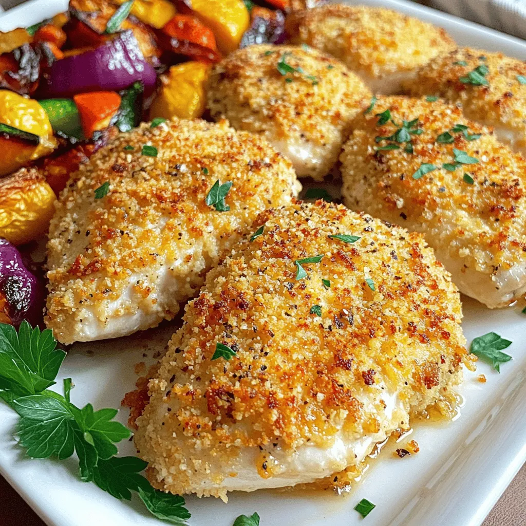 - 4 boneless, skinless chicken breasts - 1 cup finely grated Parmesan cheese - 1 cup panko breadcrumbs - 2 teaspoons garlic powder - 1 teaspoon dried oregano - 1 teaspoon paprika - 1/2 teaspoon salt - 1/2 teaspoon freshly ground black pepper - 1/4 cup mayonnaise - 2 tablespoons fresh lemon juice - Fresh parsley, chopped (for garnish, optional) The ingredients for Baked Parmesan Crusted Chicken are simple and easy to find. Each item plays a key role in making this dish taste great. The chicken is the star, while the Parmesan cheese adds a rich flavor. Panko breadcrumbs give it a nice crunch. - Calories per serving: Approximately 350 calories - Macronutrients: 25g protein, 20g fat, 20g carbohydrates This meal is not just tasty; it also provides good nutrition. With about 25 grams of protein, it can help to keep you full. The fat content is balanced, making it a good choice for a healthy dinner. - If you don’t have Parmesan cheese, you can use Pecorino Romano or Grana Padano. - For a gluten-free option, use gluten-free breadcrumbs or crushed oats. These substitutions keep the dish delicious while allowing you to tailor it to your diet. It's great to have options that fit your needs! If you're looking for more details, check out the Full Recipe for a complete guide. 1. Preheat your oven to 375°F (190°C). 2. Prepare a baking sheet by lining it with parchment paper. This helps prevent sticking. 3. In a shallow bowl, mix the breadcrumb coating. Combine Parmesan cheese, panko breadcrumbs, garlic powder, oregano, paprika, salt, and black pepper. Stir until blended well. 1. In another bowl, whisk together the mayonnaise and lemon juice. This mixture keeps the chicken moist and helps the crumbs stick. 2. Take a chicken breast and coat it fully with the mayonnaise mix. Make sure every part is covered. 3. Then, dip the chicken into the breadcrumb mixture. Press down to ensure it sticks well. Repeat this for all chicken breasts. 1. Place the coated chicken on the baking sheet. Leave space between each piece for even cooking. 2. Bake the chicken for 25-30 minutes. It is done when the internal temperature hits 165°F (74°C). The crust should be golden brown and crispy. 3. Remove the chicken from the oven. Let it rest for 5 minutes. This helps keep the chicken juicy and flavorful. For the full recipe, check back at the top of this article. To keep your chicken juicy, use mayonnaise. It traps moisture during cooking. Apply it evenly on the chicken. Avoid drying out the meat. After baking, let the chicken rest. This helps keep the juices inside. For the perfect crust, use panko breadcrumbs. They give a light and crunchy texture. Mix these with Parmesan cheese for flavor. Press the breadcrumbs firmly onto the chicken. This ensures it sticks well during baking. Baked Parmesan Crusted Chicken pairs well with many sides. Try roasted vegetables, like carrots and broccoli. A fresh green salad adds a nice contrast. You can also serve it with mashed potatoes for comfort. For a beautiful plate, arrange the chicken on a colorful platter. Sprinkle fresh parsley on top for a pop of color. This makes your meal more inviting and appetizing. To store leftovers, place them in an airtight container. Keep the chicken in the fridge for up to three days. If you want to freeze it, wrap each piece tightly. Use freezer bags for best results. When reheating, use the oven if you can. This keeps the crust crispy. Preheat it to 350°F (175°C). Bake for about 10-15 minutes. Check that the chicken is heated through to 165°F (74°C). Avoid using the microwave, as it can make the crust soggy. {{image_4}} You can easily change the flavor of your baked chicken. For a delightful twist, try an Italian herb crust. Just add dried basil, thyme, and rosemary to your breadcrumb mix. This will give your chicken a fresh, fragrant taste. If you want a spicy kick, sprinkle in some red pepper flakes. This will heat things up and add depth to your meal. Feel free to experiment with the cheese! You can mix in some mozzarella or cheddar with your Parmesan. This will create a richer flavor. You can also switch the chicken for other proteins. Fish like salmon or pork tenderloin works well too. Just adjust the cooking time based on the protein you choose. If you want to make this dish keto-friendly, skip the breadcrumbs. Instead, use crushed nuts or almond flour to create a crunchy crust. For a low-calorie option, replace the mayonnaise with Greek yogurt. This will keep your dish creamy without the extra calories. For the full recipe, check out the detailed cooking instructions above. To ensure the chicken cooks well, use a meat thermometer. Insert it into the thickest part of the chicken. The safe internal temperature is 165°F (74°C). This method gives you confidence that your chicken is safe and juicy. Always check multiple pieces if cooking more than one. Yes, you can freeze Baked Parmesan Crusted Chicken. Cool it first, then wrap it tightly in plastic wrap. Place it in a freezer bag to protect it from freezer burn. It can last for up to three months. When ready to eat, thaw it overnight in the fridge. Reheat it in the oven to keep the crust crispy. If you don’t have panko breadcrumbs, you can use regular breadcrumbs instead. They will work just fine. You can also crush crackers or cereal for a nice crunch. If you want a gluten-free option, try crushed cornflakes or gluten-free breadcrumbs. To make Baked Parmesan Crusted Chicken dairy-free, use dairy-free cheese. You can find many brands that offer good alternatives. For the mayonnaise, choose a dairy-free version or make your own with plant-based ingredients. This way, you can still enjoy the flavor without any dairy. This Baked Parmesan Crusted Chicken is both simple and tasty. It takes about 10 minutes to prep and 25-30 minutes to cook. You will serve 4 people. Here’s a quick look at the steps: 1. Preheat your oven and prepare your baking sheet. 2. Mix the breadcrumbs and spices in a bowl. 3. Combine mayonnaise and lemon juice in another bowl. 4. Coat the chicken with mayonnaise, then dip in the breadcrumb mix. 5. Bake until golden and juicy. This dish is perfect for a weeknight meal or a special dinner. You can find the full recipe for more details! Baked Parmesan Crusted Chicken is easy and flavorful. We covered ingredients, steps, and tips. You can swap ingredients and modify flavors to suit your taste. I provided ideas for sides and storage, ensuring you enjoy this dish many times. Remember to cook until golden and let it rest for a juicy bite. This dish is great for every meal. Try making it your way!