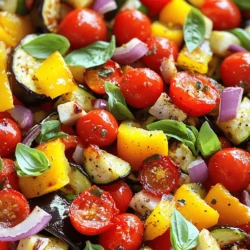 - Bell pepper (red, yellow, or orange) - Zucchini - Eggplant - Cherry tomatoes - Red onion - Garlic - Extra virgin olive oil - Dried oregano - Smoked paprika - Salt and pepper - Fresh basil leaves - Balsamic glaze for serving The right mix of veggies makes all the difference. Choose a bell pepper in red, yellow, or orange. Zucchini adds a nice crunch. Eggplant brings a creamy texture. Cherry tomatoes give a burst of sweetness. Red onion adds depth, while garlic gives a fragrant kick. For seasoning, I love using extra virgin olive oil. It helps veggies roast perfectly. Dried oregano adds a classic taste. Smoked paprika gives a subtle smokiness. Salt and pepper balance the flavors well. If you want to make it special, top your roasted veggies with fresh basil leaves. A drizzle of balsamic glaze before serving adds a sweet touch. Trust me; it elevates the dish! For the full details, check out the Full Recipe. - Preheat your oven to 425°F (220°C). This high heat helps the veggies get crispy. - Chop and slice your vegetables as the recipe shows. Cut them into even sizes for uniform cooking. - In a big bowl, mix all the chopped vegetables. Add the minced garlic for flavor. - Drizzle the extra virgin olive oil over the mix. Then add dried oregano, smoked paprika, and a pinch of salt and pepper. - Stir well. Make sure every piece of vegetable gets a nice coat of oil and spices. This step is key for great taste. - Spread the veggies out on a baking sheet. Make sure they form a single layer for even roasting. - Roast in the oven for 20-25 minutes. Halfway through, gently stir the veggies. This helps them brown and become tender. - Look for a golden-brown color and a soft texture. Once done, take them out and let them cool for a few minutes. Now your simple roasted veggies are ready to enjoy! To get the best roasted veggies, spread them out in a single layer on your baking sheet. This way, each piece gets enough heat and air. If you pile them up, they might steam instead of roast. A good roast means nice, crispy edges and tender insides. Set your oven to 425°F (220°C). This temperature cooks the veggies evenly and helps them caramelize well. Preheating is key. If the oven is not hot enough, you’ll miss that perfect golden-brown color. You can mix in other spices to boost flavor. Think about adding cumin for warmth or thyme for a fresh taste. These spices help create a unique twist on your roasted veggies. Before serving, drizzle some balsamic glaze on top. This adds a rich, tangy finish. It not only enhances the flavor but also makes your dish look fancy. Try it out for a delicious touch! {{image_4}} You can mix and match veggies based on what’s in season. This makes your dish fresh and fun. In spring, use asparagus or peas. In fall, try butternut squash or Brussels sprouts. Root vegetables are a great addition. Carrots add sweetness, while potatoes provide heartiness. They roast well and create a lovely texture. Just chop them to similar sizes for even cooking. You can change the flavor of your veggies with different styles. For a Mediterranean twist, add feta cheese after roasting. This cheese melts slightly and adds creaminess. Pair it with olives or sun-dried tomatoes for extra flavor. If you crave something Asian, try soy sauce and sesame oil. Toss the veggies in these flavors before roasting. You can also sprinkle sesame seeds on top for crunch. This brings a whole new taste to your dish. For the full recipe, check out the vibrant roasted vegetable symphony. To keep roasted veggies fresh, store them in an airtight container. This helps maintain moisture and flavor. Place the container in the fridge promptly after cooling. Roasted veggies last about 3 to 5 days in the fridge. Check for any signs of spoilage before using. To reheat without losing texture, use the oven. Preheat it to 350°F (175°C). Spread the veggies on a baking sheet and heat for about 10-15 minutes. This method keeps them crisp and warm. You can also use a skillet on medium heat. Add a little oil and warm the veggies for 5-7 minutes, stirring often. Leftover roasted veggies are great for new dishes. Toss them into salads, soups, or grain bowls. You can also blend them into sauces for added flavor. This way, you enjoy their taste in various meals! Yes, you can customize your veggies! Use what you like. Some great options are: - Carrots, cut into sticks - Broccoli florets - Cauliflower, in bite-sized pieces - Sweet potatoes, diced - Brussels sprouts, halved Mix and match for fun flavors. Try different colors for a beautiful dish! Look for a golden-brown color. Perfect roasted veggies should be tender. You can poke them with a fork. If they feel soft, they are ready. The edges should be slightly crispy, adding good texture and flavor. Yes, you can freeze roasted vegetables! Here’s how: - Let them cool completely first. - Place them in airtight bags or containers. - Remove as much air as possible. For best results, use them within three months. Reheat in the oven at 375°F (190°C) for best texture. Enjoy them in soups, salads, or as a side dish. For the full recipe, check the details above! Roasting vegetables is an easy and tasty way to eat healthy. Use essential ingredients like bell peppers, zucchini, and eggplant. Preheat your oven, mix the veggies with oil and spices, then roast them to perfection. Remember to store leftovers properly and reheating them well. You’ll enjoy experimenting with different vegetable mixes and flavors. Try adding your favorite spices or herbs for extra taste. Enjoy these simple dishes that brighten your meals and nourish your body!