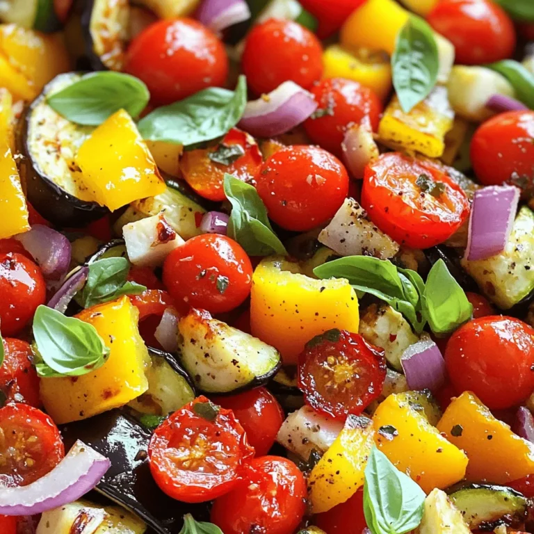 - Bell pepper (red, yellow, or orange) - Zucchini - Eggplant - Cherry tomatoes - Red onion - Garlic - Extra virgin olive oil - Dried oregano - Smoked paprika - Salt and pepper - Fresh basil leaves - Balsamic glaze for serving The right mix of veggies makes all the difference. Choose a bell pepper in red, yellow, or orange. Zucchini adds a nice crunch. Eggplant brings a creamy texture. Cherry tomatoes give a burst of sweetness. Red onion adds depth, while garlic gives a fragrant kick. For seasoning, I love using extra virgin olive oil. It helps veggies roast perfectly. Dried oregano adds a classic taste. Smoked paprika gives a subtle smokiness. Salt and pepper balance the flavors well. If you want to make it special, top your roasted veggies with fresh basil leaves. A drizzle of balsamic glaze before serving adds a sweet touch. Trust me; it elevates the dish! For the full details, check out the Full Recipe. - Preheat your oven to 425°F (220°C). This high heat helps the veggies get crispy. - Chop and slice your vegetables as the recipe shows. Cut them into even sizes for uniform cooking. - In a big bowl, mix all the chopped vegetables. Add the minced garlic for flavor. - Drizzle the extra virgin olive oil over the mix. Then add dried oregano, smoked paprika, and a pinch of salt and pepper. - Stir well. Make sure every piece of vegetable gets a nice coat of oil and spices. This step is key for great taste. - Spread the veggies out on a baking sheet. Make sure they form a single layer for even roasting. - Roast in the oven for 20-25 minutes. Halfway through, gently stir the veggies. This helps them brown and become tender. - Look for a golden-brown color and a soft texture. Once done, take them out and let them cool for a few minutes. Now your simple roasted veggies are ready to enjoy! To get the best roasted veggies, spread them out in a single layer on your baking sheet. This way, each piece gets enough heat and air. If you pile them up, they might steam instead of roast. A good roast means nice, crispy edges and tender insides. Set your oven to 425°F (220°C). This temperature cooks the veggies evenly and helps them caramelize well. Preheating is key. If the oven is not hot enough, you’ll miss that perfect golden-brown color. You can mix in other spices to boost flavor. Think about adding cumin for warmth or thyme for a fresh taste. These spices help create a unique twist on your roasted veggies. Before serving, drizzle some balsamic glaze on top. This adds a rich, tangy finish. It not only enhances the flavor but also makes your dish look fancy. Try it out for a delicious touch! {{image_4}} You can mix and match veggies based on what’s in season. This makes your dish fresh and fun. In spring, use asparagus or peas. In fall, try butternut squash or Brussels sprouts. Root vegetables are a great addition. Carrots add sweetness, while potatoes provide heartiness. They roast well and create a lovely texture. Just chop them to similar sizes for even cooking. You can change the flavor of your veggies with different styles. For a Mediterranean twist, add feta cheese after roasting. This cheese melts slightly and adds creaminess. Pair it with olives or sun-dried tomatoes for extra flavor. If you crave something Asian, try soy sauce and sesame oil. Toss the veggies in these flavors before roasting. You can also sprinkle sesame seeds on top for crunch. This brings a whole new taste to your dish. For the full recipe, check out the vibrant roasted vegetable symphony. To keep roasted veggies fresh, store them in an airtight container. This helps maintain moisture and flavor. Place the container in the fridge promptly after cooling. Roasted veggies last about 3 to 5 days in the fridge. Check for any signs of spoilage before using. To reheat without losing texture, use the oven. Preheat it to 350°F (175°C). Spread the veggies on a baking sheet and heat for about 10-15 minutes. This method keeps them crisp and warm. You can also use a skillet on medium heat. Add a little oil and warm the veggies for 5-7 minutes, stirring often. Leftover roasted veggies are great for new dishes. Toss them into salads, soups, or grain bowls. You can also blend them into sauces for added flavor. This way, you enjoy their taste in various meals! Yes, you can customize your veggies! Use what you like. Some great options are: - Carrots, cut into sticks - Broccoli florets - Cauliflower, in bite-sized pieces - Sweet potatoes, diced - Brussels sprouts, halved Mix and match for fun flavors. Try different colors for a beautiful dish! Look for a golden-brown color. Perfect roasted veggies should be tender. You can poke them with a fork. If they feel soft, they are ready. The edges should be slightly crispy, adding good texture and flavor. Yes, you can freeze roasted vegetables! Here’s how: - Let them cool completely first. - Place them in airtight bags or containers. - Remove as much air as possible. For best results, use them within three months. Reheat in the oven at 375°F (190°C) for best texture. Enjoy them in soups, salads, or as a side dish. For the full recipe, check the details above! Roasting vegetables is an easy and tasty way to eat healthy. Use essential ingredients like bell peppers, zucchini, and eggplant. Preheat your oven, mix the veggies with oil and spices, then roast them to perfection. Remember to store leftovers properly and reheating them well. You’ll enjoy experimenting with different vegetable mixes and flavors. Try adding your favorite spices or herbs for extra taste. Enjoy these simple dishes that brighten your meals and nourish your body!