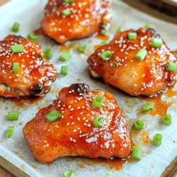 - Chicken and Marinade Ingredients - 2 lbs boneless, skinless chicken thighs - 3 tablespoons Sriracha sauce - 4 tablespoons honey - 2 tablespoons soy sauce - 1 tablespoon garlic, finely minced - 1 tablespoon fresh ginger, finely grated - 1 tablespoon rice vinegar - 1 teaspoon sesame oil - Salt and pepper, to taste - 2 tablespoons olive oil (for greasing) - Optional Garnishes - 2 green onions, finely chopped - Sesame seeds The beauty of this recipe lies in its balance of flavors. You’ll get heat from the Sriracha and sweetness from the honey. Each ingredient plays a key role. The chicken thighs stay juicy and soak up the marinade well. I love using fresh ginger and garlic. They add depth and aroma. Rice vinegar brightens the dish, cutting through the sweetness. Sesame oil gives a lovely nutty taste. For garnishes, I often use green onions and sesame seeds. They add color and crunch. You can adjust the Sriracha level if you like more or less heat. This recipe is all about your taste! To see the full cooking instructions, check out the Full Recipe. How to Mix the Marinade To start, grab a medium bowl. Add the Sriracha sauce, honey, soy sauce, minced garlic, grated ginger, rice vinegar, and sesame oil. Use a whisk to blend them well. Mix until it looks smooth and even. This marinade packs a flavor punch. It’s sweet, spicy, and adds depth to chicken. Recommended Marinating Time Place your chicken thighs in a large resealable bag. Pour the marinade over them. Make sure every piece is coated. Seal the bag tightly and refrigerate. You should marinate for at least 30 minutes. For more flavor, let it sit for up to 4 hours. The longer it sits, the tastier it gets. Preheating the Oven When you’re done marinating, it’s time to cook. Preheat your oven to 400°F (200°C). This ensures the chicken cooks evenly and crisps up nicely. Arranging Chicken on the Baking Sheet Next, take the chicken out of the fridge. Let any extra marinade drip off. Arrange the chicken thighs in a single layer on a prepared baking sheet. You can line it with parchment paper or grease it with olive oil. Spacing the chicken apart helps it cook evenly. Checking for Doneness Bake the chicken in your preheated oven for 25 to 30 minutes. Use a meat thermometer to check the internal temperature. It should reach 165°F (74°C). This guarantees the chicken is safe to eat and juicy. Broiling for Extra Char For a delightful finish, switch on the broiler for the last 2 to 3 minutes. Keep a close eye to avoid burning. You want a nice caramelized look. Once finished, take the chicken out and let it rest for about 5 minutes. Resting helps the juices spread out, making it even juicier. Now, you have a tasty dish ready to serve! Don’t forget to check the Full Recipe for more detailed steps. To make your Spicy Honey Sriracha Chicken shine, balance is key. Start with the ratio of Sriracha to honey. If you like it hotter, add more Sriracha. If you want it sweeter, increase the honey. A great starting point is three tablespoons of Sriracha to four tablespoons of honey. Taste the marinade before using it. Adjust as needed to hit that perfect note. The texture of your chicken matters. Marinating is essential. It helps the chicken absorb flavors and stay juicy. Aim to marinate for at least 30 minutes, but four hours is even better. Use a meat thermometer to ensure doneness. The chicken should reach 165°F (74°C). This checks that it’s safe to eat and still tender. When it comes to serving, make it look good. Slice the chicken into bite-sized pieces for easy eating. Place it on a platter and sprinkle with green onions and sesame seeds. This adds color and crunch. Consider serving it with steamed rice or a fresh salad. These sides balance the spicy flavors and make your meal complete. For more tips, check the Full Recipe for ideas on making your dish pop! {{image_4}} You can cook Spicy Honey Sriracha Chicken using different methods. Grilling offers a smoky flavor. It gives nice grill marks and a charred taste. Baking is easy and keeps the chicken juicy. It also allows you to cook multiple pieces at once. Both methods are great, but your choice depends on the time and tools you have. You can play with flavors to make this dish your own. Try adding a splash of lime juice for a zesty kick. If you want less heat, use sweet chili sauce instead of Sriracha. For added sweetness, swap honey with maple syrup. Each change gives you a new taste, so feel free to experiment! Pair your chicken with simple side dishes. Steamed rice works well, soaking up the spicy sauce. A fresh salad adds crunch and balances the heat. You could also serve it with stir-fried veggies for extra nutrition. These sides enhance your meal and make it colorful and fun. For the full recipe, check the cooking instructions above! After enjoying your Spicy Honey Sriracha Chicken, store leftovers in airtight containers. This keeps your chicken fresh and tasty. You can store it in the fridge for up to 4 days. If you want to save it longer, freezing is a great option. To reheat, avoid the microwave if you want to keep the flavor and texture. Instead, use an oven or a skillet. Preheat your oven to 350°F (175°C). Place the chicken on a baking sheet and cover it with foil. Heat for about 15-20 minutes. For a skillet, add a bit of oil and warm over medium heat until hot. If you chose to freeze your chicken, wrap it well in plastic wrap, then place it in a freezer bag. It can last for up to 3 months in the freezer. When you are ready to eat, take it out and let it thaw in the fridge overnight. Reheat it using the tips above for the best flavor. Feel free to check out the Full Recipe for more cooking insights! Yes, you can use chicken breasts. They are leaner than thighs. Chicken breasts may cook faster, so check them often. Adjust cooking time to avoid dry meat. I prefer thighs for their rich taste and juiciness. If you need a substitute, try chili garlic sauce or sambal oelek. You can also mix hot sauce with honey for sweetness. Adjust the amount to match your taste. Keep in mind that flavors may change a bit. This recipe has a good kick from Sriracha. The honey balances the heat with sweetness. If you like it milder, use less Sriracha. You can also add more honey to tone it down. Yes, you can marinate the chicken ahead of time. Store it in the fridge for up to 4 hours. This helps the flavors blend nicely. You can also cook it and store leftovers for later meals. Slice the chicken for serving and garnish with green onions and sesame seeds. This adds nice color and crunch. Serve it with rice or a fresh salad for a balanced meal. Check the Full Recipe for more serving ideas. To enjoy the zesty flavor explosion of Spicy Honey Sriracha Chicken, follow this simple recipe. The mix of heat from Sriracha and sweetness from honey creates a delightful taste. Here’s how you make it. - 2 lbs boneless, skinless chicken thighs - 3 tablespoons Sriracha sauce - 4 tablespoons honey - 2 tablespoons soy sauce - 1 tablespoon garlic, finely minced - 1 tablespoon fresh ginger, finely grated - 1 tablespoon rice vinegar - 1 teaspoon sesame oil - Salt and pepper, to taste - 2 tablespoons olive oil (for greasing) - 2 green onions, finely chopped (for garnish) - Sesame seeds (for garnish) You can find the full cooking instructions in the recipe section above. Enjoy each step and get ready for a tasty meal! This blog post shared a simple way to make Spicy Honey Sriracha Chicken. We covered key ingredients and steps, including marinating, baking, and tips for the perfect taste. You learned how to adjust heat levels and ensure juicy chicken. Remember, variations can add your personal touch, and don’t forget to store leftovers properly. Enjoy cooking this tasty dish and impress your friends with your skills!