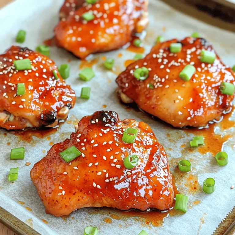- Chicken and Marinade Ingredients - 2 lbs boneless, skinless chicken thighs - 3 tablespoons Sriracha sauce - 4 tablespoons honey - 2 tablespoons soy sauce - 1 tablespoon garlic, finely minced - 1 tablespoon fresh ginger, finely grated - 1 tablespoon rice vinegar - 1 teaspoon sesame oil - Salt and pepper, to taste - 2 tablespoons olive oil (for greasing) - Optional Garnishes - 2 green onions, finely chopped - Sesame seeds The beauty of this recipe lies in its balance of flavors. You’ll get heat from the Sriracha and sweetness from the honey. Each ingredient plays a key role. The chicken thighs stay juicy and soak up the marinade well. I love using fresh ginger and garlic. They add depth and aroma. Rice vinegar brightens the dish, cutting through the sweetness. Sesame oil gives a lovely nutty taste. For garnishes, I often use green onions and sesame seeds. They add color and crunch. You can adjust the Sriracha level if you like more or less heat. This recipe is all about your taste! To see the full cooking instructions, check out the Full Recipe. How to Mix the Marinade To start, grab a medium bowl. Add the Sriracha sauce, honey, soy sauce, minced garlic, grated ginger, rice vinegar, and sesame oil. Use a whisk to blend them well. Mix until it looks smooth and even. This marinade packs a flavor punch. It’s sweet, spicy, and adds depth to chicken. Recommended Marinating Time Place your chicken thighs in a large resealable bag. Pour the marinade over them. Make sure every piece is coated. Seal the bag tightly and refrigerate. You should marinate for at least 30 minutes. For more flavor, let it sit for up to 4 hours. The longer it sits, the tastier it gets. Preheating the Oven When you’re done marinating, it’s time to cook. Preheat your oven to 400°F (200°C). This ensures the chicken cooks evenly and crisps up nicely. Arranging Chicken on the Baking Sheet Next, take the chicken out of the fridge. Let any extra marinade drip off. Arrange the chicken thighs in a single layer on a prepared baking sheet. You can line it with parchment paper or grease it with olive oil. Spacing the chicken apart helps it cook evenly. Checking for Doneness Bake the chicken in your preheated oven for 25 to 30 minutes. Use a meat thermometer to check the internal temperature. It should reach 165°F (74°C). This guarantees the chicken is safe to eat and juicy. Broiling for Extra Char For a delightful finish, switch on the broiler for the last 2 to 3 minutes. Keep a close eye to avoid burning. You want a nice caramelized look. Once finished, take the chicken out and let it rest for about 5 minutes. Resting helps the juices spread out, making it even juicier. Now, you have a tasty dish ready to serve! Don’t forget to check the Full Recipe for more detailed steps. To make your Spicy Honey Sriracha Chicken shine, balance is key. Start with the ratio of Sriracha to honey. If you like it hotter, add more Sriracha. If you want it sweeter, increase the honey. A great starting point is three tablespoons of Sriracha to four tablespoons of honey. Taste the marinade before using it. Adjust as needed to hit that perfect note. The texture of your chicken matters. Marinating is essential. It helps the chicken absorb flavors and stay juicy. Aim to marinate for at least 30 minutes, but four hours is even better. Use a meat thermometer to ensure doneness. The chicken should reach 165°F (74°C). This checks that it’s safe to eat and still tender. When it comes to serving, make it look good. Slice the chicken into bite-sized pieces for easy eating. Place it on a platter and sprinkle with green onions and sesame seeds. This adds color and crunch. Consider serving it with steamed rice or a fresh salad. These sides balance the spicy flavors and make your meal complete. For more tips, check the Full Recipe for ideas on making your dish pop! {{image_4}} You can cook Spicy Honey Sriracha Chicken using different methods. Grilling offers a smoky flavor. It gives nice grill marks and a charred taste. Baking is easy and keeps the chicken juicy. It also allows you to cook multiple pieces at once. Both methods are great, but your choice depends on the time and tools you have. You can play with flavors to make this dish your own. Try adding a splash of lime juice for a zesty kick. If you want less heat, use sweet chili sauce instead of Sriracha. For added sweetness, swap honey with maple syrup. Each change gives you a new taste, so feel free to experiment! Pair your chicken with simple side dishes. Steamed rice works well, soaking up the spicy sauce. A fresh salad adds crunch and balances the heat. You could also serve it with stir-fried veggies for extra nutrition. These sides enhance your meal and make it colorful and fun. For the full recipe, check the cooking instructions above! After enjoying your Spicy Honey Sriracha Chicken, store leftovers in airtight containers. This keeps your chicken fresh and tasty. You can store it in the fridge for up to 4 days. If you want to save it longer, freezing is a great option. To reheat, avoid the microwave if you want to keep the flavor and texture. Instead, use an oven or a skillet. Preheat your oven to 350°F (175°C). Place the chicken on a baking sheet and cover it with foil. Heat for about 15-20 minutes. For a skillet, add a bit of oil and warm over medium heat until hot. If you chose to freeze your chicken, wrap it well in plastic wrap, then place it in a freezer bag. It can last for up to 3 months in the freezer. When you are ready to eat, take it out and let it thaw in the fridge overnight. Reheat it using the tips above for the best flavor. Feel free to check out the Full Recipe for more cooking insights! Yes, you can use chicken breasts. They are leaner than thighs. Chicken breasts may cook faster, so check them often. Adjust cooking time to avoid dry meat. I prefer thighs for their rich taste and juiciness. If you need a substitute, try chili garlic sauce or sambal oelek. You can also mix hot sauce with honey for sweetness. Adjust the amount to match your taste. Keep in mind that flavors may change a bit. This recipe has a good kick from Sriracha. The honey balances the heat with sweetness. If you like it milder, use less Sriracha. You can also add more honey to tone it down. Yes, you can marinate the chicken ahead of time. Store it in the fridge for up to 4 hours. This helps the flavors blend nicely. You can also cook it and store leftovers for later meals. Slice the chicken for serving and garnish with green onions and sesame seeds. This adds nice color and crunch. Serve it with rice or a fresh salad for a balanced meal. Check the Full Recipe for more serving ideas. To enjoy the zesty flavor explosion of Spicy Honey Sriracha Chicken, follow this simple recipe. The mix of heat from Sriracha and sweetness from honey creates a delightful taste. Here’s how you make it. - 2 lbs boneless, skinless chicken thighs - 3 tablespoons Sriracha sauce - 4 tablespoons honey - 2 tablespoons soy sauce - 1 tablespoon garlic, finely minced - 1 tablespoon fresh ginger, finely grated - 1 tablespoon rice vinegar - 1 teaspoon sesame oil - Salt and pepper, to taste - 2 tablespoons olive oil (for greasing) - 2 green onions, finely chopped (for garnish) - Sesame seeds (for garnish) You can find the full cooking instructions in the recipe section above. Enjoy each step and get ready for a tasty meal! This blog post shared a simple way to make Spicy Honey Sriracha Chicken. We covered key ingredients and steps, including marinating, baking, and tips for the perfect taste. You learned how to adjust heat levels and ensure juicy chicken. Remember, variations can add your personal touch, and don’t forget to store leftovers properly. Enjoy cooking this tasty dish and impress your friends with your skills!