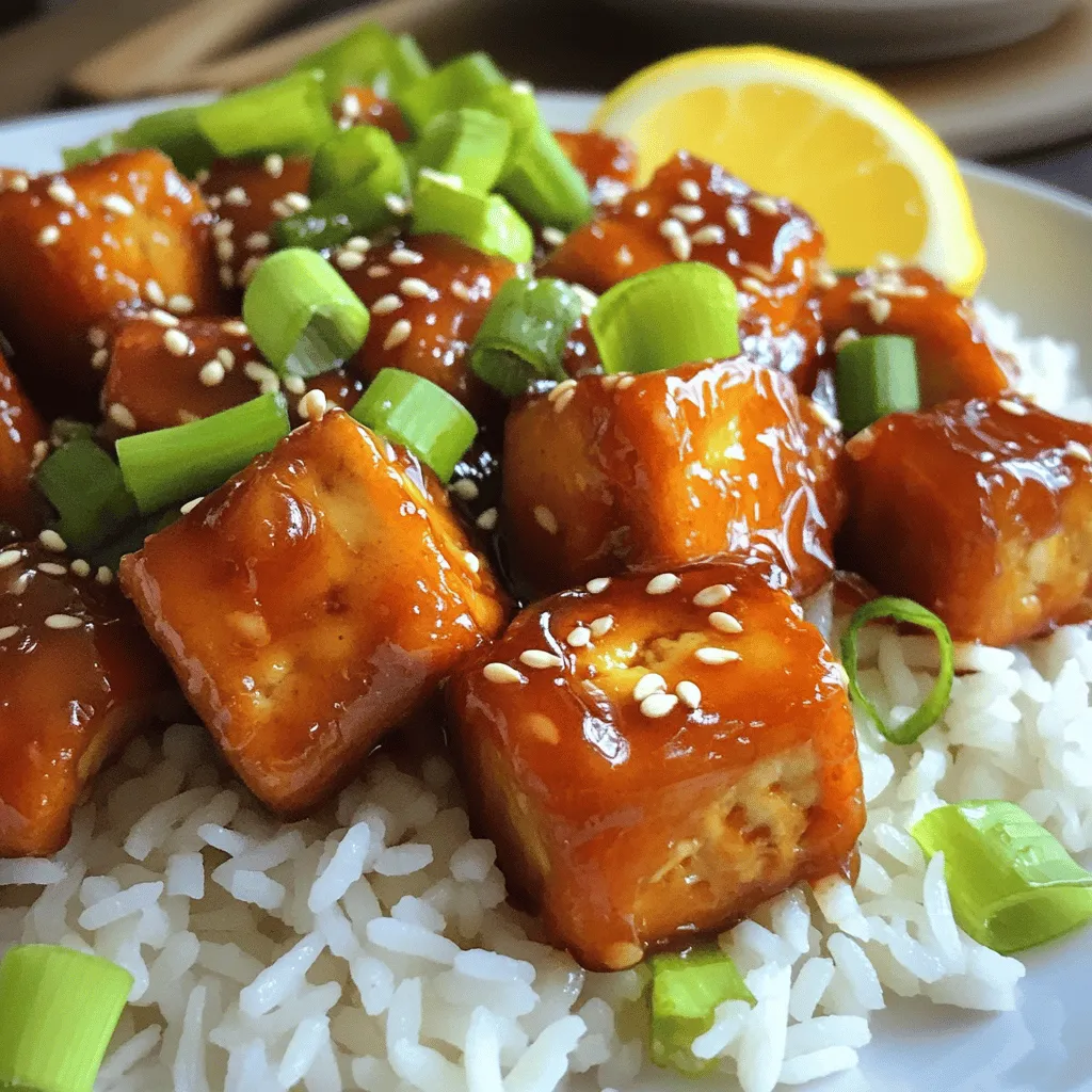 To make crispy honey garlic tofu, gather these key ingredients: - 1 block (14 oz) firm tofu, pressed and drained - 1/3 cup cornstarch - 2 tablespoons vegetable oil - 3 tablespoons honey - 2 tablespoons low-sodium soy sauce - 2 cloves garlic, finely minced - 1 tablespoon fresh ginger, grated - 1 tablespoon sesame oil Each item plays a role in creating the dish's flavor and texture. The tofu provides a great base. Cornstarch gives it that crispy texture. Honey and soy sauce create a sweet and savory balance. Garlic and ginger add depth and zest, while sesame oil gives a nutty finish. To elevate your dish, consider these garnishes and serving ideas: - 2 green onions, thinly sliced (for garnish) - Sesame seeds (for garnish) - Cooked jasmine rice (for serving) These toppings not only enhance the look but also bring fresh flavors. The green onions add a sharp bite. Sesame seeds offer crunch and nutty taste. Serving over jasmine rice makes the meal hearty and filling. If you need substitutes, here are some options: - Swap firm tofu with extra-firm tofu for more texture. - Use maple syrup or agave nectar instead of honey for a vegan option. - Replace soy sauce with tamari for a gluten-free choice. These alternatives keep the dish delicious while adjusting to your needs. Each swap keeps the spirit of the recipe while allowing for different dietary preferences. For the full recipe, check out the detailed instructions above. To start, you need to prepare the tofu. Take one block of firm tofu, about 14 ounces. Slice the tofu into 1-inch cubes. Next, press the cubes gently with paper towels. This step is key. Removing moisture helps the tofu crisp up nicely. Now, let’s cook the tofu. First, coat each cube in cornstarch. This will give the tofu that crunchy exterior you want. Heat 2 tablespoons of vegetable oil in a large non-stick skillet over medium-high heat. Once the oil shimmers, add tofu cubes in a single layer. Make sure not to overcrowd the pan. Fry for about 3-4 minutes on each side. You want them golden brown and crispy. When done, place the tofu on a paper towel-lined plate to absorb extra oil. Let’s make the sauce now. Lower the heat to medium in the same skillet. Add 2 cloves of minced garlic and 1 tablespoon of grated ginger. Sauté for about 30 seconds, just until the garlic smells good. Next, pour in 3 tablespoons of honey and 2 tablespoons of low-sodium soy sauce. Stir well and let it simmer for 2-3 minutes. This helps the flavors blend. After it thickens slightly, return the crispy tofu to the skillet. Toss it well in the sauce to coat. Drizzle in 1 tablespoon of sesame oil for extra flavor. Heat for one more minute. Now, your tofu is ready to serve! To get your tofu super crispy, start by pressing it well. Use a heavy object to remove excess water. Cut the tofu into small cubes, about 1 inch thick. The smaller the pieces, the crispier they get. Pat them dry with paper towels. Dust each piece with cornstarch to create a crunchy shell. When frying, avoid crowding the pan. Cook in batches if needed. This keeps the heat high and ensures an even cook. The honey garlic sauce is key to this dish. You can add a splash of rice vinegar for tang. A dash of chili flakes gives it a nice kick. For a deeper flavor, try adding a bit of hoisin sauce. Don't forget to taste as you mix. Adjust the honey and soy sauce to suit your taste. Fresh herbs like cilantro can also brighten the dish. Presentation makes your meal shine. Serve the crispy honey garlic tofu over a bed of fluffy jasmine rice. This adds a nice contrast to the crispy tofu. Top with thin slices of green onion and a sprinkle of sesame seeds. For extra charm, place a lemon wedge on the side. This adds color and a fresh taste. A beautiful dish makes every bite more enjoyable. For the full recipe, check out the details shared above. {{image_4}} You can make this dish even better by adding vegetables. For a colorful mix, try bell peppers, broccoli, or snap peas. These veggies boost nutrition and add crunch. Cut them into bite-sized pieces. You can stir-fry them in the same skillet before adding the tofu. This way, they soak up the honey garlic sauce too. If you want a fresh touch, add spinach just before serving. It wilts quickly and gives a bright flavor. You can change the taste by using different sauces. If you want a tangy kick, add rice vinegar or lime juice to the honey garlic sauce. For a spicy flavor, mix in some sriracha or chili paste. You can also try teriyaki sauce for a sweet and savory twist. Just replace the honey and soy sauce with teriyaki. This gives a fun new spin to the classic dish. If you like heat, there are many ways to spice things up. Adding red pepper flakes is an easy choice. A pinch goes a long way, so start small. You can also use fresh chili peppers. Slice them thin and add them while cooking the garlic and ginger. For a smoky flavor, try smoked paprika. Just sprinkle a little in the sauce. Each option brings a new level of excitement to your crispy honey garlic tofu. To store leftover crispy honey garlic tofu, place it in an airtight container. Keep it in the fridge if you plan to eat it within a few days. Make sure the tofu cools down before sealing the container. This helps keep the texture as crispy as possible. To reheat your tofu while keeping it crispy, use the oven or an air fryer. Preheat the oven to 375°F (190°C). Spread the tofu on a baking sheet and heat for about 10-15 minutes. If you use an air fryer, set it to 350°F (175°C) and cook for about 5-7 minutes. Avoid the microwave, as it makes the tofu soft and soggy. You can freeze crispy honey garlic tofu if you want to save it for later. First, let the tofu cool completely. Place it in a freezer-safe bag or container. Try to remove as much air as possible to prevent freezer burn. When you're ready to eat, thaw the tofu in the fridge overnight. For the best results, reheat it in the oven or air fryer after thawing. For the full recipe, check the instructions above. Yes, you can use soft or silken tofu. However, they won’t be as crispy. Firm tofu works best for this recipe. It holds its shape and gets nice and crunchy. If you want a softer texture, try using silken tofu in a different dish, like a smoothie or dessert. This recipe is almost vegan. To make it fully vegan, substitute honey with maple syrup or agave nectar. Both options add sweetness without any animal products. This keeps the dish delicious and plant-based. I suggest serving crispy honey garlic tofu over cooked jasmine rice. The rice soaks up the sauce and balances the flavors. You can also add steamed broccoli or snap peas for extra veggies. A side salad with a light dressing pairs well too. Crispy honey garlic tofu is simple to make and full of flavor. We explored the key ingredients, tips for crispiness, and tasty variations. Remember to try different sauces and veggies for fun twists. Store leftovers well to keep them fresh. This dish is not just for dinner, but also perfect for lunch. Enjoy crafting your own version and impressing your friends with this dish!