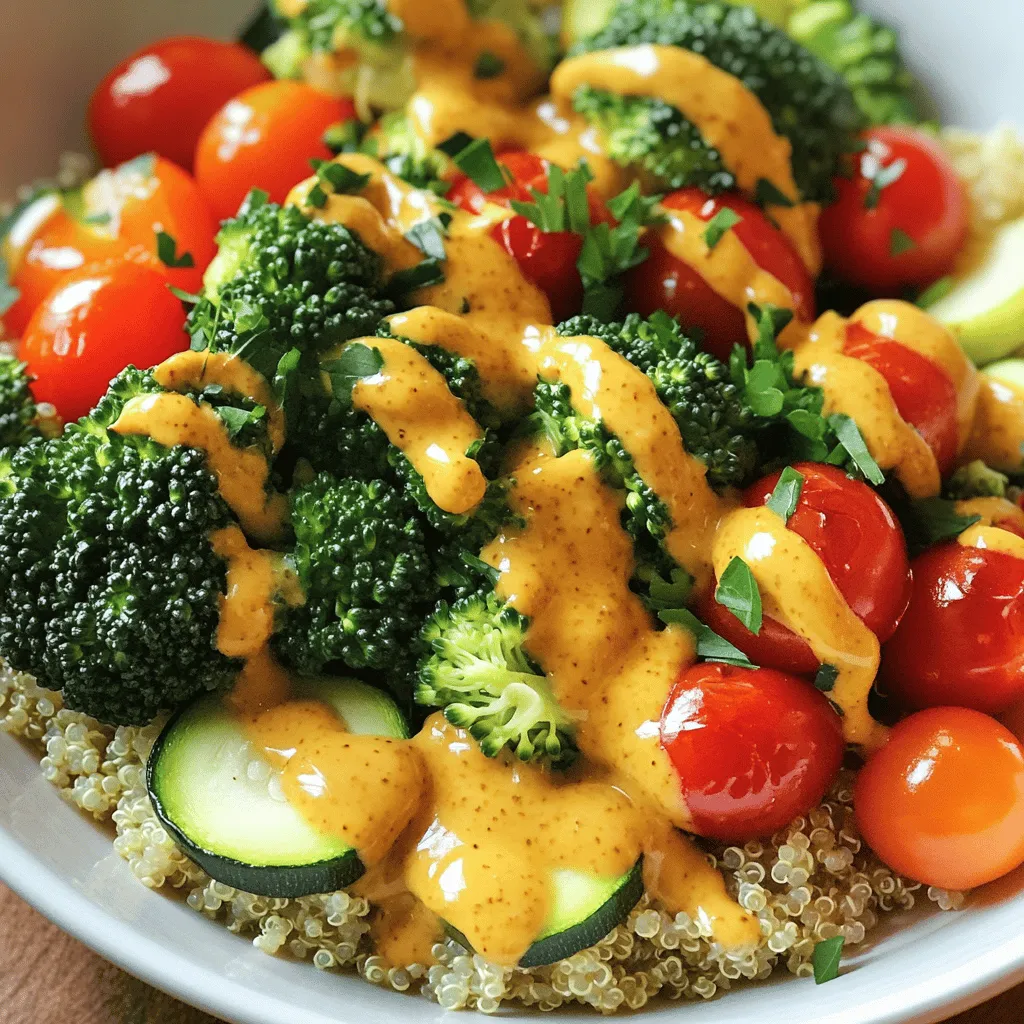 - 1 cup quinoa - 2 cups vegetable broth - 1 red bell pepper - 1 medium zucchini - 1 cup cherry tomatoes - 1 cup broccoli florets - Olive oil, salt, and pepper - 2 tablespoons honey - 3 tablespoons Dijon mustard - 1 tablespoon apple cider vinegar - 1 teaspoon garlic powder - Fresh parsley Gathering the right ingredients makes cooking fun and easy. Start with quinoa as your base. Quinoa is a fantastic source of protein. It cooks well with vegetable broth for added flavor. You’ll need fresh veggies like red bell pepper, zucchini, cherry tomatoes, and broccoli florets. These veggies add color and nutrition. For the dressing, you will mix honey with Dijon mustard. This combo gives a sweet and tangy taste. Apple cider vinegar adds a nice kick. Garlic powder brings depth. This dressing ties all the flavors together in your veggie bowls. Finally, don’t forget the fresh parsley. It adds a lovely touch and brightens up the dish. Follow the full recipe for the perfect Honey Mustard Veggie Bowls! - Bring vegetable broth to a boil. - Add rinsed quinoa and simmer. To cook the quinoa, start by pouring the vegetable broth into a medium saucepan. Heat it on high until it boils. Once it bubbles, add the rinsed quinoa. Lower the heat to a gentle simmer. Cover the pot and let it cook for about 15 minutes. When the liquid is gone, take it off the heat. Let it sit covered for 5 more minutes. Fluff it with a fork, and you’ll have light, fluffy quinoa. - Preheat oven to 400°F (200°C). - Combine and season vegetables. While the quinoa cooks, it’s time to prepare the veggies. Set your oven to 400°F (200°C) so it heats up. Take a large baking sheet and add your diced red bell pepper, zucchini, cherry tomatoes, and broccoli florets. Drizzle with olive oil and season with salt and pepper. Toss everything well to coat each piece. Spread the veggies in a single layer for even roasting. - Roast vegetables until tender. - Stir halfway for even cooking. Once your oven is ready, put the baking sheet inside. Roast the vegetables for 20 to 25 minutes. They should become tender and have a lovely caramelized look. Halfway through, stir the veggies to ensure they cook evenly. This step helps every bite taste great! Now, your roasted veggies are ready to shine in your Honey Mustard Veggie Bowls. To get fluffy quinoa, start by rinsing it well. This removes bitter saponins. Use a fine mesh strainer and rinse under cold water. After cooking, let the quinoa sit covered for five minutes. This helps it absorb steam and become light. Finally, fluff it gently with a fork. When roasting veggies, spread them out in a single layer on the baking sheet. This allows hot air to circulate and cook them evenly. For easy cleanup, line the sheet with parchment paper. It prevents sticking and makes washing up quick and simple. You can easily change the dressing to suit your taste. If you like it sweeter, add more honey. For a tangy boost, adjust the amount of Dijon mustard. Taste it as you mix to find your perfect balance. {{image_4}} You can make these bowls heartier by adding protein. Grilled chicken adds a nice texture and taste. If you prefer plant-based options, tofu works great as well. You can also use chickpeas for a protein punch. Just toss them in with the veggies to roast. Feel free to swap out veggies based on what’s fresh. Seasonal vegetables like asparagus or sweet potatoes can add new flavors. Try mixing in carrots or green beans for a different twist. You can even try a mix of colorful veggies to brighten up your bowl. If you need a gluten-free option, just use gluten-free grains like rice or buckwheat. For those who want a vegan choice for honey, consider agave syrup or maple syrup. Both options give you a sweet taste without honey. To store your leftover Honey Mustard Veggie Bowls, let them cool first. Place them in airtight containers. This helps keep them fresh and safe. I recommend glass containers, as they do not retain odors. You can keep them in the fridge for up to four days. When you are ready to enjoy them again, just take out what you need. If you want to freeze your bowls, it’s best to separate the components. Freeze the quinoa and roasted veggies in different containers. This keeps the texture nice when you thaw them. Use freezer-safe bags for easy storage. They can last up to three months in the freezer. When you want to eat them, move them to the fridge a day before to thaw. For reheating, I suggest using the oven or the stovetop. This helps keep the flavors intact. If using the oven, set it to 350°F (175°C). Place your bowls in an oven-safe dish, cover with foil, and heat for about 15 minutes. On the stovetop, use medium heat and stir gently until warm. This way, you get the best taste and texture back. To make honey mustard dressing, follow these simple steps: 1. In a small bowl, add 2 tablespoons of honey. 2. Include 3 tablespoons of Dijon mustard. 3. Pour in 1 tablespoon of apple cider vinegar. 4. Add 1 teaspoon of garlic powder. 5. Whisk until smooth. This dressing is sweet and tangy. It pairs well with the veggie bowls. Adjust the honey if you want it sweeter. Yes, you can make Honey Mustard Veggie Bowls ahead of time. Here are some tips: - Cook the quinoa and roast the veggies in advance. - Store them in separate containers in the fridge. - Combine them when ready to serve. - The dressing can also be made ahead. Just keep it in a jar. - These bowls stay fresh for up to three days. Many vegetables roast well. Here are some good options: - Bell peppers add sweetness and color. - Zucchini softens and absorbs flavors. - Cherry tomatoes become juicy and flavorful. - Broccoli florets crisp up nicely. Try mixing these with herbs like thyme or rosemary. Each combo gives a unique taste. Roasting brings out the best in every veggie! This blog post covers making a delicious Honey Mustard Veggie Bowl. You learned about key ingredients like quinoa and fresh veggies. We also discussed a yummy honey mustard dressing. I shared tips for cooking and roasting, plus how to customize your dish. You can easily store and reheat leftovers, keeping your meal fresh. Experiment with different proteins and veggies. Make this bowl your own. Enjoy the process of cooking and savor your healthy meal creation!