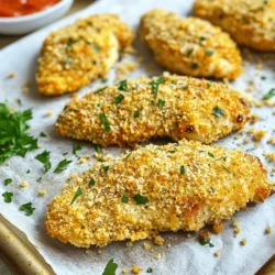 For this recipe, you'll need a few key items to make the chicken tenders shine. Gather the following: - 1 pound chicken breast tenders - 1 cup panko breadcrumbs - ½ cup freshly grated Parmesan cheese - 2 large eggs - 2 tablespoons high-quality olive oil These ingredients create a crispy and tasty coating for your chicken tenders. The panko breadcrumbs provide that delightful crunch, while the Parmesan adds a rich, cheesy flavor. Next, we add the seasonings that make these tenders pop. Here’s what you need: - 2 teaspoons garlic powder - 1 teaspoon onion powder - 1 teaspoon dried Italian herbs (a mix of oregano, basil, and thyme) - ½ teaspoon salt - ½ teaspoon freshly ground black pepper These seasonings blend well. They give each bite a burst of flavor. Garlic powder brings a strong, savory taste, while the Italian herbs add a hint of freshness. Lastly, let’s talk about garnishes that make the dish visually appealing. You’ll want: - Fresh parsley, finely chopped This garnish not only adds color but also a fresh flavor. Sprinkling parsley on top just before serving makes the dish look even more inviting. For the full recipe, check out the detailed instructions above. First, preheat your oven to 400°F (200°C). This step is key for crispy chicken. Line a baking sheet with parchment paper. This makes cleanup easy and helps the tenders cook evenly. In a large bowl, mix the panko breadcrumbs, Parmesan cheese, garlic powder, onion powder, dried Italian herbs, salt, and black pepper. Stir well to combine. This mixture gives your chicken a delicious flavor and crispy texture. Take a chicken tender and dip it into the egg mixture. Make sure it gets fully coated. Then, transfer it to the breadcrumb mixture. Press down gently so the crumbs stick well. Repeat this for all the chicken tenders until they are coated. Place the breaded chicken tenders on the lined baking sheet. Space them out to ensure even cooking. Bake them in the preheated oven for about 20-25 minutes. They should be golden brown and cooked through. For extra crispiness, flip them halfway through baking. After baking, let them rest for a few minutes before serving. Sprinkle some freshly chopped parsley on top for a nice touch! For the full recipe, including ingredients and additional tips, check out [Full Recipe]. To get that perfect crispy texture, use panko breadcrumbs. Panko gives a light and airy crunch. Make sure you coat the chicken tenders well with the egg and breadcrumb mix. Press the breadcrumbs onto the chicken firmly. This helps them stick during baking. Bake at a high temperature, around 400°F (200°C). Flipping the tenders halfway through baking can also help them crisp evenly. One common mistake is not preheating the oven. Always preheat your oven to ensure even cooking. Another mistake is overcrowding the baking sheet. Space the chicken tenders apart to let hot air circulate. This helps them get crispy. Avoid using too much oil; just enough to coat the breadcrumbs will do. Too much can make them soggy instead of crispy. Baked garlic Parmesan chicken tenders pair well with many sides. Try serving them with a fresh salad for a light meal. You can also add some roasted veggies for a hearty dinner. Dipping sauces are a must! Marinara sauce or ranch dressing are great choices. For a fun twist, serve with sweet chili sauce for a spicy kick. For the full recipe, check out the detailed instructions! {{image_4}} To add a kick to your meal, try spicy garlic Parmesan chicken tenders. You can mix in some cayenne pepper or crushed red pepper flakes into the breadcrumb mix. Start with a half teaspoon, and taste as you go. This small change makes a big difference. The heat pairs well with the garlic and cheese flavors. You can easily switch up the herbs for a new taste. For a fresh twist, use fresh herbs like rosemary or thyme instead of dried. You can also add fresh minced garlic for more flavor. Mixing in lemon zest gives a bright touch too. Try different combinations to find your favorite mix. Dipping sauces can change the game for your chicken tenders. Instead of marinara, try a spicy ranch or honey mustard. You can also make a garlic aioli by mixing mayonnaise, garlic, lemon juice, and a pinch of salt. Each sauce brings a new flavor to the meal. This way, you can make each bite unique and fun. For the full recipe, check the section above and get cooking! After enjoying your baked garlic Parmesan chicken tenders, you might have some left. Store them in an airtight container. This helps keep them fresh. Make sure to let them cool before sealing. You can keep them in the fridge for up to three days. For best taste, try to eat them sooner. To reheat your chicken tenders, use an oven for the best results. Preheat the oven to 375°F (190°C). Place the tenders on a baking sheet. Heat them for about 10-15 minutes. This keeps them crispy. You can also use a microwave if you’re in a hurry. Just remember, it might not be as crispy. If you want to save some for later, freezing works great. Place the cooled chicken tenders in a freezer bag. Squeeze out as much air as you can. They will stay good for up to three months in the freezer. When you’re ready to eat, thaw them in the fridge overnight. Then, reheat them in the oven for the best taste. Baked chicken tenders can last in the fridge for about three to four days. Make sure to store them in an airtight container to keep them fresh. You can also wrap them tightly in plastic wrap. This will help prevent them from drying out. Yes, you can use regular breadcrumbs instead of panko. However, panko gives a crispier texture. Regular breadcrumbs are more fine and may not create the same crunch. If you want that extra crisp, stick with panko. To reheat chicken tenders, use the oven. Preheat your oven to 375°F (190°C). Place the tenders on a baking sheet and heat for about 10-15 minutes. This method helps keep them crispy. You can also use an air fryer if you have one. It works well and keeps the crunch. Yes, you can make these chicken tenders gluten-free. Simply use gluten-free breadcrumbs instead of panko. Make sure to check labels on all other ingredients, like the chicken and seasonings, to ensure they are gluten-free. This way, everyone can enjoy them! You’ve learned how to make tasty baked chicken tenders from scratch. We covered the key ingredients, step-by-step instructions, and helpful tips for the best results. Remember to try variations for extra flavor and check storage tips for leftovers. With these insights, you can enjoy delicious, crispy chicken tenders anytime. Keep experimenting and have fun in the kitchen!