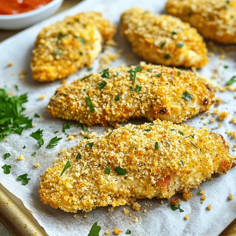 For this recipe, you'll need a few key items to make the chicken tenders shine. Gather the following: - 1 pound chicken breast tenders - 1 cup panko breadcrumbs - ½ cup freshly grated Parmesan cheese - 2 large eggs - 2 tablespoons high-quality olive oil These ingredients create a crispy and tasty coating for your chicken tenders. The panko breadcrumbs provide that delightful crunch, while the Parmesan adds a rich, cheesy flavor. Next, we add the seasonings that make these tenders pop. Here’s what you need: - 2 teaspoons garlic powder - 1 teaspoon onion powder - 1 teaspoon dried Italian herbs (a mix of oregano, basil, and thyme) - ½ teaspoon salt - ½ teaspoon freshly ground black pepper These seasonings blend well. They give each bite a burst of flavor. Garlic powder brings a strong, savory taste, while the Italian herbs add a hint of freshness. Lastly, let’s talk about garnishes that make the dish visually appealing. You’ll want: - Fresh parsley, finely chopped This garnish not only adds color but also a fresh flavor. Sprinkling parsley on top just before serving makes the dish look even more inviting. For the full recipe, check out the detailed instructions above. First, preheat your oven to 400°F (200°C). This step is key for crispy chicken. Line a baking sheet with parchment paper. This makes cleanup easy and helps the tenders cook evenly. In a large bowl, mix the panko breadcrumbs, Parmesan cheese, garlic powder, onion powder, dried Italian herbs, salt, and black pepper. Stir well to combine. This mixture gives your chicken a delicious flavor and crispy texture. Take a chicken tender and dip it into the egg mixture. Make sure it gets fully coated. Then, transfer it to the breadcrumb mixture. Press down gently so the crumbs stick well. Repeat this for all the chicken tenders until they are coated. Place the breaded chicken tenders on the lined baking sheet. Space them out to ensure even cooking. Bake them in the preheated oven for about 20-25 minutes. They should be golden brown and cooked through. For extra crispiness, flip them halfway through baking. After baking, let them rest for a few minutes before serving. Sprinkle some freshly chopped parsley on top for a nice touch! For the full recipe, including ingredients and additional tips, check out [Full Recipe]. To get that perfect crispy texture, use panko breadcrumbs. Panko gives a light and airy crunch. Make sure you coat the chicken tenders well with the egg and breadcrumb mix. Press the breadcrumbs onto the chicken firmly. This helps them stick during baking. Bake at a high temperature, around 400°F (200°C). Flipping the tenders halfway through baking can also help them crisp evenly. One common mistake is not preheating the oven. Always preheat your oven to ensure even cooking. Another mistake is overcrowding the baking sheet. Space the chicken tenders apart to let hot air circulate. This helps them get crispy. Avoid using too much oil; just enough to coat the breadcrumbs will do. Too much can make them soggy instead of crispy. Baked garlic Parmesan chicken tenders pair well with many sides. Try serving them with a fresh salad for a light meal. You can also add some roasted veggies for a hearty dinner. Dipping sauces are a must! Marinara sauce or ranch dressing are great choices. For a fun twist, serve with sweet chili sauce for a spicy kick. For the full recipe, check out the detailed instructions! {{image_4}} To add a kick to your meal, try spicy garlic Parmesan chicken tenders. You can mix in some cayenne pepper or crushed red pepper flakes into the breadcrumb mix. Start with a half teaspoon, and taste as you go. This small change makes a big difference. The heat pairs well with the garlic and cheese flavors. You can easily switch up the herbs for a new taste. For a fresh twist, use fresh herbs like rosemary or thyme instead of dried. You can also add fresh minced garlic for more flavor. Mixing in lemon zest gives a bright touch too. Try different combinations to find your favorite mix. Dipping sauces can change the game for your chicken tenders. Instead of marinara, try a spicy ranch or honey mustard. You can also make a garlic aioli by mixing mayonnaise, garlic, lemon juice, and a pinch of salt. Each sauce brings a new flavor to the meal. This way, you can make each bite unique and fun. For the full recipe, check the section above and get cooking! After enjoying your baked garlic Parmesan chicken tenders, you might have some left. Store them in an airtight container. This helps keep them fresh. Make sure to let them cool before sealing. You can keep them in the fridge for up to three days. For best taste, try to eat them sooner. To reheat your chicken tenders, use an oven for the best results. Preheat the oven to 375°F (190°C). Place the tenders on a baking sheet. Heat them for about 10-15 minutes. This keeps them crispy. You can also use a microwave if you’re in a hurry. Just remember, it might not be as crispy. If you want to save some for later, freezing works great. Place the cooled chicken tenders in a freezer bag. Squeeze out as much air as you can. They will stay good for up to three months in the freezer. When you’re ready to eat, thaw them in the fridge overnight. Then, reheat them in the oven for the best taste. Baked chicken tenders can last in the fridge for about three to four days. Make sure to store them in an airtight container to keep them fresh. You can also wrap them tightly in plastic wrap. This will help prevent them from drying out. Yes, you can use regular breadcrumbs instead of panko. However, panko gives a crispier texture. Regular breadcrumbs are more fine and may not create the same crunch. If you want that extra crisp, stick with panko. To reheat chicken tenders, use the oven. Preheat your oven to 375°F (190°C). Place the tenders on a baking sheet and heat for about 10-15 minutes. This method helps keep them crispy. You can also use an air fryer if you have one. It works well and keeps the crunch. Yes, you can make these chicken tenders gluten-free. Simply use gluten-free breadcrumbs instead of panko. Make sure to check labels on all other ingredients, like the chicken and seasonings, to ensure they are gluten-free. This way, everyone can enjoy them! You’ve learned how to make tasty baked chicken tenders from scratch. We covered the key ingredients, step-by-step instructions, and helpful tips for the best results. Remember to try variations for extra flavor and check storage tips for leftovers. With these insights, you can enjoy delicious, crispy chicken tenders anytime. Keep experimenting and have fun in the kitchen!