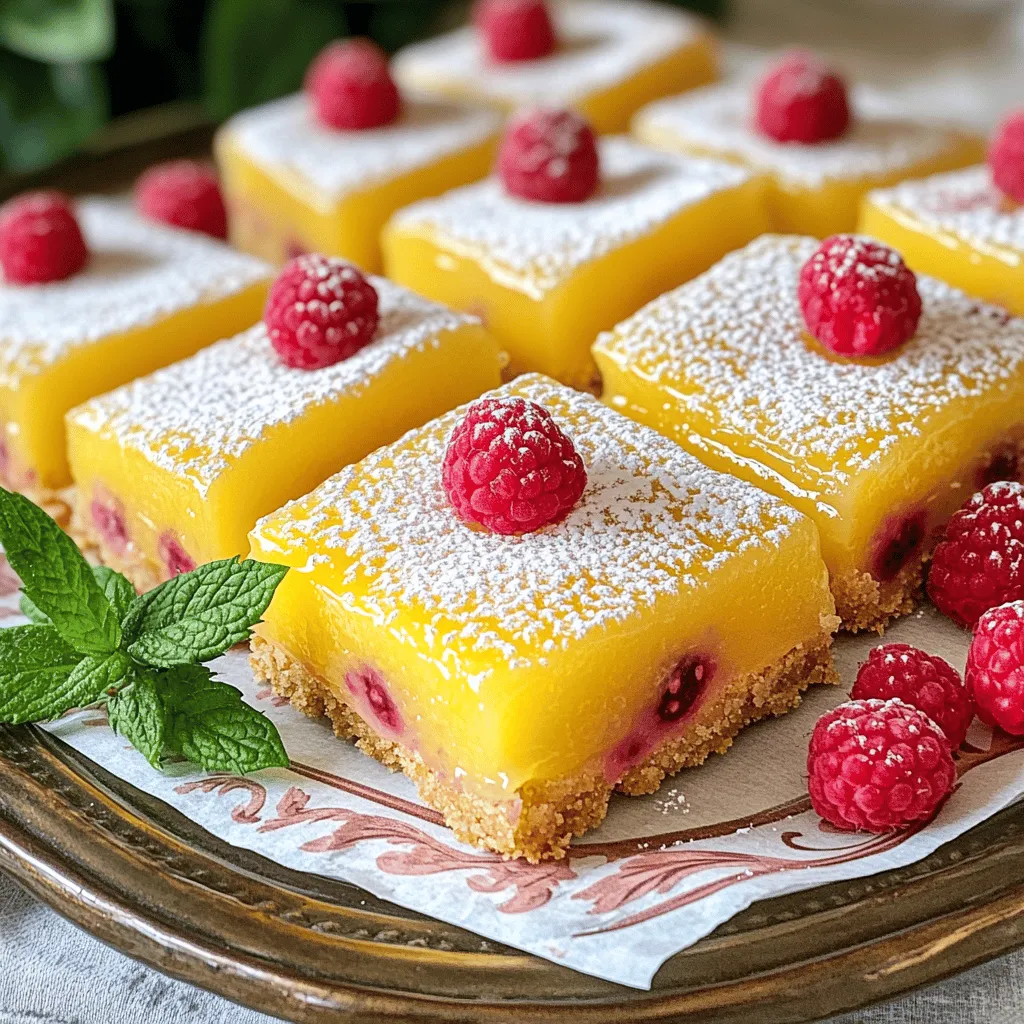 - 1 ½ cups all-purpose flour - 1 cup powdered sugar - ½ cup unsalted butter, softened - 1 teaspoon pure vanilla extract - ½ teaspoon salt - 2 large eggs - 1 cup granulated sugar - 2 tablespoons lemon zest - ⅓ cup freshly squeezed lemon juice - 1 cup fresh raspberries - Extra powdered sugar for dusting To make Raspberry Lemonade Bars, you need simple ingredients. The flour gives the base a sturdy feel. Powdered sugar brings sweetness and a smooth texture. Butter adds richness, while vanilla extract enhances the flavor. Salt balances the sweetness. Eggs help bind the mix, while granulated sugar provides extra sweetness. The lemon zest packs a punch of citrus, and freshly squeezed lemon juice gives a bright flavor. Fresh raspberries add a juicy burst and lovely color. You can find all these items at your local store. Using fresh ingredients makes the bars taste even better. For a full recipe, check out the detailed instructions above. - Calories per serving: Approximately 150 calories - Macros: - Carbs: 23g - Fats: 6g - Proteins: 2g These bars offer a tasty treat without too many calories. They are perfect for summer picnics or gatherings. Enjoying them in moderation can fit into a balanced diet. 1. Preheat your oven to 350°F (175°C). Grease an 8x8 inch baking pan with butter or spray. Line it with parchment paper, letting it hang over the sides. This helps for easy removal later. 2. In a large bowl, mix ½ cup softened butter, 1 cup powdered sugar, and 1 teaspoon vanilla extract. Beat on medium speed until creamy, about 2-3 minutes. 3. Slowly mix in 1 ½ cups all-purpose flour and ½ teaspoon salt. Use low speed until just combined. The dough should be crumbly but stick together when pressed. 4. Press the dough firmly into the bottom of the pan, making an even layer. Bake for 15-20 minutes. The edges should turn light golden brown. Remove and let cool slightly. 5. In a separate bowl, whisk 2 large eggs, 1 cup granulated sugar, 2 tablespoons lemon zest, and ⅓ cup lemon juice until combined and frothy. This should take about 1 minute. 6. Gently fold in 1 cup fresh raspberries. Be careful not to crush them too much. You want them to stay whole. 7. Pour the raspberry lemon filling over the crust. Use a spatula to spread it evenly. 8. Bake the pan again for 20-25 minutes. The filling should be set. Check with a toothpick; it should come out clean. 9. Once baked, let the bars cool completely in the pan on a wire rack. After cooling, lift the bars out using the parchment overhang. 10. Dust the top with extra powdered sugar before slicing. This adds a nice finish. To cool the bars, let them sit in the pan for at least one hour. This allows them to set well. Once cooled, lift them out using the parchment paper. Place them on a cutting board for easy slicing. Use a sharp knife for clean cuts. Wipe the knife after each slice to keep the edges neat. To make the best raspberry lemonade bars, avoid a few common mistakes. First, do not overmix the crust. If you mix too much, the crust can turn tough. Aim for a crumbly dough that holds together when pressed. Next, watch your baking times. Each oven is different. Start checking the bars a few minutes early. You want the filling to be set but not overcooked. If a toothpick comes out clean, they are done! For the best flavor and texture, use fresh raspberries. They add a bright taste that frozen berries just can’t match. Also, use fresh lemon juice for a zesty kick. It makes a big difference! When preparing these bars, the right tools can help a lot. Use a sturdy mixing bowl and a good spatula. A whisk works best for mixing the lemon filling. Consider using parchment paper to line your baking pan. It makes removal easy and keeps the bars intact. To enhance the presentation, dust the top with powdered sugar just before serving. Arrange the bars on a pretty platter. Add fresh raspberries and mint leaves for a pop of color. This little touch makes your treat look extra special. For the full recipe, check out the details above! {{image_4}} You can make raspberry lemonade bars even more fun by changing the fruit. Try using blueberries, blackberries, or strawberries. Each fruit brings a new taste and color. You can also mix different fruits for a colorful treat. Adding herbs or spices can create unique flavors. Consider adding a bit of fresh mint or basil to the filling. A sprinkle of ginger or cardamom can also add warmth. Experimenting with flavors can make your bars special and exciting. If you need a gluten-free version, swap the all-purpose flour for a gluten-free blend. Look for blends that work well in baking. This way, you can enjoy delicious bars without worry. For vegan modifications, replace the eggs with flaxseed meal or applesauce. Use vegan butter instead of regular butter. These changes keep the bars tasty while fitting a vegan diet. Enjoy the flavors of summer while being mindful of your dietary needs. Store your Raspberry Lemonade Bars in an airtight container. Keep them in the fridge to maintain freshness. This helps keep the bars cool and tasty. They last up to one week in the fridge. If you want to store them longer, freeze them. Wrap each bar in plastic wrap, then place them in a freezer bag. They can last up to three months in the freezer. To enjoy later, just thaw in the fridge overnight before serving. These bars taste great cold, but you can warm them up too. Place a bar on a microwave-safe plate. Heat on low power for about 10-15 seconds. This warms them without cooking them again. Serve with a dusting of powdered sugar for a fresh look. If you want to elevate the taste, add a dollop of whipped cream on top. This adds a creamy touch that pairs well with the tangy lemon and sweet raspberry flavors. How can I tell when the bars are done? You can tell the bars are done when the top looks set and firm. Insert a toothpick into the center. If it comes out clean, the bars are ready. Look for a light golden edge. This means the crust has baked well. Can I use frozen raspberries? Yes, you can use frozen raspberries! Just thaw them first. Drain any excess juice to avoid a soggy filling. Frozen berries work well and can be just as tasty. They add a nice burst of flavor. What can I substitute for lemons? If you need a lemon substitute, try using limes or citric acid. Lime juice gives a similar tartness. Citric acid can also add that zesty kick. Adjust the amount to taste for the best result. Many readers love the bright flavor of these bars. They say the mix of sweet and tart is perfect for summer. Some suggest adding a bit of mint for a fresh twist. Others enjoy serving them with a scoop of vanilla ice cream. Tips from users include being careful with the baking time. Overbaking can make the bars dry. They also recommend letting the bars cool fully before slicing. This makes them easier to cut and helps keep their shape. You now have everything needed to make delicious raspberry lemonade bars. Remember the key steps from the blog post: know your ingredients, follow the baking instructions, and cool properly for the best results. Don't shy away from experimenting with flavors or methods to make them your own. These bars are perfect for any occasion. Enjoy the bright tang of lemon and fresh raspberries, and share your baked version with friends. Happy baking!