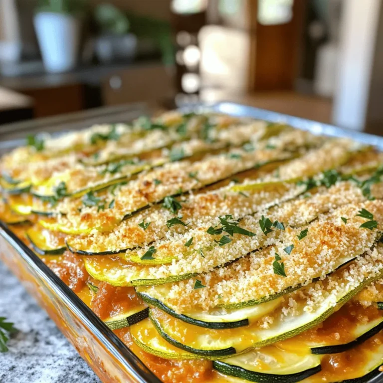 - 4 medium zucchinis, sliced into thin rounds - 1 cup panko breadcrumbs - 1 cup freshly grated Parmesan cheese - 2 cups marinara sauce - 1 cup shredded mozzarella cheese - 2 cloves garlic, minced - 1 teaspoon dried oregano - 1 teaspoon dried basil - Salt and freshly cracked pepper to taste - Fresh parsley, finely chopped, for garnish Fresh zucchini shines in this dish. Choose firm and shiny zucchinis. They add great flavor and texture. Using freshly grated Parmesan is key for taste. Pre-grated cheese often lacks flavor and texture. Grate it yourself for a rich, creamy taste. When picking marinara sauce, look for quality brands or make your own. A good sauce enhances the overall flavor of the bake. Avoid sauces with excessive sugar or fillers. For the best results, use these ingredients to create a dish that bursts with flavor. This Zucchini Parmesan Bake makes a wonderful meal that's both healthy and satisfying. Check out the Full Recipe for more details on preparation and cooking! Preheating the oven is key for an even bake. Set it to 375°F (190°C). This heat ensures the zucchini cooks well and the cheese melts perfectly. In a medium bowl, combine panko breadcrumbs, grated Parmesan, minced garlic, oregano, basil, salt, and pepper. Mix these ingredients well. This mixture adds a crunchy texture when baked. You want it to feel light and fluffy, not too compact. Start layering the zucchini by placing half of the slices in the baking dish. Make sure to spread them evenly. This helps the moisture stay locked in and the bake cook evenly. Avoid overlapping the slices too much. Cover the baking dish with foil. This keeps moisture in and prevents burning. Bake it for 25 minutes. After that, remove the foil and bake for another 15 minutes. This step makes the cheese bubbly and golden. Let the dish rest for 5-10 minutes after baking. This helps it firm up a bit. For garnish, sprinkle fresh parsley on top. It adds color and freshness to your Zucchini Parmesan Bake. Enjoy the beautiful layers when serving! To ensure even cooking, layer the zucchini carefully. Make sure each slice overlaps slightly. This helps the zucchini cook through without drying out. If the slices are too thick, they may not soften as well. Adjusting seasoning to taste is key. Start with the basic amounts in the recipe, then taste as you go. You can add more salt, pepper, or herbs like basil and oregano. This makes sure the dish fits your flavor preferences. Pair your Zucchini Parmesan Bake with a light salad. A crisp green salad adds freshness. Crusty bread also works well for scooping up the bake. For portion control, serve in small dishes. This way, everyone can enjoy their own serving. It also makes for a fun presentation at the table. A good baking dish is essential. I recommend a 9x13 inch dish. This size helps with even baking and easy serving. Use a sharp knife for slicing the zucchini. A mandoline can make this task quicker if you have one. A mixing bowl for the breadcrumb mixture is also a must. For the full recipe and more detailed steps, check out the [Full Recipe]. {{image_4}} You can switch up the cheese in this dish. If you want a vegan option, use nutritional yeast. It gives a cheesy flavor without dairy. You can also try cashew cheese. It adds creaminess and is tasty. For sauces, marinara is classic, but you can use pesto. Pesto adds a fresh, herby taste. You might also like a creamy cheese sauce. This change brings a rich flavor to your bake. When zucchini is in season, it shines. But you can mix in other veggies. Spinach is a great choice. It adds color and nutrients. Eggplant also works well. It has a nice texture that complements zucchini. In spring, add fresh herbs like basil or dill. In fall, try thyme or rosemary for a warm flavor. Changing the herbs can brighten or deepen the dish’s taste. To make this bake gluten-free, swap panko for gluten-free breadcrumbs. This keeps the crunch while being safe for those with gluten issues. You can also use an air fryer for a crispy finish. Cook it at 375°F for about 20 minutes. If you prefer a slow cooker, layer the ingredients inside. Cook on low for 4-5 hours. Both methods still keep the flavor and texture. For the full recipe, check out the complete guide to making Zucchini Parmesan Bake! To keep your Zucchini Parmesan Bake fresh, store leftovers in the fridge. Use an airtight container to avoid air exposure. Proper storage helps maintain taste and texture. It can last up to three days in the refrigerator. If you want to freeze it, use a freezer-safe container. Wrap it tightly in plastic wrap before sealing. This method keeps it safe for up to three months. To make it easy, you can freeze in portions. That way, you can enjoy a quick meal later. When reheating, I recommend using the oven. Preheat it to 350°F (175°C). Place the leftovers in an oven-safe dish. Cover it with foil to keep moisture in. Heat for about 20 minutes or until warm. If you want to use a microwave, be cautious. Microwaves can make the dish soggy. To avoid this, heat in short bursts. Check every minute to stir and ensure even heating. This method helps keep the layers intact while warming. Yes, you can prepare Zucchini Parmesan Bake in advance. To do this, follow these tips: - Layer and Cover: Assemble the dish but do not bake it right away. Cover it tightly with foil or plastic wrap. - Refrigerate: Store it in the fridge for up to 24 hours. This helps the flavors meld. - Bake When Ready: When you're ready to eat, bake it straight from the fridge. You may need to add a few extra minutes to the baking time. Zucchini Parmesan Bake lasts about 3 to 5 days in the fridge. To ensure safety: - Cool Before Storing: Let the dish cool down before placing it in an airtight container. - Check for Spoilage: Always check for any off smells or changes in texture when reheating. Absolutely! You can add protein to make it heartier. Here are some ideas: - Ground Meat: Brown some ground beef, turkey, or chicken and layer it with the zucchini. - Beans: Add black beans or chickpeas for a vegetarian boost. They add protein and fiber. - Sausage: Crumbled Italian sausage gives a nice flavor. Zucchini Parmesan Bake pairs well with many sides. Here are some great options: - Salads: A light green salad adds freshness. - Grains: Serve it with rice, quinoa, or crusty bread to soak up the sauce. - Roasted Veggies: More roasted vegetables complement the dish. Yes, Zucchini Parmesan Bake is perfect for vegetarians! It uses: - Zucchini: A star ingredient. - Cheeses: Parmesan and mozzarella are vegetarian-friendly. - Sauces: Ensure your marinara sauce is vegetarian, free of meat products. For more details, check the Full Recipe. This blog post explored a delicious Zucchini Parmesan Bake. We covered each ingredient, from fresh zucchini to tasty cheeses. You learned proper baking techniques, like preheating the oven and layering. We shared tips for perfecting your dish, serving suggestions, and storage info. Incorporate variations to make it your own, whether through ingredient swaps or cooking methods. Enjoy your baking journey and relish the fresh flavors. Now, share this recipe with friends and create great meals together!