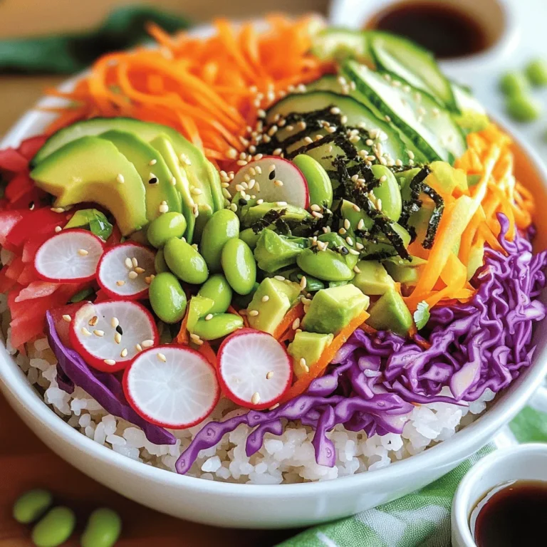 To make your Rainbow Veggie Sushi Bowls, gather these ingredients: - 1 cup sushi rice - 1 ¼ cups water - 1 tablespoon rice vinegar - 1 tablespoon granulated sugar - 1 teaspoon sea salt - 1 small cucumber, julienned - 1 medium carrot, grated - 1 ripe avocado, sliced thin - 1 small red bell pepper, thinly sliced - ½ cup purple cabbage, finely shredded - 1 small radish, thinly sliced - ¼ cup shelled edamame - 2 sheets nori, cut into strips - Toasted sesame seeds for garnish - Soy sauce for serving Feel free to mix and match fresh vegetables to suit your taste. Some great options include: - Baby spinach - Shredded carrots - Daikon radish - Zucchini ribbons - Fresh herbs like cilantro or mint You can enhance your sushi bowls with these tasty add-ins: - Pickled ginger for a zesty kick - Spicy mayo for some heat - Crunchy tempura flakes for texture - Chopped nuts like cashews or peanuts - Fresh citrus zest for brightness These ingredients create a colorful and tasty meal. Each bite is full of fresh flavors, and it’s easy to customize! For the full recipe, check out the detailed steps to prepare these bowls. To start, rinse the sushi rice under cold water. Rinse until the water runs clear. This step removes extra starch and helps the rice become fluffy. Drain the rice well before cooking. In a medium pot, mix the rinsed sushi rice with 1 ¼ cups of water. Place the pot on medium-high heat and bring it to a boil. Once it boils, reduce the heat to low. Cover the pot and let it simmer for 15 minutes. After this, turn off the heat but keep the pot covered for 10 more minutes. This steaming step is key for perfect rice. While the rice steams, make the seasoning. In a small bowl, whisk together 1 tablespoon of rice vinegar, 1 tablespoon of sugar, and 1 teaspoon of sea salt. Mix until everything dissolves. Once your rice is done steaming, gently fold in this seasoning. Use a wooden spoon to keep the rice fluffy. Grab your serving bowls and scoop a generous portion of seasoned sushi rice into each one. This rice serves as the base for our colorful veggies. Now comes the fun part! Arrange your veggies on the rice. Use julienned cucumber, grated carrot, sliced avocado, thinly sliced red bell pepper, finely shredded purple cabbage, thinly sliced radish, and shelled edamame. Aim for a vibrant look that resembles a rainbow. Add strips of nori between the veggies for extra flavor and texture. Sprinkle toasted sesame seeds over the top to give it a nice crunch. Serve with a small dish of soy sauce for dipping. Enjoy your Rainbow Veggie Sushi Bowls! For the complete recipe, check out the Full Recipe section. To make great sushi rice, the right texture is key. Start by rinsing the sushi rice. Rinse it under cold water until the water runs clear. This step removes extra starch. It helps the rice stay fluffy. After rinsing, drain the rice well. Cook the rice with 1 ¼ cups of water. Bring it to a boil, then lower the heat. Cover it and let it simmer for 15 minutes. After cooking, let it steam for another 10 minutes. This will keep it moist and light. To impress your guests, focus on the colors and layout. Start with a base of seasoned sushi rice. Layer the veggies in a rainbow pattern. Use bright colors, like green cucumber and orange carrots. The more colors, the better! Place nori strips between the veggies for texture. Finish with a sprinkle of toasted sesame seeds. Use a dark plate to make the colors pop. A wooden platter also adds a nice touch. One common mistake is overcooking the rice. This can lead to mushy sushi rice. Always follow the cooking times closely. Another error is not rinsing the rice enough. If the water is cloudy, rinse again. Lastly, don’t skip the seasoning step. The rice needs vinegar, sugar, and salt for flavor. Following these tips will help you create perfect rainbow veggie sushi bowls. For the full recipe, check the details provided above. {{image_4}} You can switch up the veggies in your rainbow veggie sushi bowls. Try using fresh spinach instead of purple cabbage. You can also add sliced radishes for a crunchy bite. Bell peppers provide sweetness, while zucchini offers a nice texture. Consider adding fresh herbs like cilantro or basil for a burst of flavor. You can mix and match to find your favorite combo. This recipe is naturally vegan, but you can also make it gluten-free. Use tamari instead of soy sauce for a gluten-free option. You can substitute the rice vinegar with apple cider vinegar if needed. To add protein, try adding chickpeas or tofu cubes. These options keep it light and healthy while ensuring everyone can enjoy this meal. To elevate the taste of your sushi bowls, consider adding spices and sauces. A sprinkle of chili flakes can add heat. You can drizzle sriracha or miso dressing for an extra kick. For a sweet touch, try a honey or agave drizzle over the veggies. You can also use sesame oil for a nutty flavor. These enhancements can make your bowls even more delicious and fun to eat. You can find the full recipe to get started on your own rainbow veggie sushi bowls! To store leftover sushi bowls, use airtight containers. This keeps the veggies crisp and fresh. I suggest separating the rice from the toppings. This way, the rice does not get soggy. Store the rice and veggies in the fridge for up to two days. Before storing, let them cool down to room temperature. For the best taste, eat sushi bowls fresh. If you have extra toppings, keep them in separate containers. This helps maintain their color and crunch. You can also sprinkle a bit of lemon juice over the avocado to prevent browning. Remember, freshness is key for flavor and texture. Reheat the sushi rice if you prefer warm bowls. Use a microwave-safe dish and cover it with a damp paper towel. Heat in short bursts of 15 seconds until warm. Avoid reheating the veggies to keep them crisp. Instead, enjoy them cold for a refreshing bite. For a quick fix, you can also make a new batch of rice if needed. For the complete recipe, check the Full Recipe section. For a vibrant bowl, choose fresh vegetables. I love using: - Cucumber - Carrot - Avocado - Red bell pepper - Purple cabbage - Radish - Edamame These veggies add color, crunch, and flavor. You can mix and match based on your taste. Try adding zucchini or snap peas for a unique twist! Yes, you can! Prepare the sushi rice and veggies a few hours in advance. Keep everything separate until serving. This way, the rice stays fluffy and the veggies remain crisp. Assemble the bowls right before you eat for the best taste. To prevent mushy rice, rinse it well. This removes extra starch. Cook it on low heat and don’t skip the steaming step after cooking. Letting it rest helps maintain its texture. Fluff the rice gently with a wooden spoon after adding the seasoning. Absolutely! You can change up the veggies based on the season. Add cooked shrimp or tofu for protein. Use different sauces for flavor, like spicy mayo or ponzu. You can also try adding herbs, like cilantro or basil, for a fresh kick. You now have a complete guide to creating delicious sushi bowls. We explored the ingredients, from fresh vegetables to tasty add-ins. You learned step-by-step instructions for preparing sushi rice and creating beautiful bowls. We shared tips for perfect texture and standout presentation. Plus, we looked at fun variations and storage tips to keep your sushi fresh. With these insights, you can now make tasty, colorful sushi bowls that impress. Enjoy getting creative and sharing your sushi bowls with others!