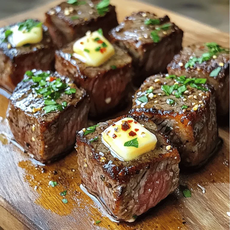 To make garlic butter steak bites, you need some key ingredients. Here’s what you’ll need: - 1 pound sirloin steak, cut into bite-sized cubes - 4 tablespoons unsalted butter - 4 cloves garlic, finely minced - 1 tablespoon fresh parsley, chopped - Salt and freshly cracked black pepper to taste - 1 teaspoon extra virgin olive oil - ½ teaspoon red pepper flakes (optional, for added heat) These ingredients create a rich and savory dish that bursts with flavor. While the main ingredients shine, you can add more flavor with optional items. Consider these: - Fresh herbs like thyme or rosemary - A splash of Worcestershire sauce - A squeeze of lemon juice for brightness - Other spices, like smoked paprika or cumin These extras can enhance the taste and make your steak bites unique. Using the right cut makes a big difference. I recommend these cuts: - Sirloin: Tender and flavorful, perfect for quick cooking. - Ribeye: Rich and juicy, it adds a nice marbling. - Filet mignon: Super tender, but pricier. Great for special occasions. Choosing the right cut ensures your garlic butter steak bites are juicy and delicious. Check out the [Full Recipe] for all the steps to make these tasty bites! First, gather your ingredients. You need: - 1 pound sirloin steak, cut into bite-sized cubes - 4 tablespoons unsalted butter - 4 cloves garlic, finely minced - 1 tablespoon fresh parsley, chopped - Salt and freshly cracked black pepper to taste - 1 teaspoon extra virgin olive oil - ½ teaspoon red pepper flakes (optional, for added heat) Next, place the cubed steak in a bowl. Season it with salt and freshly cracked black pepper. Make sure each piece has a good coat of seasoning. Heat a large skillet over medium-high heat. Add the olive oil and wait for about one minute. You want it shimmering, not smoking. This step is key for a good sear. Carefully place the seasoned steak bites in the skillet. Do not overcrowd the pan. This keeps the temperature high. You may need to cook in batches. Sear the steak for 2-3 minutes on each side. Look for a rich brown crust. For medium-rare, aim for an internal temperature of 130°F. Once done, take the steak bites out of the skillet. Set them aside on a plate. Let them rest while you make the garlic butter. Lower the heat to medium. In the same skillet, add the unsalted butter. Let it melt completely. Once melted, toss in the minced garlic and red pepper flakes if you want some heat. Stir for 1-2 minutes until the garlic is fragrant and golden. Now, return the seared steak bits to the skillet. Toss them in the garlic butter, making sure each piece gets coated well. Heat everything together for another 1-2 minutes. This warms the steak bites through. Finally, take the skillet off the heat. Sprinkle fresh parsley over the steak bites. Give everything a final toss to mix the flavors. Enjoy the juicy flavor of your garlic butter steak bites! For the full recipe, check the section above. To get a great sear, start with a hot skillet. Choose a heavy pan. This helps keep the heat steady. Make sure to use medium-high heat. Add oil before the steak. Wait until it shimmers. Place the steak in a single layer. Avoid overcrowding the pan. This lets the steak brown well. Flip only once for the best crust. Cook for 2-3 minutes on each side. Here are some tools that make cooking easier: - Heavy-bottomed skillet - Tongs for flipping steak - Meat thermometer for checking doneness - Sharp knife for cutting steak - Mixing bowl for seasoning Using the right tools helps you cook better. They make your kitchen work smoother. Many cooks make simple mistakes. Here are some to watch out for: - Not letting the skillet heat enough - Overcrowding the pan with steak - Flipping the steak too often - Forgetting to rest the steak after cooking Avoid these issues for tasty steak bites. Each step matters for great flavor. Follow the full recipe to nail it! {{image_4}} You can use various cuts for your steak bites. Sirloin is great, but try ribeye for more fat and flavor. Tenderloin offers a softer bite but is pricier. Flank steak works well too, giving a nice chew and beefy taste. Each cut brings its own unique flavor. Choose what suits your taste and budget best. Want to add some heat? Use red pepper flakes in your garlic butter. Start with half a teaspoon for a mild kick. If you love spice, add more! You can also mix in a dash of hot sauce when cooking. This gives your steak bites a zesty twist that will impress your guests. Spice it up to match your mood! Add veggies for color and flavor. Bell peppers, onions, or mushrooms work great. Cut them into bite-sized pieces and sauté them with the steak. They soak up the garlic butter too! This way, you make a balanced meal in one skillet. Plus, it adds more nutrition and makes your dish pop with colors. Try it out for a fun twist on classic steak bites! For the full recipe, check out the details earlier! After enjoying your garlic butter steak bites, you may have some leftovers. To keep them fresh, place them in an airtight container. Make sure the lid seals well. Store the container in the fridge. Your steak bites will stay good for up to three days. Avoid leaving them out at room temperature for long. This helps prevent bacteria from growing. Reheating your steak bites can be tricky. You want to keep them juicy and flavorful. The best method is to use a skillet. Heat a little oil over medium heat. Add the steak bites and cook for about 2-3 minutes. Stir them gently to warm evenly. You can also use the microwave. Place the steak bites on a plate and cover them with a damp paper towel. Heat in short bursts, checking often. This keeps them from becoming tough. If you want to save steak bites for later, freezing is a great option. First, let them cool completely. Then, place them in a freezer-safe bag. Remove as much air as possible before sealing. Label the bag with the date. Steak bites can stay fresh in the freezer for up to three months. When ready to eat, thaw them in the fridge overnight. Reheat them in a skillet for the best taste. For the full recipe, check the earlier sections of this article. The best way to season steak bites is simple. Use salt and freshly cracked black pepper. Start by coating each cube evenly. This gives each bite a strong flavor. You can also add garlic powder or herbs like thyme for extra taste. Remember to season right before cooking. This helps keep the juices in. Garlic butter steak bites can last about three to four days in the fridge. Make sure to store them in an airtight container. This keeps them fresh and tasty. If you notice any off smells or colors, it’s best to discard them. Always trust your senses to judge if food is safe. Yes, you can make garlic butter steak bites in advance. Cook them fully, then cool down. Store them in the fridge for later use. When you’re ready to eat, just reheat them gently. This keeps the bites juicy and flavorful. For the best taste, try not to make them more than a day ahead. For a detailed recipe, check out the Full Recipe. Garlic butter steak bites are simple and tasty. We covered the main ingredients, steps, and techniques to ensure the best bite. Remember to pick the right steak cut for flavor. You can add your twist with spices or veggies. Proper storage keeps leftovers fresh and ready for a quick meal. With these tips, you'll avoid common mistakes and serve perfect steak bites every time. Enjoy experimenting, and savor every bite!