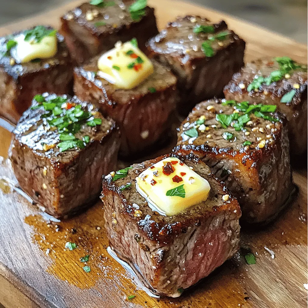 To make garlic butter steak bites, you need some key ingredients. Here’s what you’ll need: - 1 pound sirloin steak, cut into bite-sized cubes - 4 tablespoons unsalted butter - 4 cloves garlic, finely minced - 1 tablespoon fresh parsley, chopped - Salt and freshly cracked black pepper to taste - 1 teaspoon extra virgin olive oil - ½ teaspoon red pepper flakes (optional, for added heat) These ingredients create a rich and savory dish that bursts with flavor. While the main ingredients shine, you can add more flavor with optional items. Consider these: - Fresh herbs like thyme or rosemary - A splash of Worcestershire sauce - A squeeze of lemon juice for brightness - Other spices, like smoked paprika or cumin These extras can enhance the taste and make your steak bites unique. Using the right cut makes a big difference. I recommend these cuts: - Sirloin: Tender and flavorful, perfect for quick cooking. - Ribeye: Rich and juicy, it adds a nice marbling. - Filet mignon: Super tender, but pricier. Great for special occasions. Choosing the right cut ensures your garlic butter steak bites are juicy and delicious. Check out the [Full Recipe] for all the steps to make these tasty bites! First, gather your ingredients. You need: - 1 pound sirloin steak, cut into bite-sized cubes - 4 tablespoons unsalted butter - 4 cloves garlic, finely minced - 1 tablespoon fresh parsley, chopped - Salt and freshly cracked black pepper to taste - 1 teaspoon extra virgin olive oil - ½ teaspoon red pepper flakes (optional, for added heat) Next, place the cubed steak in a bowl. Season it with salt and freshly cracked black pepper. Make sure each piece has a good coat of seasoning. Heat a large skillet over medium-high heat. Add the olive oil and wait for about one minute. You want it shimmering, not smoking. This step is key for a good sear. Carefully place the seasoned steak bites in the skillet. Do not overcrowd the pan. This keeps the temperature high. You may need to cook in batches. Sear the steak for 2-3 minutes on each side. Look for a rich brown crust. For medium-rare, aim for an internal temperature of 130°F. Once done, take the steak bites out of the skillet. Set them aside on a plate. Let them rest while you make the garlic butter. Lower the heat to medium. In the same skillet, add the unsalted butter. Let it melt completely. Once melted, toss in the minced garlic and red pepper flakes if you want some heat. Stir for 1-2 minutes until the garlic is fragrant and golden. Now, return the seared steak bits to the skillet. Toss them in the garlic butter, making sure each piece gets coated well. Heat everything together for another 1-2 minutes. This warms the steak bites through. Finally, take the skillet off the heat. Sprinkle fresh parsley over the steak bites. Give everything a final toss to mix the flavors. Enjoy the juicy flavor of your garlic butter steak bites! For the full recipe, check the section above. To get a great sear, start with a hot skillet. Choose a heavy pan. This helps keep the heat steady. Make sure to use medium-high heat. Add oil before the steak. Wait until it shimmers. Place the steak in a single layer. Avoid overcrowding the pan. This lets the steak brown well. Flip only once for the best crust. Cook for 2-3 minutes on each side. Here are some tools that make cooking easier: - Heavy-bottomed skillet - Tongs for flipping steak - Meat thermometer for checking doneness - Sharp knife for cutting steak - Mixing bowl for seasoning Using the right tools helps you cook better. They make your kitchen work smoother. Many cooks make simple mistakes. Here are some to watch out for: - Not letting the skillet heat enough - Overcrowding the pan with steak - Flipping the steak too often - Forgetting to rest the steak after cooking Avoid these issues for tasty steak bites. Each step matters for great flavor. Follow the full recipe to nail it! {{image_4}} You can use various cuts for your steak bites. Sirloin is great, but try ribeye for more fat and flavor. Tenderloin offers a softer bite but is pricier. Flank steak works well too, giving a nice chew and beefy taste. Each cut brings its own unique flavor. Choose what suits your taste and budget best. Want to add some heat? Use red pepper flakes in your garlic butter. Start with half a teaspoon for a mild kick. If you love spice, add more! You can also mix in a dash of hot sauce when cooking. This gives your steak bites a zesty twist that will impress your guests. Spice it up to match your mood! Add veggies for color and flavor. Bell peppers, onions, or mushrooms work great. Cut them into bite-sized pieces and sauté them with the steak. They soak up the garlic butter too! This way, you make a balanced meal in one skillet. Plus, it adds more nutrition and makes your dish pop with colors. Try it out for a fun twist on classic steak bites! For the full recipe, check out the details earlier! After enjoying your garlic butter steak bites, you may have some leftovers. To keep them fresh, place them in an airtight container. Make sure the lid seals well. Store the container in the fridge. Your steak bites will stay good for up to three days. Avoid leaving them out at room temperature for long. This helps prevent bacteria from growing. Reheating your steak bites can be tricky. You want to keep them juicy and flavorful. The best method is to use a skillet. Heat a little oil over medium heat. Add the steak bites and cook for about 2-3 minutes. Stir them gently to warm evenly. You can also use the microwave. Place the steak bites on a plate and cover them with a damp paper towel. Heat in short bursts, checking often. This keeps them from becoming tough. If you want to save steak bites for later, freezing is a great option. First, let them cool completely. Then, place them in a freezer-safe bag. Remove as much air as possible before sealing. Label the bag with the date. Steak bites can stay fresh in the freezer for up to three months. When ready to eat, thaw them in the fridge overnight. Reheat them in a skillet for the best taste. For the full recipe, check the earlier sections of this article. The best way to season steak bites is simple. Use salt and freshly cracked black pepper. Start by coating each cube evenly. This gives each bite a strong flavor. You can also add garlic powder or herbs like thyme for extra taste. Remember to season right before cooking. This helps keep the juices in. Garlic butter steak bites can last about three to four days in the fridge. Make sure to store them in an airtight container. This keeps them fresh and tasty. If you notice any off smells or colors, it’s best to discard them. Always trust your senses to judge if food is safe. Yes, you can make garlic butter steak bites in advance. Cook them fully, then cool down. Store them in the fridge for later use. When you’re ready to eat, just reheat them gently. This keeps the bites juicy and flavorful. For the best taste, try not to make them more than a day ahead. For a detailed recipe, check out the Full Recipe. Garlic butter steak bites are simple and tasty. We covered the main ingredients, steps, and techniques to ensure the best bite. Remember to pick the right steak cut for flavor. You can add your twist with spices or veggies. Proper storage keeps leftovers fresh and ready for a quick meal. With these tips, you'll avoid common mistakes and serve perfect steak bites every time. Enjoy experimenting, and savor every bite!