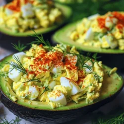- Egg Salad Ingredients - 4 large eggs - 2 tablespoons Greek yogurt - 1 tablespoon Dijon mustard - 1 celery stalk, finely chopped - 2 green onions, thinly sliced - Salt and freshly ground black pepper, to taste - Avocado Preparation Ingredients - 2 ripe avocados - Optional Garnishes - Fresh dill, for garnish - Paprika, for a pop of color For this recipe, I love using fresh ingredients. The Greek yogurt gives the egg salad a creamy texture without being too heavy. Avocados add a nice, buttery flavor that pairs perfectly with the egg salad. You can also play with the optional garnishes. Fresh dill adds a touch of brightness, while paprika gives a nice color pop. When selecting avocados, make sure they are ripe. Gently squeeze them; they should yield just a bit. If they feel too soft, they may be overripe. For the eggs, I recommend large ones for the best texture in the salad. You can find the full recipe in the earlier section. Enjoy cooking this tasty dish! To start, place four large eggs in a saucepan. Cover them with water. Turn on the heat to medium and bring the water to a rolling boil. Once it boils, cover the pot and take it off the heat. Let the eggs sit in the pot for 12 minutes. After that, move the eggs to an ice bath. This is just a bowl filled with ice and cold water. Let them cool for about five minutes. This process helps the eggs peel easily later. While the eggs cool, grab two ripe avocados. Carefully slice them in half lengthwise. Twist the halves gently to separate them. Remove the pit with a spoon or knife. Now, use a spoon to scoop out some of the flesh from each half. This creates a nice cavity for the egg salad. Don’t toss the scooped-out avocado! You can save it for smoothies or spreads. Once the eggs are cool, peel off the shells. Chop the eggs into small pieces. Next, grab a mixing bowl. Add the chopped eggs to the bowl. Then, mix in two tablespoons of Greek yogurt, one tablespoon of Dijon mustard, one finely chopped celery stalk, and two sliced green onions. Use a spatula or spoon to fold everything together gently. Make sure all the ingredients are mixed well. Now it's time to fill the avocado halves. Take each half and scoop a generous amount of the egg salad mix into it. Let the salad mound slightly for a nice look. For extra flair, you can sprinkle paprika and fresh dill on top. It adds color and flavor. For serving, arrange the avocado boats on a colorful platter. Pair them with a side salad or whole grain crackers for a lovely brunch. For the full recipe, check out the detailed instructions above. To make your egg salad shine, season it well. Start with salt and pepper. These basic seasonings boost the flavor. You can also add a squeeze of lemon juice for brightness. This gives a fresh taste that lifts the dish. For a twist, try adding some smoked paprika. It adds an earthy flavor that’s hard to resist. If you want a creamier texture, use more Greek yogurt. This makes the salad smooth and rich. If you prefer a chunkier style, chop the eggs a bit larger. This gives a nice bite in every spoonful. Egg salad avocado boats make a great main dish. Pair them with a light side salad for a complete meal. Whole grain crackers also work well for crunch. They add a nice contrast to the creamy salad. These boats are perfect for brunch or a light lunch. They impress guests and are easy to prepare. To make your dish pop, use a nice platter. A rustic wooden board looks inviting. Arrange the avocado boats close together for a cozy feel. For extra flair, sprinkle fresh dill or paprika on top. This adds color and flavor. You can also serve them with lemon wedges. This way, guests can add a squeeze of lemon if they like. Using garnishes creatively makes your dish look professional and appealing. For the full recipe, check out the detailed steps. {{image_4}} You can easily change the recipe to fit your taste. If you want a creamier texture, swap Greek yogurt with mayonnaise. For a lighter option, try using unsweetened yogurt. Adding herbs or spices can elevate the flavor. Fresh dill, parsley, or chives can add a nice touch. You can also mix in some garlic powder or paprika for extra zing. Want to make this dish vegan? Use mashed chickpeas instead of eggs. For creaminess, blend in avocado or vegan mayo. If you need gluten-free options, this recipe is already safe. Just ensure any added ingredients, like mustard, are gluten-free. To change up the taste, consider different dressings. A splash of lemon juice or hot sauce can add a kick. You can also mix in some crispy bacon or shredded cheese for richness. These add-ins can make your avocado boats even more satisfying and fun to eat. Egg salad stays fresh for about 3 to 5 days in the fridge. To keep it at its best, store it in an airtight container. This helps prevent odors from other foods. If your egg salad has avocado, use it within 2 days for the best taste and texture. Can you freeze egg salad? I do not recommend freezing it. The texture changes when thawed, and the avocado may turn brown. If you must freeze it, try to eat it within a month. When you are ready to eat it, thaw it in the fridge overnight. For reheating, avoid using the microwave. Instead, let it sit at room temperature for a short time. Food safety is key when preparing meals. Always wash your hands before cooking. Use clean utensils and cutting boards. Keep your egg salad at a safe temperature. Do not leave it out for longer than 2 hours. For meal prep, make sure to chill the egg salad quickly. This keeps harmful bacteria at bay. Follow these steps to ensure your delicious egg salad avocado boats are safe and tasty! Egg Salad Avocado Boats pair well with many sides. Here are a few tasty options: - A crisp side salad with mixed greens - Whole grain crackers for crunch - Fresh fruit like berries or melon - A light soup, such as tomato or vegetable - Sweet potato fries for a hearty touch These sides add color and flavor to your meal, making it more fun. Yes, you can prepare some parts ahead of time. Here are my tips: - Egg Salad: Make it a day early. Store it in the fridge in a sealed container. - Avocados: Cut them fresh. They brown quickly, so wait until serving time. - Garnishes: Prepare herbs or spices in advance to save time. These make-ahead tips help you enjoy your meal without stress. To find the perfect avocado, check these signs: - Color: Look for dark green or almost black skin. - Feel: Gently squeeze the avocado. It should yield slightly but not feel mushy. - Stem: If the small stem comes off easily and is green underneath, it's ripe. Knowing how to pick avocados ensures your Egg Salad Avocado Boats taste great. Absolutely! Here are some tips for meal prep: - Batch Cooking: Make a large batch of egg salad. Use it for sandwiches or wraps throughout the week. - Storage: Keep the egg salad in airtight containers. It lasts about three to four days in the fridge. - Assembling: Fill the avocado boats just before eating. This keeps the avocados fresh. These tips make Egg Salad Avocado Boats a handy option for busy days. For the full recipe, check the earlier section! This blog covered how to make delicious Egg Salad Avocado Boats. We discussed the key ingredients, how to prepare them, and tips for serving. You learned how to hard boil eggs, mix the salad, and assemble it in avocado halves. We also explored variations and storage tips to keep your dish fresh. Enjoy making this simple recipe. It’s a tasty way to eat healthy!