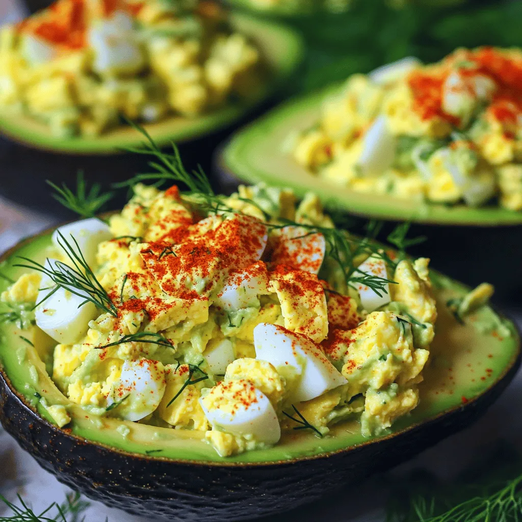 - Egg Salad Ingredients - 4 large eggs - 2 tablespoons Greek yogurt - 1 tablespoon Dijon mustard - 1 celery stalk, finely chopped - 2 green onions, thinly sliced - Salt and freshly ground black pepper, to taste - Avocado Preparation Ingredients - 2 ripe avocados - Optional Garnishes - Fresh dill, for garnish - Paprika, for a pop of color For this recipe, I love using fresh ingredients. The Greek yogurt gives the egg salad a creamy texture without being too heavy. Avocados add a nice, buttery flavor that pairs perfectly with the egg salad. You can also play with the optional garnishes. Fresh dill adds a touch of brightness, while paprika gives a nice color pop. When selecting avocados, make sure they are ripe. Gently squeeze them; they should yield just a bit. If they feel too soft, they may be overripe. For the eggs, I recommend large ones for the best texture in the salad. You can find the full recipe in the earlier section. Enjoy cooking this tasty dish! To start, place four large eggs in a saucepan. Cover them with water. Turn on the heat to medium and bring the water to a rolling boil. Once it boils, cover the pot and take it off the heat. Let the eggs sit in the pot for 12 minutes. After that, move the eggs to an ice bath. This is just a bowl filled with ice and cold water. Let them cool for about five minutes. This process helps the eggs peel easily later. While the eggs cool, grab two ripe avocados. Carefully slice them in half lengthwise. Twist the halves gently to separate them. Remove the pit with a spoon or knife. Now, use a spoon to scoop out some of the flesh from each half. This creates a nice cavity for the egg salad. Don’t toss the scooped-out avocado! You can save it for smoothies or spreads. Once the eggs are cool, peel off the shells. Chop the eggs into small pieces. Next, grab a mixing bowl. Add the chopped eggs to the bowl. Then, mix in two tablespoons of Greek yogurt, one tablespoon of Dijon mustard, one finely chopped celery stalk, and two sliced green onions. Use a spatula or spoon to fold everything together gently. Make sure all the ingredients are mixed well. Now it's time to fill the avocado halves. Take each half and scoop a generous amount of the egg salad mix into it. Let the salad mound slightly for a nice look. For extra flair, you can sprinkle paprika and fresh dill on top. It adds color and flavor. For serving, arrange the avocado boats on a colorful platter. Pair them with a side salad or whole grain crackers for a lovely brunch. For the full recipe, check out the detailed instructions above. To make your egg salad shine, season it well. Start with salt and pepper. These basic seasonings boost the flavor. You can also add a squeeze of lemon juice for brightness. This gives a fresh taste that lifts the dish. For a twist, try adding some smoked paprika. It adds an earthy flavor that’s hard to resist. If you want a creamier texture, use more Greek yogurt. This makes the salad smooth and rich. If you prefer a chunkier style, chop the eggs a bit larger. This gives a nice bite in every spoonful. Egg salad avocado boats make a great main dish. Pair them with a light side salad for a complete meal. Whole grain crackers also work well for crunch. They add a nice contrast to the creamy salad. These boats are perfect for brunch or a light lunch. They impress guests and are easy to prepare. To make your dish pop, use a nice platter. A rustic wooden board looks inviting. Arrange the avocado boats close together for a cozy feel. For extra flair, sprinkle fresh dill or paprika on top. This adds color and flavor. You can also serve them with lemon wedges. This way, guests can add a squeeze of lemon if they like. Using garnishes creatively makes your dish look professional and appealing. For the full recipe, check out the detailed steps. {{image_4}} You can easily change the recipe to fit your taste. If you want a creamier texture, swap Greek yogurt with mayonnaise. For a lighter option, try using unsweetened yogurt. Adding herbs or spices can elevate the flavor. Fresh dill, parsley, or chives can add a nice touch. You can also mix in some garlic powder or paprika for extra zing. Want to make this dish vegan? Use mashed chickpeas instead of eggs. For creaminess, blend in avocado or vegan mayo. If you need gluten-free options, this recipe is already safe. Just ensure any added ingredients, like mustard, are gluten-free. To change up the taste, consider different dressings. A splash of lemon juice or hot sauce can add a kick. You can also mix in some crispy bacon or shredded cheese for richness. These add-ins can make your avocado boats even more satisfying and fun to eat. Egg salad stays fresh for about 3 to 5 days in the fridge. To keep it at its best, store it in an airtight container. This helps prevent odors from other foods. If your egg salad has avocado, use it within 2 days for the best taste and texture. Can you freeze egg salad? I do not recommend freezing it. The texture changes when thawed, and the avocado may turn brown. If you must freeze it, try to eat it within a month. When you are ready to eat it, thaw it in the fridge overnight. For reheating, avoid using the microwave. Instead, let it sit at room temperature for a short time. Food safety is key when preparing meals. Always wash your hands before cooking. Use clean utensils and cutting boards. Keep your egg salad at a safe temperature. Do not leave it out for longer than 2 hours. For meal prep, make sure to chill the egg salad quickly. This keeps harmful bacteria at bay. Follow these steps to ensure your delicious egg salad avocado boats are safe and tasty! Egg Salad Avocado Boats pair well with many sides. Here are a few tasty options: - A crisp side salad with mixed greens - Whole grain crackers for crunch - Fresh fruit like berries or melon - A light soup, such as tomato or vegetable - Sweet potato fries for a hearty touch These sides add color and flavor to your meal, making it more fun. Yes, you can prepare some parts ahead of time. Here are my tips: - Egg Salad: Make it a day early. Store it in the fridge in a sealed container. - Avocados: Cut them fresh. They brown quickly, so wait until serving time. - Garnishes: Prepare herbs or spices in advance to save time. These make-ahead tips help you enjoy your meal without stress. To find the perfect avocado, check these signs: - Color: Look for dark green or almost black skin. - Feel: Gently squeeze the avocado. It should yield slightly but not feel mushy. - Stem: If the small stem comes off easily and is green underneath, it's ripe. Knowing how to pick avocados ensures your Egg Salad Avocado Boats taste great. Absolutely! Here are some tips for meal prep: - Batch Cooking: Make a large batch of egg salad. Use it for sandwiches or wraps throughout the week. - Storage: Keep the egg salad in airtight containers. It lasts about three to four days in the fridge. - Assembling: Fill the avocado boats just before eating. This keeps the avocados fresh. These tips make Egg Salad Avocado Boats a handy option for busy days. For the full recipe, check the earlier section! This blog covered how to make delicious Egg Salad Avocado Boats. We discussed the key ingredients, how to prepare them, and tips for serving. You learned how to hard boil eggs, mix the salad, and assemble it in avocado halves. We also explored variations and storage tips to keep your dish fresh. Enjoy making this simple recipe. It’s a tasty way to eat healthy!