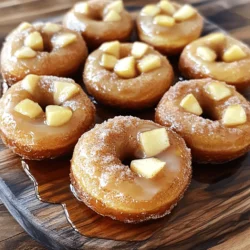To make these maple cinnamon apple donuts, you need the following: - 1 ½ cups all-purpose flour - 1 cup apple cider - ½ cup granulated sugar - ¼ cup pure maple syrup - 1 large apple (preferably Honeycrisp or Fuji), grated - 1 teaspoon baking powder - ½ teaspoon baking soda - 1 teaspoon ground cinnamon - ¼ teaspoon ground nutmeg - ½ teaspoon salt - 1 large egg, at room temperature - ¼ cup unsalted butter, melted and slightly cooled - For coating: ½ cup granulated sugar blended with 2 teaspoons ground cinnamon Fresh ingredients matter a lot when making donuts. They enhance flavor and texture. For example, using a fresh apple adds crispness and sweetness. The apple cider gives a rich, fruity taste. Fresh spices, like cinnamon and nutmeg, boost the aroma too. Always choose the best and freshest items you can find. This ensures that your donuts taste amazing and delightful. You can make some swaps if needed. If you do not have apple cider, try using unsweetened applesauce. It will keep the donuts moist. For the sugar, you can use brown sugar for a deeper flavor. If you want a dairy-free option, replace the butter with coconut oil. You can also try gluten-free flour if you need a gluten-free donut. These changes keep the recipe fun and accessible for everyone. To make these maple cinnamon apple donuts, start by preheating your oven to 350°F (175°C). Grab your donut pan and spray it lightly with non-stick cooking spray. This helps prevent sticking. Next, in a large bowl, whisk together 1 ½ cups of all-purpose flour, 1 teaspoon of baking powder, ½ teaspoon of baking soda, 1 teaspoon of ground cinnamon, ¼ teaspoon of ground nutmeg, and ½ teaspoon of salt. Make sure there are no lumps in this mix. In a separate medium bowl, mix together 1 cup of apple cider, ¼ cup of pure maple syrup, ¼ cup of melted butter, 1 large egg, and 1 grated large apple. Whisk everything until well blended. Pour this wet mixture into the dry ingredients. Gently stir with a spatula until just combined. Remember, it's okay if there are a few lumps; don’t overmix or your donuts might be dense. Use a spoon or piping bag to fill each donut mold about ¾ full with batter. This ensures even baking. Bake your donuts for 10 to 12 minutes. To check if they are done, insert a toothpick into the center. It should come out clean. The donuts should spring back lightly when touched. After baking, let the donuts cool in the pan for 5 minutes. Then, transfer them to a wire rack to cool completely. To ensure your donuts turn out perfectly, avoid overmixing the batter. This keeps them light and fluffy. Also, make sure your oven is fully preheated. An uneven oven can lead to uneven baking. When you check for doneness, be quick to avoid losing heat. Using a donut pan is easy and fun! Make sure to spray it well with non-stick spray. If you don’t have a piping bag, a zip-top bag with a corner cut off works well. Fill each mold carefully to avoid spills. After baking, let the donuts cool but don’t wait too long before rolling them in the cinnamon-sugar mix. This mix sticks best to warm donuts. For the full recipe, check out the earlier sections. Enjoy your baking! When you mix your batter, start with dry and wet ingredients in separate bowls. This way, you avoid lumps. Whisk the dry ingredients until they are smooth. For the wet mix, combine apple cider, maple syrup, and egg well. When you pour wet into dry, stir gently. Mix only until you see no dry flour. This keeps your donuts light and fluffy. The perfect donut is soft and moist. To get this texture, do not overmix your batter. A few lumps are okay; they help keep the donuts airy. Make sure your baking powder and baking soda are fresh. These leaveners help your donuts rise. Baking them at the right temperature is key too. Keep an eye on them as they bake to avoid overcooking. Common mistakes can ruin your donuts. Here are a few tips to avoid them: - Overmixing: This makes donuts dense. Mix just until combined. - Wrong oven temperature: Always preheat your oven. Use an oven thermometer if needed. - Filling molds too much: Fill each mold only ¾ full. This allows room for rising. - Not cooling: Let your donuts cool in the pan briefly, then on a rack. This keeps them from getting soggy. Following these tips ensures you create delicious Maple Cinnamon Apple Donuts that everyone will love! For the complete recipe, check out the Full Recipe. {{image_4}} You can make these donuts gluten-free. Use a gluten-free flour blend instead of all-purpose flour. Look for one that works well in baking. This blend usually has a mix of rice flour, tapioca starch, and potato starch. The texture will still be soft and light. Just follow the same steps in the Full Recipe. Want a vegan twist? You can replace the egg with a flaxseed meal. Mix one tablespoon of flaxseed with three tablespoons of water. Let it sit for five minutes until it thickens. Use a plant-based butter instead of regular butter. Swap the milk with almond, soy, or oat milk for a creamy touch. The flavors will stay rich and delicious. Get creative with toppings! After rolling your donuts in cinnamon-sugar, try adding different flavors. A drizzle of melted dark chocolate can add a rich taste. Chopped nuts like pecans or walnuts give a nice crunch. You can also sprinkle some shredded coconut for a tropical twist. For a fruity kick, top them with apple slices or dried cranberries. The options are endless, so have fun experimenting! To keep your maple cinnamon apple donuts fresh, store them in an airtight container. Place parchment paper between layers to avoid sticking. Keep them at room temperature for up to three days. If you want them to last longer, consider freezing. Freezing is a great option if you have extra donuts. First, let them cool completely. Then, wrap each donut tightly in plastic wrap. Place the wrapped donuts in a freezer-safe bag or container. They can last for up to three months. When you are ready to eat, just take out what you need! To enjoy your donuts warm, reheat them in the oven. Preheat the oven to 350°F (175°C). Place the donuts on a baking sheet for 5-7 minutes. This method keeps them soft and tasty. You can also use a microwave for quick heating. Just warm them for about 10-15 seconds. Enjoy your delicious donuts just like fresh from the oven! For a full recipe, check out the full recipe. You can make donuts without a donut pan by using a muffin tin. Just pour the batter into the muffin cups. Fill them about halfway. Bake as you would for donuts. They will not have the classic donut shape but will taste just as good! Yes, you can use brown sugar in place of granulated sugar. Brown sugar adds a rich, caramel taste to your donuts. It may change the color slightly, but the flavor will be delicious. Just use the same amount as the recipe calls for. For this recipe, Honeycrisp or Fuji apples work best. They are sweet and have a nice crunch. You can also use Granny Smith apples for a tart flavor. Choose fresh apples for the best taste in your donuts. Use the grated apple to add moisture and flavor to your treats. For the full recipe, check out the complete list of ingredients and instructions. We covered a lot about making delicious donuts. Fresh ingredients matter, as they enhance flavor. You learned step-by-step instructions for perfect baking. I shared tips to avoid common mistakes and achieve the right texture. Variations like gluten-free and vegan options let you be creative. Storing and reheating properly keeps your donuts fresh. Enjoy your baking journey with these insights, and remember, practice makes perfect!