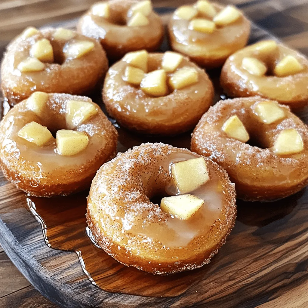 To make these maple cinnamon apple donuts, you need the following: - 1 ½ cups all-purpose flour - 1 cup apple cider - ½ cup granulated sugar - ¼ cup pure maple syrup - 1 large apple (preferably Honeycrisp or Fuji), grated - 1 teaspoon baking powder - ½ teaspoon baking soda - 1 teaspoon ground cinnamon - ¼ teaspoon ground nutmeg - ½ teaspoon salt - 1 large egg, at room temperature - ¼ cup unsalted butter, melted and slightly cooled - For coating: ½ cup granulated sugar blended with 2 teaspoons ground cinnamon Fresh ingredients matter a lot when making donuts. They enhance flavor and texture. For example, using a fresh apple adds crispness and sweetness. The apple cider gives a rich, fruity taste. Fresh spices, like cinnamon and nutmeg, boost the aroma too. Always choose the best and freshest items you can find. This ensures that your donuts taste amazing and delightful. You can make some swaps if needed. If you do not have apple cider, try using unsweetened applesauce. It will keep the donuts moist. For the sugar, you can use brown sugar for a deeper flavor. If you want a dairy-free option, replace the butter with coconut oil. You can also try gluten-free flour if you need a gluten-free donut. These changes keep the recipe fun and accessible for everyone. To make these maple cinnamon apple donuts, start by preheating your oven to 350°F (175°C). Grab your donut pan and spray it lightly with non-stick cooking spray. This helps prevent sticking. Next, in a large bowl, whisk together 1 ½ cups of all-purpose flour, 1 teaspoon of baking powder, ½ teaspoon of baking soda, 1 teaspoon of ground cinnamon, ¼ teaspoon of ground nutmeg, and ½ teaspoon of salt. Make sure there are no lumps in this mix. In a separate medium bowl, mix together 1 cup of apple cider, ¼ cup of pure maple syrup, ¼ cup of melted butter, 1 large egg, and 1 grated large apple. Whisk everything until well blended. Pour this wet mixture into the dry ingredients. Gently stir with a spatula until just combined. Remember, it's okay if there are a few lumps; don’t overmix or your donuts might be dense. Use a spoon or piping bag to fill each donut mold about ¾ full with batter. This ensures even baking. Bake your donuts for 10 to 12 minutes. To check if they are done, insert a toothpick into the center. It should come out clean. The donuts should spring back lightly when touched. After baking, let the donuts cool in the pan for 5 minutes. Then, transfer them to a wire rack to cool completely. To ensure your donuts turn out perfectly, avoid overmixing the batter. This keeps them light and fluffy. Also, make sure your oven is fully preheated. An uneven oven can lead to uneven baking. When you check for doneness, be quick to avoid losing heat. Using a donut pan is easy and fun! Make sure to spray it well with non-stick spray. If you don’t have a piping bag, a zip-top bag with a corner cut off works well. Fill each mold carefully to avoid spills. After baking, let the donuts cool but don’t wait too long before rolling them in the cinnamon-sugar mix. This mix sticks best to warm donuts. For the full recipe, check out the earlier sections. Enjoy your baking! When you mix your batter, start with dry and wet ingredients in separate bowls. This way, you avoid lumps. Whisk the dry ingredients until they are smooth. For the wet mix, combine apple cider, maple syrup, and egg well. When you pour wet into dry, stir gently. Mix only until you see no dry flour. This keeps your donuts light and fluffy. The perfect donut is soft and moist. To get this texture, do not overmix your batter. A few lumps are okay; they help keep the donuts airy. Make sure your baking powder and baking soda are fresh. These leaveners help your donuts rise. Baking them at the right temperature is key too. Keep an eye on them as they bake to avoid overcooking. Common mistakes can ruin your donuts. Here are a few tips to avoid them: - Overmixing: This makes donuts dense. Mix just until combined. - Wrong oven temperature: Always preheat your oven. Use an oven thermometer if needed. - Filling molds too much: Fill each mold only ¾ full. This allows room for rising. - Not cooling: Let your donuts cool in the pan briefly, then on a rack. This keeps them from getting soggy. Following these tips ensures you create delicious Maple Cinnamon Apple Donuts that everyone will love! For the complete recipe, check out the Full Recipe. {{image_4}} You can make these donuts gluten-free. Use a gluten-free flour blend instead of all-purpose flour. Look for one that works well in baking. This blend usually has a mix of rice flour, tapioca starch, and potato starch. The texture will still be soft and light. Just follow the same steps in the Full Recipe. Want a vegan twist? You can replace the egg with a flaxseed meal. Mix one tablespoon of flaxseed with three tablespoons of water. Let it sit for five minutes until it thickens. Use a plant-based butter instead of regular butter. Swap the milk with almond, soy, or oat milk for a creamy touch. The flavors will stay rich and delicious. Get creative with toppings! After rolling your donuts in cinnamon-sugar, try adding different flavors. A drizzle of melted dark chocolate can add a rich taste. Chopped nuts like pecans or walnuts give a nice crunch. You can also sprinkle some shredded coconut for a tropical twist. For a fruity kick, top them with apple slices or dried cranberries. The options are endless, so have fun experimenting! To keep your maple cinnamon apple donuts fresh, store them in an airtight container. Place parchment paper between layers to avoid sticking. Keep them at room temperature for up to three days. If you want them to last longer, consider freezing. Freezing is a great option if you have extra donuts. First, let them cool completely. Then, wrap each donut tightly in plastic wrap. Place the wrapped donuts in a freezer-safe bag or container. They can last for up to three months. When you are ready to eat, just take out what you need! To enjoy your donuts warm, reheat them in the oven. Preheat the oven to 350°F (175°C). Place the donuts on a baking sheet for 5-7 minutes. This method keeps them soft and tasty. You can also use a microwave for quick heating. Just warm them for about 10-15 seconds. Enjoy your delicious donuts just like fresh from the oven! For a full recipe, check out the full recipe. You can make donuts without a donut pan by using a muffin tin. Just pour the batter into the muffin cups. Fill them about halfway. Bake as you would for donuts. They will not have the classic donut shape but will taste just as good! Yes, you can use brown sugar in place of granulated sugar. Brown sugar adds a rich, caramel taste to your donuts. It may change the color slightly, but the flavor will be delicious. Just use the same amount as the recipe calls for. For this recipe, Honeycrisp or Fuji apples work best. They are sweet and have a nice crunch. You can also use Granny Smith apples for a tart flavor. Choose fresh apples for the best taste in your donuts. Use the grated apple to add moisture and flavor to your treats. For the full recipe, check out the complete list of ingredients and instructions. We covered a lot about making delicious donuts. Fresh ingredients matter, as they enhance flavor. You learned step-by-step instructions for perfect baking. I shared tips to avoid common mistakes and achieve the right texture. Variations like gluten-free and vegan options let you be creative. Storing and reheating properly keeps your donuts fresh. Enjoy your baking journey with these insights, and remember, practice makes perfect!