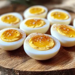 - 6 large eggs - 1 cup water - Ice for ice bath - Salt and pepper for seasoning Using the right ingredients is key to perfect air fryer hard-boiled eggs. For this recipe, you need only two essential items: six large eggs and one cup of water. The eggs should be fresh for the best results. Adding an ice bath is optional but highly recommended. It cools the eggs quickly and helps with peeling. You can also sprinkle salt and pepper on your eggs for added flavor. This simple recipe allows you to enjoy hard-boiled eggs quickly and easily. For the full recipe, check [Full Recipe]. Start by preheating your air fryer to 270°F (130°C). This is the best temperature for cooking eggs evenly. Preheating ensures that the eggs cook just right, so don’t skip this step! Next, place the eggs in the basket. Make sure they have some space around them. This helps hot air flow and cook all the eggs. If they touch, some parts might not cook evenly. Now, it’s time to cook. Close the air fryer and set the timer for 15 minutes. This gives you hard-boiled eggs. If you like them softer, reduce the time slightly. Once the timer goes off, take the basket out carefully. The eggs and basket will be hot! Immediately move the eggs to an ice bath. Fill a bowl with ice and water, then add the eggs. Let them sit for 5-7 minutes. This stops cooking and makes peeling easier. When they cool, gently tap each egg on a hard surface. Peel them under cold water if needed. This helps the shell come off smoothly. For the complete recipe, check the section above titled Full Recipe. To get your eggs just right, adjust the cooking time. For soft yolks, cook the eggs for about 12 minutes. If you want hard yolks, stick to the full 15 minutes. You can also tweak it by one or two minutes based on your taste. This way, you’ll find the perfect balance. Peeling hard-boiled eggs can be tricky. To make it smoother, tap the egg on a hard surface to crack the shell. Then, roll it gently to loosen the shell. If it’s still hard to peel, rinse it under cold water. This helps to slide the shell off more easily. Make your dish pop with some simple presentation tips. Slice the eggs in half and place them on a nice platter. Sprinkle a bit of salt and pepper or add a dash of paprika for color. You can also garnish with fresh herbs like chives or parsley. These touches make your eggs not just tasty but also beautiful! {{image_4}} You can add spices or herbs to your eggs before cooking. This makes them more exciting. Try adding a pinch of salt, pepper, or garlic powder. Fresh herbs like dill or chives also work well. Just sprinkle them on the eggs in the basket. The flavors seep in as the eggs cook. You can change the taste of each batch easily! Air frying hard-boiled eggs is quick and simple. It also uses less water than boiling. In traditional boiling, eggs sit in hot water. This can lead to uneven cooking. Air frying delivers consistent heat all around. It also keeps the eggs from cracking. So, you get perfect eggs every time. Hard-boiled eggs are great on their own. You can also add them to many dishes. Try slicing them on top of salads. They add protein and flavor. You can make egg salad or deviled eggs. Both are fun snacks or party foods. Serve them with a side of fresh veggies for a healthy bite! Store hard-boiled eggs in the fridge. Keep them in their shells for best results. Place them in a covered container to avoid odors. If you peel them, store in a bowl with water. Change the water daily to keep them fresh. Hard-boiled eggs last about one week in the fridge. If they are unpeeled, they stay fresh longer. Always check for any off smells or unusual colors. If in doubt, it's best to throw them out. You can freeze hard-boiled eggs, but it's tricky. Freeze only the yolks for the best texture. To do this, remove the yolks and place them in a freezer bag. They can last for about three months. When ready to use, thaw them in the fridge overnight. Do not freeze the whites, as they become rubbery. Yes, you can cook other types of eggs in the air fryer. You can make poached eggs or scrambled eggs, too. For poached eggs, use a small oven-safe dish. Add water and crack an egg into it. Cook at 270°F for about 10 minutes. For scrambled eggs, whisk eggs in a bowl. Pour the mixture into a greased ramekin. Cook for 8 to 10 minutes, stirring halfway. The air fryer offers a fun twist on classic methods. To check if the eggs are done, look for a firm white and a yolk that feels set. When you take them out, the eggs should not jiggle. If you prefer softer yolks, check them at 12 minutes. For firmer yolks, keep them in for 15 minutes or a bit longer. Always use an ice bath right after cooking. This stops the cooking process and helps with peeling. It is best not to stack the eggs in the air fryer. Stacking can lead to uneven cooking. Instead, place the eggs in a single layer. Make sure there is space around each egg so that hot air can circulate. This helps ensure even cooking and perfect results. If you want to cook more eggs, do it in batches for the best outcome. In this guide, we explored how to cook hard-boiled eggs in an air fryer. We covered essential and optional ingredients, the step-by-step cooking method, and tips for the best results. You learned about storage, variations, and common questions. Cooking hard-boiled eggs this way is simple and fun. With practice, you can always get your desired yolk texture. Enjoy experimenting with flavors and presentation. Air-fried eggs can elevate any meal or snack!