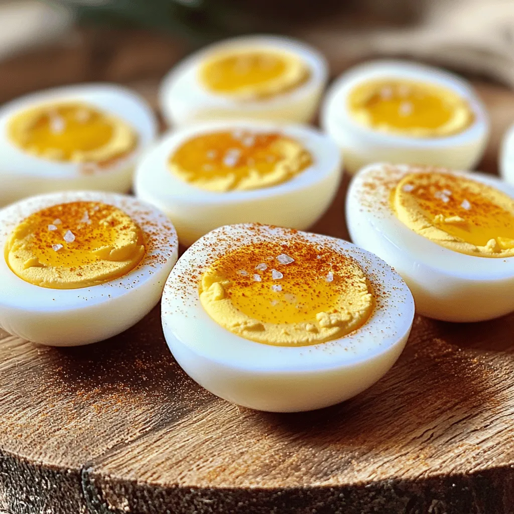- 6 large eggs - 1 cup water - Ice for ice bath - Salt and pepper for seasoning Using the right ingredients is key to perfect air fryer hard-boiled eggs. For this recipe, you need only two essential items: six large eggs and one cup of water. The eggs should be fresh for the best results. Adding an ice bath is optional but highly recommended. It cools the eggs quickly and helps with peeling. You can also sprinkle salt and pepper on your eggs for added flavor. This simple recipe allows you to enjoy hard-boiled eggs quickly and easily. For the full recipe, check [Full Recipe]. Start by preheating your air fryer to 270°F (130°C). This is the best temperature for cooking eggs evenly. Preheating ensures that the eggs cook just right, so don’t skip this step! Next, place the eggs in the basket. Make sure they have some space around them. This helps hot air flow and cook all the eggs. If they touch, some parts might not cook evenly. Now, it’s time to cook. Close the air fryer and set the timer for 15 minutes. This gives you hard-boiled eggs. If you like them softer, reduce the time slightly. Once the timer goes off, take the basket out carefully. The eggs and basket will be hot! Immediately move the eggs to an ice bath. Fill a bowl with ice and water, then add the eggs. Let them sit for 5-7 minutes. This stops cooking and makes peeling easier. When they cool, gently tap each egg on a hard surface. Peel them under cold water if needed. This helps the shell come off smoothly. For the complete recipe, check the section above titled Full Recipe. To get your eggs just right, adjust the cooking time. For soft yolks, cook the eggs for about 12 minutes. If you want hard yolks, stick to the full 15 minutes. You can also tweak it by one or two minutes based on your taste. This way, you’ll find the perfect balance. Peeling hard-boiled eggs can be tricky. To make it smoother, tap the egg on a hard surface to crack the shell. Then, roll it gently to loosen the shell. If it’s still hard to peel, rinse it under cold water. This helps to slide the shell off more easily. Make your dish pop with some simple presentation tips. Slice the eggs in half and place them on a nice platter. Sprinkle a bit of salt and pepper or add a dash of paprika for color. You can also garnish with fresh herbs like chives or parsley. These touches make your eggs not just tasty but also beautiful! {{image_4}} You can add spices or herbs to your eggs before cooking. This makes them more exciting. Try adding a pinch of salt, pepper, or garlic powder. Fresh herbs like dill or chives also work well. Just sprinkle them on the eggs in the basket. The flavors seep in as the eggs cook. You can change the taste of each batch easily! Air frying hard-boiled eggs is quick and simple. It also uses less water than boiling. In traditional boiling, eggs sit in hot water. This can lead to uneven cooking. Air frying delivers consistent heat all around. It also keeps the eggs from cracking. So, you get perfect eggs every time. Hard-boiled eggs are great on their own. You can also add them to many dishes. Try slicing them on top of salads. They add protein and flavor. You can make egg salad or deviled eggs. Both are fun snacks or party foods. Serve them with a side of fresh veggies for a healthy bite! Store hard-boiled eggs in the fridge. Keep them in their shells for best results. Place them in a covered container to avoid odors. If you peel them, store in a bowl with water. Change the water daily to keep them fresh. Hard-boiled eggs last about one week in the fridge. If they are unpeeled, they stay fresh longer. Always check for any off smells or unusual colors. If in doubt, it's best to throw them out. You can freeze hard-boiled eggs, but it's tricky. Freeze only the yolks for the best texture. To do this, remove the yolks and place them in a freezer bag. They can last for about three months. When ready to use, thaw them in the fridge overnight. Do not freeze the whites, as they become rubbery. Yes, you can cook other types of eggs in the air fryer. You can make poached eggs or scrambled eggs, too. For poached eggs, use a small oven-safe dish. Add water and crack an egg into it. Cook at 270°F for about 10 minutes. For scrambled eggs, whisk eggs in a bowl. Pour the mixture into a greased ramekin. Cook for 8 to 10 minutes, stirring halfway. The air fryer offers a fun twist on classic methods. To check if the eggs are done, look for a firm white and a yolk that feels set. When you take them out, the eggs should not jiggle. If you prefer softer yolks, check them at 12 minutes. For firmer yolks, keep them in for 15 minutes or a bit longer. Always use an ice bath right after cooking. This stops the cooking process and helps with peeling. It is best not to stack the eggs in the air fryer. Stacking can lead to uneven cooking. Instead, place the eggs in a single layer. Make sure there is space around each egg so that hot air can circulate. This helps ensure even cooking and perfect results. If you want to cook more eggs, do it in batches for the best outcome. In this guide, we explored how to cook hard-boiled eggs in an air fryer. We covered essential and optional ingredients, the step-by-step cooking method, and tips for the best results. You learned about storage, variations, and common questions. Cooking hard-boiled eggs this way is simple and fun. With practice, you can always get your desired yolk texture. Enjoy experimenting with flavors and presentation. Air-fried eggs can elevate any meal or snack!