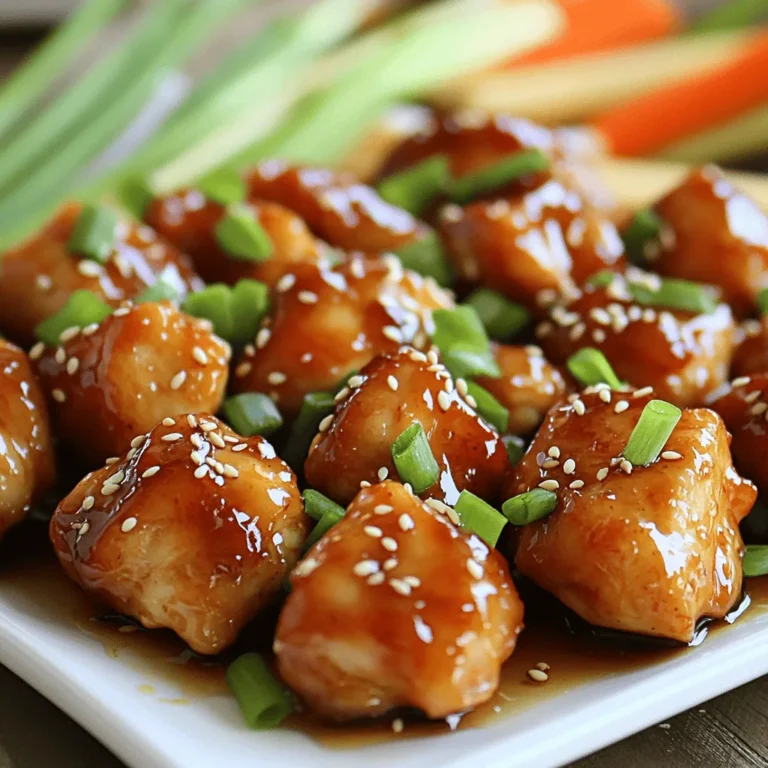 - 1 lb boneless, skinless chicken breasts - 1/4 cup honey - 3 cloves garlic, minced - 2 tablespoons low-sodium soy sauce - 1 tablespoon apple cider vinegar - 1 teaspoon freshly grated ginger - 1 tablespoon sesame oil - 2 tablespoons green onions, finely chopped - A sprinkle of sesame seeds To make honey garlic chicken bites, you need quality ingredients. Start with 1 pound of boneless, skinless chicken breasts. Cut them into bite-sized pieces. You want them small so they cook fast and soak up the flavor. Next, grab 1/4 cup of honey. Honey gives sweetness and helps with caramelization. Then, use 3 cloves of minced garlic. Fresh garlic adds a strong, rich taste. For the sauce, you’ll need 2 tablespoons of low-sodium soy sauce. This adds saltiness without too much sodium. Add 1 tablespoon of apple cider vinegar for a touch of tang. Lastly, add 1 teaspoon of freshly grated ginger. Ginger gives a warm, spicy kick. For garnishes, use 1 tablespoon of sesame oil. This adds a nutty flavor. Then, chop 2 tablespoons of green onions. They add color and freshness to the dish. Finally, sprinkle some sesame seeds on top. They add crunch and look great. This recipe is simple yet flavorful. You can find the [Full Recipe](#) that details each step. Happy cooking! To start, grab a medium mixing bowl. In this bowl, whisk together the honey, minced garlic, soy sauce, apple cider vinegar, grated ginger, sesame oil, cornstarch, and a pinch of salt and pepper. Mix until all the ingredients blend well. Aim for a smooth and shiny mixture. Next, take a large bowl and place the chicken pieces inside. Pour your marinade over the chicken. Gently toss the pieces to coat them evenly in the sauce. Let the chicken sit for at least 30 minutes at room temperature, or pop it in the fridge for up to 2 hours. This helps the flavors soak in. Now, let’s get the oven ready. Preheat it to 400°F (200°C). Line a baking sheet with parchment paper to prevent sticking. Spread the marinated chicken bites on the sheet in one layer. Make sure they don’t touch each other for even cooking. Bake for 15 to 20 minutes. Flip the pieces halfway through to ensure they cook well. Your chicken is done when it hits 165°F (75°C) and looks beautifully caramelized. For the full recipe, see above. Enjoy your cooking! To make your honey garlic chicken bites even better, allow a longer marination time. Marinate the chicken for at least 30 minutes. If you can, let it sit for up to 2 hours. This extra time gives the chicken more flavor. You can also try adding spices like paprika or chili powder. These spices boost the taste and make the dish unique. You want your chicken to be tender and juicy. To ensure even cooking, spread the chicken pieces out on the baking sheet. They should not touch each other. This helps them cook well. Using a meat thermometer is a great idea. Check for an internal temperature of 165°F (75°C). This ensures your chicken is fully cooked and still moist. When serving, place the chicken bites on a platter. This makes for a nice presentation. Drizzle some extra marinade over the top for added flavor. Pair the chicken with fresh vegetable sticks, like carrots and cucumbers. A light salad also works well. These sides add color and crunch to your meal. For the full recipe, check out the instructions above. {{image_4}} You can easily swap chicken for other proteins. Shrimp works great in this recipe. It cooks fast and absorbs the honey garlic flavor. Tofu is also a good option. It’s perfect for a plant-based meal. Just make sure to press it well to remove extra water. This helps the tofu soak up the marinade better. Not a fan of honey? You can use agave or maple syrup instead. Both offer a sweet touch without losing flavor. If you want some heat, add chili flakes to the sauce. This gives your chicken bites a spicy kick. Adjust the amount to your taste. Try grilling or pan-frying for a new texture. Grilling adds a smoky flavor, while pan-frying gives a nice crispy edge. If you choose to bake smaller or larger pieces, adjust the baking time. Smaller pieces will cook faster, while larger ones may need extra time. Always check for an internal temperature of 165°F (75°C) to ensure they are fully cooked. Store any leftover honey garlic chicken bites in an airtight container. This keeps them fresh and tasty. You should eat them within 3-4 days for the best flavor and texture. If you want to save time later, freeze the chicken bites before baking. This way, you can prep a batch and have it ready for a quick meal. Just remember to reheat them properly after thawing to keep them juicy and flavorful. To get the best texture when reheating, use your oven. Preheat it to 350°F (175°C), then let the chicken bites warm up for about 10-15 minutes. This keeps them crispy. Avoid using the microwave. It can make them soggy and less enjoyable. Feel free to check out the Full Recipe for more tips and tricks! You can use coconut aminos or tamari. Both options give a similar flavor. Coconut aminos is a tasty soy-free choice. Tamari is great if you need gluten-free. Both work well in the marinade, keeping it flavorful. Yes, you can use frozen chicken. Just remember to adjust marination and cooking times. Thaw the chicken before marinating. It helps the flavor soak in better. Cook the chicken a bit longer. Always check the internal temperature to ensure it's safe to eat. If you need a substitute for honey, try agave syrup or brown sugar. Agave syrup is sweet and has a great consistency. Brown sugar adds a nice caramel flavor. Both work well in the recipe while keeping it sweet. This post covered how to create tasty honey garlic chicken bites. We discussed main and additional ingredients, step-by-step instructions, and tips for the best taste and texture. Don’t forget about variations and smart storage options to keep your bites fresh. You can even swap proteins or try new sauces. Enjoy making this dish, and remember to get creative in your kitchen. It’s all about fun and flavor!