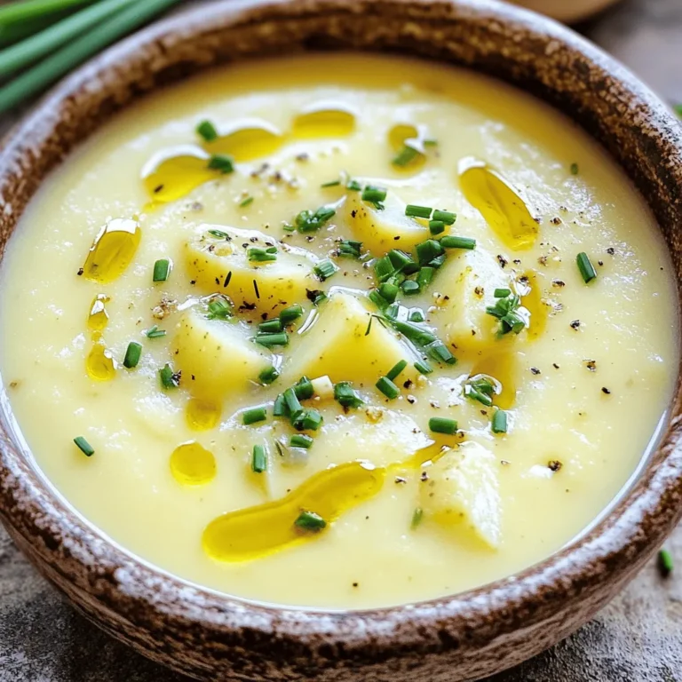 To make this soup, you need a few key items. Gather the following ingredients: - 6 medium Yukon gold potatoes, peeled and cut into 1-inch cubes - 1 whole head of garlic - 1 large onion, finely chopped - 4 cups vegetable broth (homemade or store-bought) - 1 cup heavy cream (or coconut cream for a dairy-free alternative) - 2 tablespoons extra-virgin olive oil These main ingredients create the rich base for your soup. Yukon gold potatoes add a creamy texture. Roasted garlic gives the soup its deep, sweet flavor. Seasoning can make a big difference in taste. Here are the extra items you will want: - 1 teaspoon dried thyme - 1 teaspoon dried rosemary - Salt and freshly ground black pepper to taste Thyme and rosemary add aromatic notes. Adjust salt and pepper to match your taste. Garnishes enhance both look and flavor. Consider these options: - Fresh chives, finely chopped, for garnish Chives add a nice pop of color and a mild onion flavor. You can also drizzle some olive oil for extra richness. For the full recipe, check out the details above. Start by gathering all your ingredients. You'll need Yukon gold potatoes, garlic, onion, vegetable broth, and heavy cream. Peel the potatoes and cut them into 1-inch cubes. Chop the onion finely. For the garlic, you will roast a whole head, so don’t peel it yet. This simple prep helps the flavors shine. Preheat your oven to 400°F (200°C). Cut the top off the garlic head to expose the cloves. Drizzle a teaspoon of olive oil on top. Wrap the garlic in aluminum foil and place it on a baking sheet. Roast for about 30-40 minutes. You’ll know it’s done when the cloves feel soft. The roasting brings out a sweet, rich flavor. In a large pot, heat 2 tablespoons of olive oil over medium heat. Add the chopped onion and sauté for about 5-7 minutes. The onion should turn translucent and fragrant. Next, add the diced potatoes to the pot along with dried thyme and rosemary. Stir and cook for another 5 minutes. Pour in the vegetable broth and bring the mixture to a gentle boil. Once boiling, lower the heat, cover, and let it simmer for 20 minutes. After the potatoes are tender, squeeze the roasted garlic cloves into the pot. Blend the mixture until smooth, using an immersion blender or a countertop blender. Stir in the heavy cream and adjust the seasoning to taste. Heat it gently for another 5 minutes. Now you're ready to serve! Ladle the soup into bowls and garnish with fresh chives. You can find the complete recipe [Full Recipe]. To get the best flavor from your soup, balance is key. Start with fresh ingredients. Use high-quality vegetable broth for depth. Roasting garlic brings out its sweetness. This step is crucial. The herbs also add layers of flavor. Thyme and rosemary work well together. Taste your soup while cooking. Adjust salt and pepper as needed. A squeeze of lemon juice can brighten it up too. Deciding on texture is fun! If you like smooth soup, blend it well. An immersion blender makes this easy. For a chunkier texture, set aside some potato cubes. Add them back after blending. This gives your soup character. You can also mash some potatoes with a fork. Play around and find what you love best. Serving your soup is as fun as making it. Use deep bowls for a cozy feel. Add a swirl of cream on top for flair. Chopped chives add a nice pop of color. Serve with warm crusty bread for dipping. This adds a nice crunch. You can also pair it with a fresh salad. It's a perfect match for your creamy soup. For the full recipe, check out the details above. {{image_4}} If you want a dairy-free soup, use coconut cream instead of heavy cream. It adds a nice sweetness and keeps the soup creamy. You can also try unsweetened almond or cashew milk. These options keep the flavor rich and delicious while being kind to those who avoid dairy. You can change up the soup based on the season. In winter, add some roasted carrots or parsnips for extra sweetness. In spring, toss in fresh peas or asparagus for a pop of color and flavor. This makes the soup lighter and fresher, perfect for warmer days. Don’t be afraid to play with herbs! If you want a different taste, try using fresh basil or dill. They bring a fresh twist to the soup. You can also add a pinch of smoked paprika for a smoky flavor. Adjusting the herbs keeps the soup fun and exciting, making it your own. For the Full Recipe, check out the complete instructions to make this delicious dish! You can store leftover soup in the fridge. Use an airtight container to keep it fresh. It will last for about 3-4 days. Always let the soup cool first before sealing it. This step helps prevent condensation and keeps the soup creamy. To freeze the soup, let it cool completely. Pour it into freezer-safe containers. Leave some space at the top, as soup expands when frozen. It can stay in the freezer for up to 3 months. When you’re ready to eat, just thaw it in the fridge overnight. When reheating, do it slowly on the stove. Stir often to avoid burning. If the soup is too thick, add a splash of broth or water. You can also microwave it in a bowl. Heat in short bursts and stir in between. This way, your soup stays warm and tasty. For more details, check the Full Recipe. Yes, you can make this soup ahead of time. Prepare it, let it cool, and store it in the fridge. It will stay fresh for up to three days. Reheat it on the stove before serving. The flavors will deepen with time, making it even tastier. To add spice, try these ideas: - Add a pinch of cayenne pepper or crushed red pepper flakes. - Mix in some diced jalapeños or serrano peppers. - Stir in a tablespoon of hot sauce. Adjust the spice to your taste, and enjoy the extra kick. This soup pairs well with various sides. Here are some great options: - Warm crusty bread or baguette. - Grilled cheese sandwiches for a classic combo. - A fresh green salad with a light vinaigrette. These sides will enhance your soup experience. For the full recipe, check the earlier section. You now know how to make creamy roasted garlic potato soup. Start with fresh ingredients and simple seasonings. Roast garlic to boost flavor, and cook the soup to a smooth finish. Choose your texture and garnishes to match your taste. Consider variations for special diets and seasonal ingredients. Store leftovers well to enjoy later. This soup is comforting, flavorful, and a hit with many meals. Dive in, get creative, and enjoy each warm bowlful!