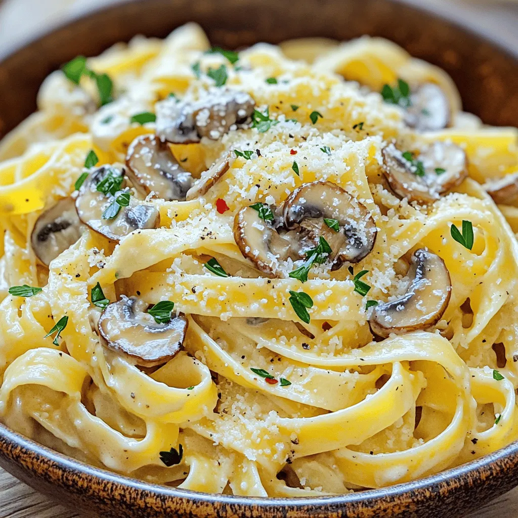 - Measurement: 300g fettuccine or spaghetti - Types of Mushrooms: 250g mix of cremini and shiitake - Essential Aromatics: 4 cloves minced garlic - Cream Base: 1 cup heavy cream - Cheese Element: 1/2 cup freshly grated Parmesan cheese - Oils and Fats: 2 tablespoons extra virgin olive oil, 1 tablespoon unsalted butter - Seasoning: Sea salt and freshly ground black pepper to taste - Optional Garnish: Fresh parsley, finely chopped, pinch of red pepper flakes The choice of ingredients plays a big role in this dish's taste. For the pasta, I often use fettuccine. It holds the creamy sauce well. The mix of cremini and shiitake mushrooms gives depth. Fresh garlic adds a robust flavor. Heavy cream creates that rich, luscious sauce. Parmesan cheese not only thickens the sauce but also adds a savory note. Extra virgin olive oil and butter enhance the overall flavor. Don't forget to season with sea salt and black pepper. They really elevate the dish. If you like a bit of heat, add red pepper flakes. Garnish with fresh parsley for color and freshness. Check out the Full Recipe for a step-by-step guide to this delicious dish. Each bite of creamy garlic mushroom pasta is a treat! Start by boiling a large pot of salted water. This step is key for flavor. When the water is at a rolling boil, add 300g of fettuccine or spaghetti. Cook the pasta for about 8 to 10 minutes until it is al dente. I like to check it a minute early. Al dente means the pasta will have a slight bite. Once done, drain the pasta, but don’t forget to reserve 1/2 cup of the starchy pasta water. This water is magic for our sauce! Heat a large skillet over medium heat. Add 2 tablespoons of extra virgin olive oil and 1 tablespoon of unsalted butter. Once the butter melts, add 250g of sliced mushrooms. I prefer a mix of cremini and shiitake for depth. Sauté them for about 5 to 7 minutes. Stir them often. You want them golden brown and not soggy. If you crowd the pan, they will steam instead of brown. Once the mushrooms are perfect, add 4 cloves of minced garlic. Cook for about a minute until fragrant. Then, pour in 1 cup of heavy cream. Bring it to a gentle simmer. Now, sprinkle in 1/2 cup of freshly grated Parmesan cheese. Stir until it melts and the sauce becomes creamy. If the sauce is too thick, add some of that reserved pasta water a little at a time. This will help you get the right consistency. Add the drained pasta to the skillet. Toss it gently in the creamy mushroom sauce. Make sure every strand gets coated. Season with sea salt and freshly ground black pepper to taste. If you like a little heat, stir in a pinch of red pepper flakes now. Taste and adjust as needed. Plate the pasta while it is still hot. Use wide, shallow bowls to show off the creaminess. For a lovely finish, garnish with finely chopped fresh parsley and a little more Parmesan cheese. You can even add a few sautéed mushrooms on top for a restaurant-quality look. Enjoy your creamy garlic mushroom pasta! For the full recipe, check out the details above. Choosing the right mushrooms I love using a mix of cremini and shiitake mushrooms. This combo gives a rich, earthy taste. Cremini mushrooms are firm and add a nice bite. Shiitake mushrooms offer a deep flavor that takes the dish up a notch. If you want something lighter, you can also use button mushrooms. Avoiding overcrowding in the pan When sautéing your mushrooms, use a large skillet. Give them space to breathe. If you add too many at once, they will steam instead of brown. This will make them soggy. Cook in batches if needed. This way, you get that golden color and better texture. Substituting heavy cream with alternatives If you want a lighter dish, try using half-and-half or whole milk. For a dairy-free option, use coconut cream or cashew cream. These alternatives still give a creamy texture. Just remember to adjust your cooking time for the best results. Adding additional flavors like herbs or spices You can switch things up by adding herbs. Fresh thyme or basil works great. A pinch of nutmeg can enhance the creaminess, too. For a kick, add crushed red pepper flakes or a dash of lemon juice to brighten the flavors. Best pots and pans for cooking pasta A large stockpot is ideal for boiling pasta. It gives the noodles enough room to move. A heavy-bottomed skillet is best for sautéing mushrooms. It distributes heat evenly, which helps in browning. Useful gadgets for sautéing and mixing A wooden spoon is my go-to for mixing. It’s gentle on cookware and helps avoid scratches. A pasta fork is great for serving. It grabs the noodles easily and looks nice on the plate. {{image_4}} You can easily make this dish vegetarian or vegan. Start by swapping the heavy cream and Parmesan cheese for plant-based alternatives. Use coconut cream or cashew cream for a rich base. Nutritional yeast can replace the cheese, giving a cheesy flavor without dairy. Adding extra vegetables boosts both flavor and nutrition. Try spinach, sun-dried tomatoes, or bell peppers. These veggies add color and health benefits. You can sauté them with the mushrooms for a tasty mix. If you want to add protein, consider chicken, shrimp, or tofu. For chicken, use bite-sized pieces and cook them until golden before adding mushrooms. Shrimp cooks quickly, so add it when the mushrooms are nearly done. For tofu, use firm tofu and fry it until crispy. Adjust cooking times based on the protein you choose. Chicken may take longer than shrimp, so plan accordingly. Always check that your protein is cooked through for safe eating. To pump up the flavor, consider adding white wine or lemon juice. A splash of white wine enhances the sauce's depth. Just add it after you cook the mushrooms and let it simmer down. Lemon juice brightens the dish, adding a fresh twist. You can also experiment with different spices and herbs. Try thyme, rosemary, or even a touch of smoked paprika. These additions can change the whole profile of your meal. Each ingredient brings its own unique taste to the dish. For the full recipe, check out the details in the earlier section. To keep your creamy garlic mushroom pasta fresh, store it properly. First, let it cool to room temperature. Then, place it in an airtight container. This helps keep moisture in and air out. Glass containers work well because they don’t stain. You can also use plastic containers if they seal tight. For longer storage, you can freeze the pasta. Just use freezer-safe bags or containers. Make sure to remove as much air as possible before sealing. This prevents freezer burn. When you’re ready to eat your leftovers, reheating is key. You want to keep the creaminess intact. One great method is to use the stove. Place the pasta in a skillet on low heat. Add a splash of milk or cream to help loosen it. Stir gently until it warms. You can also use a microwave. Place the pasta in a microwave-safe bowl. Add a little milk or cream, cover it with a damp paper towel, then heat in short bursts. Stir in between to prevent hot spots. You can keep leftovers in the fridge for about three days. If you freeze them, they last up to three months. Always check for signs of spoilage. If the pasta smells off or has a strange color, it’s best to throw it away. Trust your senses; they are your best guide for food safety. You can use several options to lighten the sauce. Milk or half-and-half works well. For a dairy-free choice, try coconut milk or almond milk. Silken tofu blended until smooth also makes a great base. These alternatives can give you a tasty sauce with less fat. Yes, you can prepare parts ahead of time. Cook the pasta and store it in the fridge. Sauté the mushrooms and garlic, then cool them down before storing. You can mix them together later. This makes it easy to assemble your meal when you’re ready. To spice up your dish, add red pepper flakes during cooking. If you want less heat, skip them. You can also use black pepper for a milder option. For more flavor, try adding a dash of hot sauce or a pinch of cayenne. Many sides complement this dish. A simple green salad with a light vinaigrette works well. Garlic bread is another popular choice. If you want veggies, steamed broccoli or sautéed spinach adds great color and nutrition. This blog post covered how to make a delicious Creamy Garlic Mushroom Pasta. We explored key ingredients like mushrooms and cheese, and broke down the cooking steps. You learned tips for textures, variations for different diets, and best practices for storage. In the end, this dish is all about balance and flavor. Try different ingredients to make it your own. Enjoy your cooking adventure!