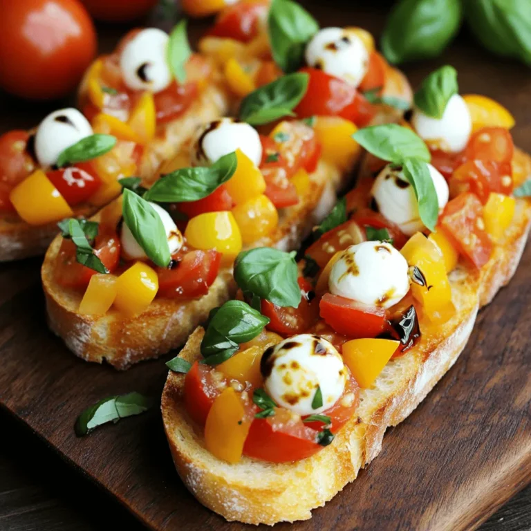 - Ripe heirloom tomatoes: 4, finely diced - Fresh basil leaves: 1/2 cup, roughly chopped - Garlic cloves: 2, finely chopped - Mozzarella balls: 1/4 cup, halved - Balsamic glaze: 2 tablespoons - Olive oil: 1 tablespoon - Salt and pepper: to taste - Baguette: 1, sliced - Optional: Crushed red pepper flakes for heat To make fresh tomato bruschetta, start with ripe heirloom tomatoes. They bring sweetness and texture. Choose firm, colorful tomatoes for the best flavor. Fresh basil adds a bright, herbal note. Use a generous handful for a burst of flavor. Garlic brings a savory kick, so don’t skimp on it. Mozzarella balls add creaminess and contrast to the tomatoes. Balsamic glaze gives a sweet and tangy touch. Olive oil enhances the overall richness. Don't forget salt and pepper; they elevate the dish. Finally, use a good baguette. It should be crispy on the outside and soft on the inside. If you like heat, add crushed red pepper flakes for a spicy twist. This mixture of flavors makes each bite of bruschetta a joyful experience. For the complete process, check the Full Recipe. Start by taking a bowl. Add four diced heirloom tomatoes to it. Next, toss in half a cup of roughly chopped fresh basil. Then, add two finely chopped garlic cloves and a quarter cup of halved mozzarella balls. Mix all these ingredients together gently. This blend creates a fresh and colorful mixture for your bruschetta. Now, drizzle two tablespoons of balsamic glaze over the tomato mixture. Pour in one tablespoon of olive oil, too. Use a spoon to mix everything gently. This step is key for balancing flavors. After that, add salt and pepper to taste. If you like some spice, sprinkle in crushed red pepper flakes. This gives your bruschetta an extra kick. Preheat your oven to 200°C (400°F). While it heats up, slice your baguette. Place the slices on a baking sheet. Brush each slice lightly with olive oil. Bake them in the oven for about 5 to 7 minutes. You want them to be golden brown and crispy. Keep an eye on them; you don’t want to burn the bread. Once the baguette slices are toasted, take them out of the oven. Let them cool for a minute. Now, it’s time to assemble! Use a spoon to top each toasted slice with the tomato mixture. You can serve them right away. If you want, drizzle a little more balsamic glaze on top for a beautiful finish. For the full recipe, check out the detailed instructions above. - Use fresh, high-quality ingredients for the best flavor. - Allow the tomato mixture to marinate for 10-15 minutes for enhanced taste. Starting with ripe heirloom tomatoes boosts your bruschetta’s flavor. Fresh basil adds a sweet, herbal note. I also recommend using good olive oil. It makes a big difference in taste. The garlic should be finely chopped to spread its flavor well. Letting the mixture sit allows the juices to blend. This step enhances the taste and aroma. You’ll notice a richer flavor when you finally dig in. - Arrange bruschetta on a rustic wooden board with basil for a striking display. For a beautiful presentation, use a wooden board. The colors of the tomatoes and basil look great against the wood. Place whole basil leaves around the bruschetta. This adds a pop of green that catches the eye. Serving your bruschetta right after you make it is key. The bread stays crispy, and the toppings are fresh. You can also drizzle extra balsamic glaze over the top for a fancy touch. - Experiment with additional toppings like avocado or feta cheese. Don’t be afraid to mix it up! Adding avocado gives a creamy texture. Feta cheese can add a salty, tangy kick. You can also try adding chopped olives for a briny flavor. Each topping can change the taste and feel of your bruschetta. So, feel free to get creative! The Full Recipe will help guide you through the basics. {{image_4}} Bruschetta is fun because you can change it up! Here are some easy ways to add your twist. You can add chopped olives or capers. This gives your bruschetta a Mediterranean vibe. The saltiness of olives pairs well with fresh tomatoes. It brings a new layer of flavor that many enjoy. Think about adding seasonal veggies. Zucchini or bell peppers work great. These veggies not only add color but also enhance the taste. You can roast them lightly to bring out their natural sweetness. Each season can inspire a new version of this dish. If you have dietary needs, you can swap out some ingredients. Use gluten-free bread for those avoiding gluten. Vegan cheese can replace mozzarella for a dairy-free option. This way, everyone can enjoy bruschetta without worry. Feel free to get creative! Mixing flavors makes cooking fun. For the full recipe, check out the entire guide. To keep your bruschetta fresh, store the tomato mixture and bread separately. This prevents the bread from becoming soggy. Place the tomato mix in a bowl or container with a lid. Keep the bread in a paper bag to maintain its crunchiness. Store the tomato mixture in an airtight container in the fridge. This helps retain its flavor and freshness. Use within 1-2 days for the best taste. If you notice any changes in smell or texture, it's best to discard it. Freezing bruschetta is not the best option. The bread will lose its texture when thawed. However, you can freeze the tomato mixture for later use. Just make sure to defrost it in the fridge before adding it to your toasted bread. This keeps the flavors intact. Baguette or ciabatta is ideal for a crispy texture. Both breads toast well and hold toppings nicely. I prefer using a fresh baguette as it has a nice crunch. Make sure to slice it evenly for the best results. It's best to prepare the tomato mixture ahead but assemble just before serving. This keeps the bread crisp. You can store the tomato mix in the fridge for up to two hours. Just remember to toast the bread right before serving. Yes, it is low in calories and offers fresh vegetables and healthy fats. The tomatoes give vitamins, while the olive oil adds healthy fats. This makes it a tasty option for a light snack or appetizer. Using fresh herbs, quality olive oil, and aged balsamic vinegar can elevate the taste. Adding a pinch of sea salt also brings out the flavors. I like to use fresh basil and a drizzle of balsamic glaze for a pop of taste. You can find the full recipe [here](#). Fresh tomato bruschetta is a simple, tasty dish that highlights quality ingredients. You learned how to create a fresh tomato mixture, toast the baguette, and assemble your bruschetta. Remember to let the tomato mix sit for better flavor and use a rustic presentation for appeal. Experiment with toppings and variations to keep it exciting. Store leftovers properly to enjoy later. This dish is not just healthy but also fun to make. Enjoy every bite of your delightful bruschetta creation!