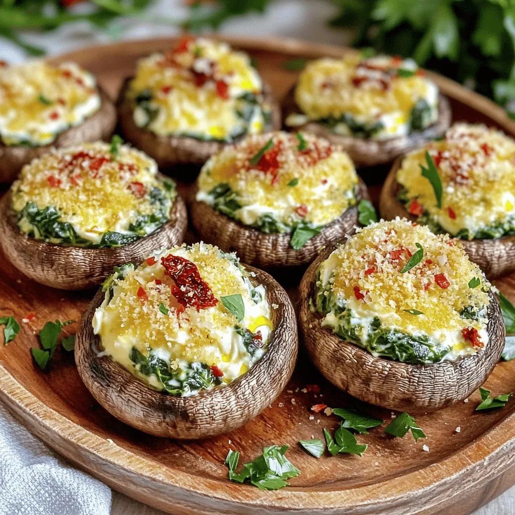 - 12 large cremini or button mushrooms - 1 cup cream cheese, softened to room temperature - 1/2 cup fresh spinach, finely chopped - 1/4 cup sun-dried tomatoes, minced - 1/2 cup grated Parmesan cheese - Seasonings: garlic powder, onion powder, red pepper flakes, salt, and pepper - 1 tablespoon olive oil - Fresh parsley, chopped, for garnish When I create stuffed mushrooms, I always start with fresh ingredients. The mushrooms are the star of the dish. I choose large cremini or button mushrooms. They hold the filling well. Cream cheese adds a smooth texture and rich taste. Spinach adds color and nutrients while keeping it fresh. For flavor, I love sun-dried tomatoes. They bring a sweet, tangy note. Parmesan cheese adds a salty depth. The seasonings, like garlic powder and red pepper flakes, give a kick. I use just the right amount of salt and pepper to balance the flavors. Finally, I drizzle olive oil on top for moisture. A sprinkle of fresh parsley at the end makes it look bright and inviting. For the full recipe, you can refer to the [Full Recipe]. - Preheat the Air Fryer to 375°F (190°C). - Carefully remove stems from mushrooms and chop finely. To start, set your air fryer to 375°F (190°C). This step warms it up for even cooking. While it heats, take your mushrooms. Gently twist and pull the stems out. Set the caps aside for later. Next, chop those stems into small pieces. You want them finely chopped for the best filling. - Combine chopped stems with cream cheese, spinach, sun-dried tomatoes, Parmesan, and seasonings. - Ensure all ingredients are well mixed. Now, grab a mixing bowl. Add the chopped mushroom stems, a cup of cream cheese, and half a cup of fresh spinach. Toss in a quarter cup of minced sun-dried tomatoes and half a cup of grated Parmesan cheese. Sprinkle in garlic powder, onion powder, and red pepper flakes for a kick. Don’t forget salt and pepper! Mix everything well until it’s creamy and smooth. - Generously fill each mushroom cap with the mixture. - Air fry for 10 to 12 minutes until golden brown. Take each mushroom cap and fill it with the mixture. Press down lightly to pack it in. This helps keep the filling inside as they cook. Once they’re all stuffed, place them in the air fryer basket. Make sure they have space to cook evenly. Air fry for 10 to 12 minutes. You'll know they’re done when the tops are golden brown and slightly crispy. Enjoy this savory treat right away for the best flavor! - Ensure mushrooms are spaced properly in the air fryer. This helps them cook evenly. - Adjust cooking time for different air fryer models if necessary. Some may cook faster or slower. - Serve warm with balsamic reduction for added flavor. The sweetness pairs well with the savory filling. - Presentation tips: arrange on a rustic wooden board. This adds charm to your dish. - Avoid overfilling the mushroom caps. This leads to spillage and mess. - Not preheating the air fryer properly can hurt cooking. Always preheat for best results. For the full recipe, check out the recipe card. Enjoy your cooking journey! {{image_4}} You can switch up the filling in many ways. Instead of using cream cheese, try ricotta or goat cheese. These options add different flavors and textures. For a heartier dish, add cooked sausage or crispy bacon bits. This gives a savory kick and makes the dish more filling. To boost aroma and taste, add fresh herbs. Basil or thyme is a great choice. These herbs bring a fragrant note to your mushrooms. You can also play with different cheeses. Feta or cheddar can add a unique twist. Each cheese brings its own special flavor. If you need a gluten-free dish, use gluten-free bread crumbs as the filler. This simple swap makes the recipe safe for those with gluten sensitivities. For a vegan option, choose dairy-free cream cheese and leave out any cheese. You still get a creamy filling without the dairy. For the [Full Recipe], follow my simple steps to create these tasty stuffed mushrooms. Once you finish eating, let the stuffed mushrooms cool down. Then, transfer them to an airtight container. This helps keep them fresh. You can store them in the refrigerator for up to 3 days. To reheat your stuffed mushrooms, use the air fryer. Heat them for 3 to 5 minutes at 350°F (175°C). This method keeps them crispy. You can also use the oven or microwave, but the air fryer works best. If you want to save stuffed mushrooms for later, freeze them before cooking. They can stay in the freezer for up to 2 months. When you're ready to eat, cook them straight from frozen. Just add a couple of extra minutes to the cooking time for best results. Yes, you can prep the filling in advance. Store it in the fridge. Stuff the mushrooms just before cooking for the best taste. A standard air fryer with a basket capacity of at least 3.5 quarts should work well. This size fits the mushrooms nicely and allows for even cooking. You can add finely chopped bell peppers or zucchini. They give the filling extra texture and flavor. Just make sure to chop them small so they mix well. Yes, you can use dried sun-dried tomatoes. Just ensure to rehydrate them in warm water first. This helps them mix better in the filling and keeps it moist. In this post, we explored a simple way to make Air Fryer Stuffed Mushrooms. We covered essential ingredients like mushrooms, cream cheese, and seasonings. We shared step-by-step instructions and some cooking tips to help you succeed. Lastly, we discussed variations and storage ideas to keep your mushrooms fresh. Now, you have all the tools to create a delicious dish. Enjoy experimenting and sharing these tasty bites!
