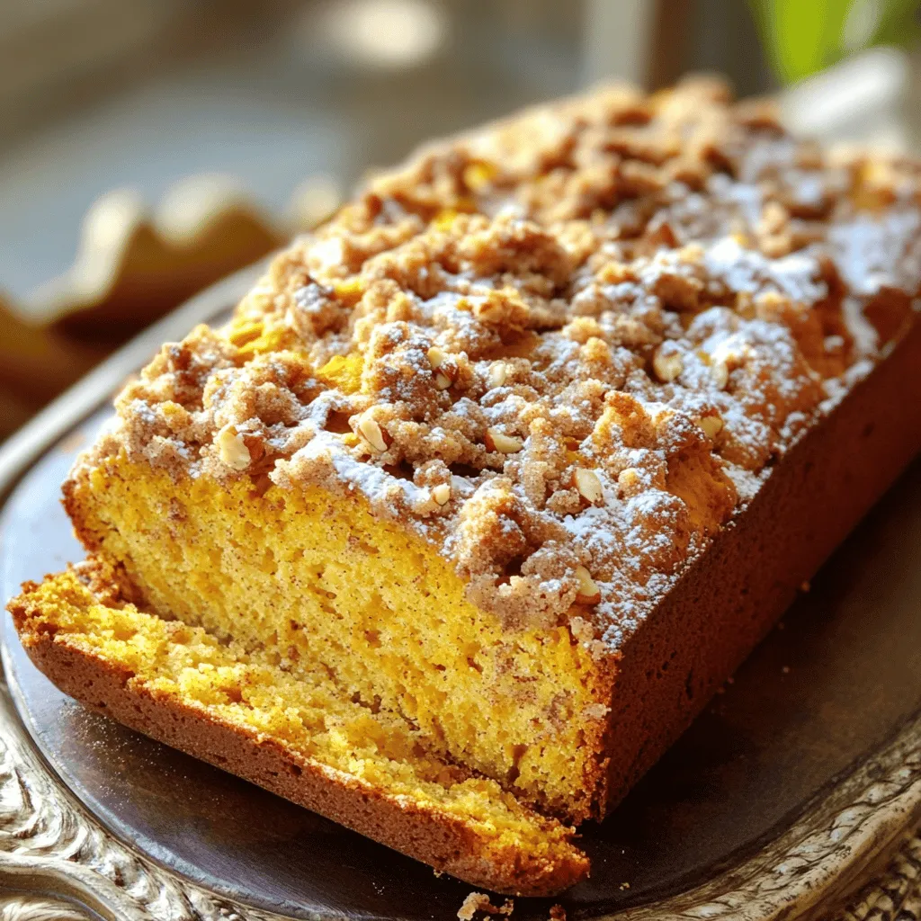 - 1 ½ cups all-purpose flour - 1 teaspoon baking soda - ½ teaspoon baking powder - ½ teaspoon salt - 1 teaspoon ground cinnamon - ½ teaspoon ground nutmeg - ½ teaspoon ground ginger - 1 cup pumpkin puree (canned or homemade) - ½ cup granulated sugar - ½ cup brown sugar, packed - 2 large eggs - ½ cup vegetable oil - 1 teaspoon vanilla extract - ½ cup chopped pecans or walnuts (optional) - ½ cup all-purpose flour - ⅓ cup brown sugar, packed - ½ teaspoon ground cinnamon - ¼ cup unsalted butter, melted - ¼ cup chopped nuts (optional) In this recipe, we focus on fresh, simple ingredients that create a rich flavor. The dry ingredients form the base of our bread, while the wet ingredients bring moisture and sweetness. Pumpkin puree gives the loaf its signature taste. You can choose homemade or canned puree; both work well. The streusel topping adds a delightful crunch. It combines flour, sugar, and melted butter for that perfect crumbly texture. You can add chopped nuts if you like a nutty flavor. Using quality ingredients is key. I recommend organic flour and fresh spices for the best taste. This recipe is all about bringing warmth and comfort to your kitchen, making it an irresistible fall treat. For full details on how to prepare this delicious bread, refer to the Full Recipe. - Preheat the oven to 350°F (175°C). - Prepare a 9x5-inch loaf pan by greasing and flouring it. - In a medium bowl, whisk together the dry ingredients. This includes 1 ½ cups of flour, baking soda, baking powder, salt, ground cinnamon, ground nutmeg, and ground ginger. - In a large mixing bowl, combine the wet ingredients. Mix together 1 cup of pumpkin puree, ½ cup of granulated sugar, ½ cup of packed brown sugar, 2 large eggs, ½ cup of vegetable oil, and 1 teaspoon of vanilla extract. Ensure this mixture is smooth. - Gradually add the dry ingredients to the wet mixture. Stir gently until just blended. If you like, fold in ½ cup of chopped nuts for a nice texture. - Carefully pour the batter into the prepared loaf pan. Spread it evenly. - For the streusel topping, mix ½ cup of flour, ⅓ cup of packed brown sugar, and ½ teaspoon of ground cinnamon in a small bowl. Add ¼ cup of melted butter and mix until crumbly. If desired, add ¼ cup of chopped nuts. - Evenly sprinkle the streusel topping over the batter in the loaf pan. - Bake for 55-65 minutes. Check with a toothpick to see if it comes out clean. If the top gets too brown, lightly cover it with foil to avoid over-baking. For the complete details of the recipe, check the Full Recipe. - Use a kitchen scale for accurate flour measurements. - Spoon flour into a measuring cup, then level it off. - Mix batter gently; over-mixing can make it tough. - Check the oven temperature with an oven thermometer. - Slice the warm loaf into thick pieces. - Serve it on a pretty platter to impress guests. - Enjoy with coffee, tea, or hot cider for a warm treat. - After baking, dust the top with powdered sugar. - Garnish with whole pecans for a nice touch. - Use colorful napkins or plates to add cheer. These tips will help you create a stunning pumpkin streusel bread loaf. For the complete recipe, check out the Full Recipe. {{image_4}} You can make this bread fit your needs. For gluten-free options, swap the all-purpose flour for a gluten-free blend. It works well and keeps the bread moist. If you want a vegan version, use flax eggs or applesauce instead of regular eggs. Both options keep the bread tasty. Want to add more flavor? Try mixing in chocolate chips. They melt and create a rich taste in every bite. You can also add shredded coconut. It gives the bread a nice texture and a hint of sweetness. Both options make the loaf even more special. Switch up the topping for a fun twist. A crumbly oat topping adds crunch and depth. Just mix oats with a bit of flour, butter, and brown sugar. Another great choice is spiced cream cheese frosting. This rich frosting pairs perfectly with the bread's warm flavors. You can easily customize your loaf to fit any occasion. For the full recipe, check out the detailed steps to create this delicious treat. To keep your pumpkin streusel bread fresh, store it at room temperature. Place the loaf in an airtight container. This helps maintain its moist texture. You can also wrap it tightly in plastic wrap. It will stay tasty for about three days. For longer storage, freeze slices or the entire loaf. Wrap each slice in plastic wrap, then place them in a freezer bag. This keeps the bread fresh for up to three months. When you're ready to enjoy it, simply thaw it in the fridge overnight. When reheating, avoid drying out your loaf. Preheat your oven to 350°F (175°C). Wrap the loaf in aluminum foil. Heat it for about 10-15 minutes. This keeps the bread moist and warm. You can also reheat slices in a microwave for about 20-30 seconds. Just be careful, as microwaving too long can make it tough. Yes, you can use fresh pumpkin. Start by roasting a small pumpkin. Cut it in half, remove the seeds, and bake it at 350°F (175°C) for about 30-45 minutes. Once it cools, scoop out the soft flesh and blend it until smooth. Fresh pumpkin adds a lovely flavor, but be sure to drain any excess moisture. This helps keep your bread from being too wet. Check the loaf with a toothpick. Insert it into the center of the bread. If it comes out clean, your loaf is done. If it has batter on it, bake for a few more minutes. Keep an eye on the top. If it browns too fast, cover it with foil. This keeps the top from burning while the inside cooks. You can use several egg substitutes. A common choice is applesauce. Use ¼ cup of applesauce for each egg. You can also use mashed banana or a flaxseed mixture. To make a flaxseed egg, mix 1 tablespoon of ground flaxseed with 2.5 tablespoons of water. Let it sit for 5 minutes until it thickens. This will help bind your bread just like eggs do. For more details and a full list of ingredients, check out the Full Recipe. In this post, we covered the key ingredients for a delicious pumpkin loaf. You learned how to mix both dry and wet ingredients, bake the loaf, and create a tasty streusel topping. We also discussed tips for perfect results, serving suggestions, and fun variations to try. Baking is all about experimenting. Don't be afraid to make it your own. Enjoy your pumpkin loaf, and share it with friends!