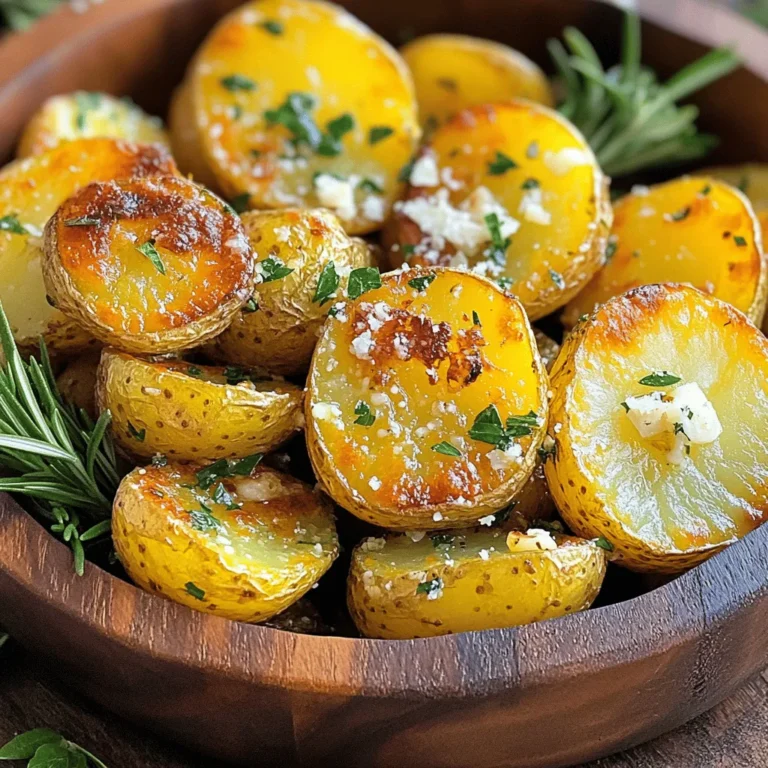 - 2 pounds baby potatoes, halved - 3 tablespoons olive oil - 4 cloves garlic, finely minced - 1 cup freshly grated Parmesan cheese - 1 tablespoon fresh rosemary, finely chopped (or 1 teaspoon dried rosemary) - 1 teaspoon paprika - Salt and freshly ground black pepper, to taste - Fresh parsley, chopped, for garnish Choosing the best potatoes for roasting I recommend using baby potatoes. They cook evenly and have a great texture. Look for firm potatoes without blemishes. Red or Yukon Gold potatoes work well for this dish. Importance of fresh garlic and herbs Fresh garlic adds a strong flavor that dried garlic can't match. The same goes for herbs. Fresh rosemary gives a bright taste. Always use fresh when possible for the best outcome. Variations in Parmesan cheese types Not all Parmesan cheese is the same. Freshly grated cheese melts better and has a richer flavor. You can also try Pecorino Romano for a sharper taste. Just ensure it’s a good quality cheese for the best results. For a full recipe, check out the steps to make these crispy, flavorful potatoes! - Preheat the oven to 425°F (220°C). - Prepare the baking sheet with parchment paper. Start by making sure your oven is really hot. This will help the potatoes get crispy. While the oven heats up, grab your baking sheet. Line it with parchment paper. This makes cleanup easy and keeps the potatoes from sticking. - Tossing the potatoes with olive oil and seasonings. - Spreading potatoes on the baking sheet for optimal roasting. - Flipping potatoes halfway through for even cooking. Now, take your halved baby potatoes and put them in a big bowl. Drizzle the olive oil over the potatoes. Make sure every piece gets coated. Then, add minced garlic, grated Parmesan, chopped rosemary, paprika, salt, and pepper. Mix it all well. Every potato should be covered in that tasty mix. Next, spread the potatoes out on the lined baking sheet. Make sure they are in a single layer. This will help them roast nicely. Place the sheet in your preheated oven. Roast the potatoes for about 25 to 30 minutes. Halfway through, flip them over. This step helps them cook evenly and get that nice crisp. - Checking doneness and crispiness. - Garnishing and presenting the dish. When the timer goes off, check the potatoes. They should be golden brown and crispy on the outside. If they look good, take them out of the oven. Let them cool for a couple of minutes. Once they are cool, sprinkle some fresh parsley on top. This adds color and flavor. Serve them in a rustic bowl for a warm touch. Enjoy your crispy and flavorful Parmesan Garlic Roasted Potatoes! For the full recipe, check out the detailed instructions. To make your Parmesan garlic roasted potatoes even tastier, try adding different herbs. Fresh thyme or oregano gives a nice twist. You can also mix in cheese varieties, like Pecorino Romano or aged cheddar. Each cheese adds its own unique flavor, enhancing your dish. Spacing is key when roasting potatoes. Lay them out in a single layer on the baking sheet. This prevents steaming and helps them crisp up nicely. Flip the potatoes halfway through cooking. This simple step ensures they brown evenly and get that perfect crunch. These potatoes pair beautifully with many main dishes. They go well with grilled chicken, steak, or roasted vegetables. For gatherings, serve them in a colorful bowl. Add fresh herbs or extra cheese on top for a lovely touch. This makes them not just tasty but also eye-catching! {{image_4}} You can spice up your Parmesan garlic roasted potatoes in fun ways. Try adding chili flakes for a kick. This gives your dish a new level of heat that pairs well with the cheese. You can also experiment with herbs. Fresh thyme or oregano adds a fragrant twist. These herbs bring out the earthy flavor of the potatoes, making them even more enjoyable. If you want a quicker method, an air fryer is a great choice. Toss your potatoes with olive oil and seasonings, then place them in the air fryer. Cook at 400°F for 15-20 minutes, shaking the basket halfway through. This method gives you crispy edges and fluffy insides in less time. For a slow cooker version, you can adapt the recipe easily. Mix the potatoes, oil, and seasonings in the slow cooker. Cook on low for 4-5 hours or high for 2-3 hours. You won’t get the same crispiness, but the flavors will be rich and deep. Need gluten-free options? No worries! This recipe is already gluten-free. Just make sure to check your Parmesan cheese for any hidden gluten. For those who are vegan, you can substitute the Parmesan cheese. Nutritional yeast gives a cheesy flavor without dairy. It’s a great way to keep the dish tasty while making it plant-based. To keep your Parmesan Garlic Roasted Potatoes fresh, let them cool completely. This step helps prevent steam buildup. Once cooled, place them in an airtight container. Glass or plastic containers both work well. Use parchment paper between layers if stacking. This keeps them from sticking together. To reheat, the oven works best for keeping that crispy texture. Preheat your oven to 375°F (190°C). Spread the potatoes on a baking sheet. Heat for about 10-15 minutes. Flip them halfway through for even warmth. If you're short on time, you can use the microwave. However, it may make them soft. Place them on a microwave-safe plate and heat for 1-2 minutes. Parmesan Garlic Roasted Potatoes last about 3-5 days in the fridge. Always check for any signs of spoilage. Look for a strange smell or mold. If you see anything off, it’s best to toss them out. Enjoy your leftovers while they’re still tasty! To get crispy potatoes, follow these key steps: - Choose the right potatoes: Use baby or Yukon Gold potatoes. - Cut evenly: Halve the potatoes for even cooking. - Dry them: Pat the potatoes dry before seasoning. - Oil evenly: Coat them well in olive oil. - Space them out: Spread them in a single layer on the baking sheet. - Flip halfway: Turn the potatoes during cooking for even browning. These techniques help create that perfect crunch on the outside while keeping the inside soft. Yes, you can use different potatoes. Some great options include: - Yukon Gold: Creamy texture and buttery flavor. - Red potatoes: Slightly waxy and hold their shape well. - Russet potatoes: Fluffy inside and crispy outside when roasted. Each type adds its unique flavor and texture, so feel free to experiment! Parmesan Garlic Roasted Potatoes pair well with many dishes. Here are some ideas: - Grilled chicken: Juicy and tender, it complements the potatoes well. - Steak: A hearty option that balances the flavors. - Roasted vegetables: Add more color and nutrients to your plate. These pairings make a complete and satisfying meal. For the full recipe, check out the section above! This recipe for Parmesan Garlic Roasted Potatoes is simple and fun. We covered the best ingredients, cooking steps, and storage tips. Remember to choose fresh potatoes and herbs for the best flavor. Experiment with different spices to make it your own. These potatoes pair well with many main dishes. Enjoy making and sharing this delicious side. You’ll impress your family and friends every time you serve it!