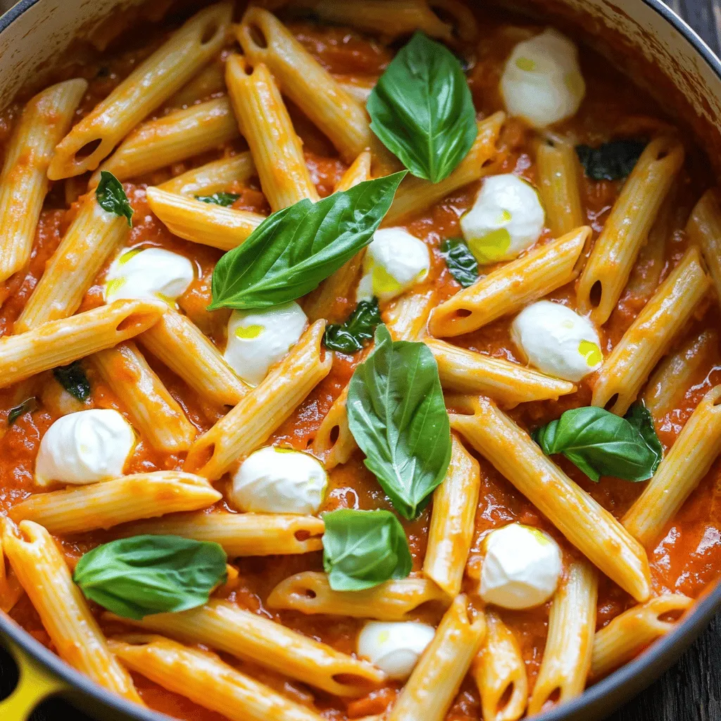To make this simple dish, you need some key ingredients. Here’s what you will need: - 12 oz (340g) penne pasta - 1 tablespoon extra virgin olive oil - 3 cloves garlic, finely minced - 1 can (14 oz) crushed tomatoes (preferably with herbs) - 3 cups vegetable broth (low-sodium recommended) - 1 cup heavy cream - 1 cup fresh basil leaves, chopped (plus extra for garnish) - 1 teaspoon dried oregano - Salt and pepper to taste These ingredients form the base of the creamy sauce. The garlic and olive oil bring rich flavors. The crushed tomatoes add sweetness and acidity. The broth adds depth, while the cream makes it smooth. You can make this dish even better with a few optional ingredients: - ½ cup grated Parmesan cheese (optional, for added richness) - Fresh mozzarella balls (optional, for an elegant topping) Adding Parmesan gives a savory kick. Mozzarella adds creaminess and looks beautiful. These are not required, but they can elevate your dish. You can easily adapt this recipe to meet different dietary needs. Here are some ideas: - Gluten-Free: Use gluten-free penne pasta. Many brands offer great options. - Dairy-Free: Substitute heavy cream with coconut cream or a dairy-free alternative. - Vegan: Omit cheese and use a dairy-free cream. You can add nutritional yeast for a cheesy flavor. These adjustments allow everyone to enjoy this comforting meal. Whether you need gluten-free or vegan options, there is always a way to make it work. For the full recipe, check out the complete details! Start by heating 1 tablespoon of extra virgin olive oil in a large pot over medium heat. Once the oil is hot, add 3 cloves of finely minced garlic. Sauté the garlic for about 30 seconds until it smells great. Be careful not to let it brown. This step gives your dish a fresh garlic flavor. Next, pour in 1 can of crushed tomatoes and 3 cups of vegetable broth. Stir gently to mix everything well. Then, add 12 oz of penne pasta to the pot. Make sure the pasta is fully covered by the liquid. Bring the pot to a boil, then lower the heat to medium. Cook for 10 to 12 minutes. Stir occasionally until the pasta is al dente and has absorbed most of the liquid. This creates a nice, saucy pasta. Now, lower the heat to a simmer. Add 1 cup of heavy cream, 1 cup of chopped fresh basil, and 1 teaspoon of dried oregano. Season with salt and pepper to taste. Stir well for 2 to 3 minutes until the sauce is creamy and warm. For extra richness, you can fold in ½ cup of grated Parmesan cheese until it melts into the sauce. Serve hot, and if you like, top with fresh mozzarella balls and more chopped basil for a colorful finish. You can find the Full Recipe for more details and tips! To cook pasta al dente, you need to watch the time. Start with the package instructions. Set a timer for about two minutes less than the suggested time. Taste the pasta as it cooks. It should be firm yet tender. This gives the pasta a nice bite and helps it hold sauce well. If you overcook it, the pasta becomes mushy. I recommend stirring the pasta often to keep it from sticking together. Fresh ingredients make a big difference in taste. Use fresh basil for a bright flavor. Chop it just before you add it to the pot. This keeps its oils intact. You can also try fresh tomatoes if you want a more vibrant taste. They add a juicy texture to the dish. Lastly, using high-quality olive oil boosts the overall flavor. It gives the sauce richness that adds depth. Presentation matters when serving. Choose wide, shallow bowls for a nice look. This allows you to show off the colorful sauce. For a pop of color, add fresh mozzarella balls on top. They melt slightly and look inviting. You can also sprinkle extra chopped basil for garnish. A drizzle of olive oil on top adds shine and flavor. Don't forget to finish with freshly cracked black pepper for a little kick! {{image_4}} You can easily make this dish vegetarian. Simply skip the cheese or use a plant-based option. Add more veggies to boost flavor and nutrition. Spinach, bell peppers, or zucchini work great. Just toss them in during the cooking process. They will cook down and blend nicely with the sauce. For a gluten-free meal, use gluten-free penne pasta. Many brands offer great options. Follow the same cooking times as regular pasta. You can also make the dish using spiralized veggies like zucchini or squash. This gives a fresh twist while keeping it light. Want to add protein? Chicken or shrimp are both great choices. For chicken, use diced breast or thighs. Sauté them first until cooked through, then add the garlic and continue with the recipe. For shrimp, add them in the last few minutes of cooking. They cook quickly and add a nice touch. To keep your One Pot Creamy Tomato Basil Pasta fresh, store it in an airtight container. Make sure to cool it down to room temperature. Transfer it to the fridge quickly. It can last for up to three days. When reheating, add a splash of water or broth. This helps to regain the creamy texture. Microwave it in short bursts to avoid overheating. Stir it often to heat evenly. You can also reheat it on the stove over low heat. Just be patient and stir until it warms up. If you want to store this pasta for longer, freezing is a great option. Place it in a freezer-safe container. Leave some space at the top, as it may expand when frozen. It can last for up to two months in the freezer. When ready to eat, thaw it overnight in the fridge. Then reheat using the tips above. This way, you can enjoy a quick meal anytime! Yes, you can use whole wheat pasta instead of regular pasta. Whole wheat pasta adds fiber and nutrients. The texture may change a bit, but it still tastes great. Just keep an eye on the cooking time. It may take a minute or two longer to cook. If you want to skip heavy cream, try using half-and-half. You can also use coconut milk for a dairy-free option. Another choice is to blend silken tofu with a bit of plant milk. This gives a creamy texture without the extra fat. This creamy tomato basil pasta lasts about three to four days in the fridge. Make sure to store it in an airtight container. When you’re ready to eat, just reheat it in a pan or microwave. Add a splash of water or broth to keep it from drying out. For the full recipe, you can refer back to the ingredients and steps above. In this guide, we explored how to make a simple, creamy tomato basil pasta. We discussed key ingredients, shared step-by-step cooking tips, and offered variations for different diets. Remember, perfecting your dish lies in using fresh ingredients and cooking pasta just right. Try these suggestions to boost flavor and appeal. With proper storage, your leftovers will stay tasty for meals later on. Enjoy this versatile dish and make it your own!