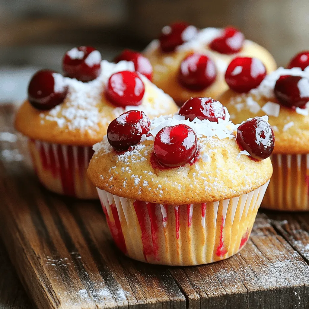 Here is what you need to make Cherry Coconut Muffins. Gather these items before you start: - 1 cup all-purpose flour - 1 cup shredded coconut - 1/2 cup granulated sugar - 2 teaspoons baking powder - 1/2 teaspoon baking soda - 1/4 teaspoon salt - 1/2 cup unsweetened coconut milk - 1/4 cup vegetable oil - 1 large egg - 1 teaspoon vanilla extract - 1 cup cherries (fresh or frozen) - Optional: Additional shredded coconut for topping These ingredients create a wonderful blend of flavors. The cherries bring a sweet and tart taste, while the coconut adds a nice chew. Be sure to use fresh or high-quality frozen cherries for the best results. You can even choose sweetened or unsweetened shredded coconut, based on your preference. If you want a richer coconut flavor, try using melted coconut oil instead of vegetable oil. For the full recipe, you can find all the steps to create these delightful muffins. This list ensures you have everything for a simple and tasty baking experience. Preheat the Oven - Set temperature to 350°F (175°C) - Prepare the muffin tin with liners or cooking spray First, preheat your oven to 350°F (175°C). This step ensures even baking. Grab a muffin tin and line it with paper liners or spray it with cooking spray. This keeps the muffins from sticking. Combine the Dry Ingredients - Mix flour, shredded coconut, sugar, baking powder, baking soda, and salt In a large bowl, mix together the dry ingredients. Combine 1 cup of flour, 1 cup of shredded coconut, and 1/2 cup of sugar. Add 2 teaspoons of baking powder, 1/2 teaspoon of baking soda, and 1/4 teaspoon of salt. Whisk these together until they blend well. A good mix helps the muffins rise nicely. Whisk Together Wet Ingredients - Mix coconut milk, vegetable oil, egg, and vanilla extract until smooth Now, take another bowl and whisk the wet ingredients. Mix 1/2 cup of coconut milk, 1/4 cup of vegetable oil, 1 large egg, and 1 teaspoon of vanilla extract. Keep whisking until the mixture is smooth. This will add moisture and flavor to your muffins. Combine Wet and Dry Ingredients - Fold wet ingredients into dry without over-mixing - Gently incorporate halved cherries Next, pour the wet mixture into the dry bowl. Use a spatula to fold the two together. Do this gently and do not over-mix; a few lumps are okay. Now, fold in 1 cup of halved cherries. This adds a burst of flavor in every bite. Fill Muffin Cups - Use a spoon or ice cream scoop for even distribution - Optional: add extra shredded coconut on top Using a spoon or ice cream scoop, fill each muffin cup about two-thirds full. This will give them room to rise. If you like, sprinkle some extra shredded coconut on top for a nice touch. Bake and Cool - Bake for 18-22 minutes - Cool in the pan then transfer to a wire rack Place your muffin tin in the preheated oven. Bake for 18 to 22 minutes. To check if they are done, insert a toothpick in the center of a muffin. If it comes out clean, they are ready. Let them cool in the pan for about 5 minutes, then move them to a wire rack. This helps them cool evenly. For the full recipe, see the main article. To make your Cherry Coconut Muffins shine, start with room temperature ingredients. This helps mix everything well and rise nicely. After you bake, use a toothpick to check if they are done. It should come out clean or with just a few crumbs. For a lovely finish, dust your muffins with powdered sugar. This adds a sweet touch and looks great. You can also serve them with whipped cream. This makes each bite more special and creamy. Be careful not to over-mix your batter. This can make the muffins tough instead of light. Also, remember to let them cool. Skipping this step can make them soggy and hard to enjoy. Try these tips to elevate your baking game and impress your family and friends! For the full recipe, check out the cooking instructions above. {{image_4}} You can switch up the flours for your Cherry Coconut Muffins. Almond flour works great if you want a gluten-free option. It gives the muffins a nutty flavor and keeps them moist. Just remember to adjust the liquid a bit. Coconut flour is another choice. It makes the muffins denser and adds even more coconut taste. Keep in mind that you will need less coconut flour than regular flour, so start with a smaller amount. To make your muffins pop with flavor, you can add lemon zest. This gives a bright, citrus twist that complements the cherries. Just a teaspoon of zest will do wonders. If you want a deeper flavor, try incorporating vanilla bean. It adds a rich aroma and pairs well with the coconut. Scrape the seeds from a vanilla pod and mix them into your wet ingredients for the best effect. If cherries aren't your thing, feel free to swap them out. Blueberries or raspberries work well and offer a different taste. They add a burst of flavor to each bite. You might even want to mix in chocolate chips. This creates a sweeter treat that both kids and adults will love. Just fold them in gently with the fruit to keep everything balanced. For the full recipe, check out the details above. Keep muffins in an airtight container at room temperature for up to 2 days. This helps keep them fresh. If you want them to last longer, consider freezing them. You can freeze muffins for up to 3 months. To do this, wrap each muffin tightly in plastic wrap. Then, place them in a freezer-safe bag. When you're ready to eat, reheat them in the oven or microwave. To thaw muffins, let them sit at room temperature for about 30 minutes. You can also warm them in the microwave for a few seconds. This will help bring back their soft texture. Enjoy your Cherry Coconut Muffins whenever you like! For the complete recipe, check the Full Recipe above. You can swap some ingredients to make these muffins healthier. Here are some ideas: - Use whole wheat flour instead of all-purpose flour. - Replace granulated sugar with honey or maple syrup. - Use applesauce in place of vegetable oil for moisture. - Add nuts or seeds for extra crunch and nutrition. These swaps keep the muffins tasty while adding more fiber and nutrients. Yes, you can use dried cherries. Dried cherries will change the moisture in the muffins. Here’s what to do: - Soak the dried cherries in warm water for about 15 minutes. - Drain and pat them dry before adding to the batter. This step will help keep your muffins moist and soft. To check if your muffins are ready, use a toothpick. Insert it into the center of a muffin. If it comes out clean, the muffins are done. You can also look for these signs: - The tops will be golden brown. - The edges will pull away slightly from the muffin tin. These tips will help you avoid underbaking or overbaking your muffins. In this blog post, we covered everything you need for Cherry Coconut Muffins. You learned the ingredients, step-by-step instructions, and helpful tips. Don't forget to try out variations for a fun twist. Storing muffins properly keeps them fresh longer. Always check for doneness to avoid soggy treats. I hope you enjoy baking these muffins as much as I do! Happy baking!