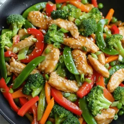 - 2 boneless, skinless chicken breasts, thinly sliced - 2 tablespoons soy sauce - 1 tablespoon honey - 1 tablespoon sesame oil - 1 red bell pepper, sliced into thin strips - 1 cup broccoli florets - 1 cup snap peas, trimmed - 1 carrot, julienned - 2 cloves garlic, minced - 1 teaspoon fresh ginger, grated - 1 tablespoon cornstarch mixed with 2 tablespoons water (for thickening) - 3 green onions, finely chopped (for garnish) - Toasted sesame seeds (for garnish) These ingredients come together to create a bright, flavorful dish. The chicken provides protein, while the veggies add nutrients and color. The soy sauce and honey mix for a sweet and savory flavor. Sesame oil adds a nutty touch, enhancing the overall taste. This stir fry is not only easy to make but also healthy. Each ingredient plays an important role in making this meal both satisfying and tasty. - Calories: 280 per serving - Protein: 30g - Fat: 10g - Carbohydrates: 20g This dish is low in calories but high in protein. It offers a good balance of nutrients, making it a great choice for a healthy meal. - Skillet or wok - Medium bowl Having the right tools makes cooking easier. A skillet or wok helps you stir-fry quickly, while a medium bowl is perfect for marinating the chicken. If you want more ideas, check out the Full Recipe for Chicken and Veggie Stir Fry. It's a fun and tasty way to enjoy cooking! First, take your thinly sliced chicken. In a medium bowl, combine it with soy sauce, honey, and sesame oil. Mix well to coat the chicken evenly. Let it sit for 15 minutes. This step enhances the flavor and makes the chicken tender. Next, preheat your skillet over medium-high heat. If your skillet is not non-stick, add a bit of cooking oil. Once hot, add the marinated chicken in a single layer. Stir-fry for about 5 to 6 minutes. Cook until the chicken turns golden brown and is fully done. Then, transfer the chicken to a plate and keep it warm. In the same skillet, add minced garlic and grated ginger. Stir-fry for about 30 seconds until they smell great. Be careful not to burn the garlic. Then, add sliced red bell pepper, broccoli florets, snap peas, and julienned carrot. Stir-fry these veggies for 3 to 4 minutes. You want them to be bright and still a bit crunchy. After that, return the cooked chicken to the skillet. Mix well with the veggies. Gradually add the cornstarch and water mixture. Stir constantly for about 2 minutes. This will thicken the sauce and coat everything nicely. To avoid overcooking vegetables, cook them quickly. Stir-fry on high heat for just a few minutes. This keeps them bright and crunchy. Check them often. When they look vibrant, they are done. To keep chicken tender, don’t overcook it. Stir-fry on high heat for 5-6 minutes. Remove it from the heat as soon as it turns golden brown. Marinating the chicken helps too. The soy sauce adds flavor and moisture. To boost flavor, try adding spices like black pepper or chili flakes. You can also add a splash of lime juice. This gives a fresh kick to the dish. For better marination, let the chicken sit longer. You can marinate it for up to an hour. This allows the flavors to soak in deeply. You can also mix in some garlic powder or onion powder for extra taste. For a creative plate, use a wide bowl. Place a mound of stir-fry in the center. Surround it with a ring of rice or noodles. This adds texture and makes it look great. Garnish with sesame seeds and green onions. Sprinkle sesame seeds on top for crunch. Add chopped green onions for color and taste. This small touch makes your dish pop! {{image_4}} You can switch your protein for tofu or shrimp. Tofu offers a great plant-based option. It soaks up flavors well. For shrimp, use large, peeled shrimp. They cook quickly and add a nice texture. You can also use different cuts of chicken. Thighs work well for juiciness. They have more fat, which adds flavor. Seasonal veggies can add freshness to your stir fry. Try adding asparagus in spring or sweet corn in summer. Carrots and bell peppers bring color and crunch. Other colorful options include zucchini and snap peas. They not only taste great but also look good on your plate. You can change the oils or sauces for a new twist. Try using olive oil instead of sesame oil for a lighter taste. Add hoisin sauce for sweetness. For a citrus kick, squeeze in lemon or lime juice. You can also add honey or maple syrup for sweetness. These small changes can make a big difference. After making Chicken and Veggie Stir Fry, you might have some leftovers. To keep your meal fresh, place it in an airtight container. Make sure it cools down first. This helps keep the flavors intact. In the fridge, it lasts about three to four days. Always check for any signs of spoilage before eating. If you want to save some for later, freezing is a great option. First, let the stir fry cool completely. Then, put it in freezer-safe bags or containers. Try to remove as much air as possible. This prevents freezer burn. When you're ready to eat, take it out and reheat it. You can reheat it on the stove or in the microwave. For best results, add a splash of water to maintain moisture. Meal prepping makes cooking easier for busy days. You can slice the chicken and chop the veggies in advance. Store them in separate containers. This way, when you’re ready to cook, you just combine everything. I recommend using clear containers. This helps you see what you have. Glass containers are a good choice as they are safe for both the fridge and microwave. You can serve this dish with rice or noodles. Here are some great options: - White rice: Soft and fluffy, it soaks up the sauce. - Brown rice: A healthier choice with more fiber. - Rice noodles: They add a nice texture. - Whole wheat noodles: A wholesome twist for extra flavor. - Quinoa: This adds protein and a nutty taste. Yes! You can make Chicken and Veggie Stir Fry in advance. It’s great for meal prep. Here are some tips: - Cook the chicken and veggies ahead: Store them in the fridge for up to three days. - Reheat: Use a skillet or microwave. Add a splash of water to keep it moist. - Store separately: Keep rice or noodles separate until serving. This helps prevent sogginess. You can easily adjust the spice level in your stir fry. Here’s how: - Add chili flakes: Sprinkle these in while cooking for a mild heat. - Use fresh chilies: Slice them and stir them in for a kick. - Sriracha: Drizzle this sauce on top for a tangy, spicy boost. - Taste as you go: Start with a little and add more if needed. This Chicken and Veggie Stir Fry stands out due to its flavor profile. The sauce blends sweet and savory. Here’s what adds to its uniqueness: - Soy sauce: Gives a rich umami flavor. - Honey: Adds a touch of sweetness to balance the saltiness. - Sesame oil: Offers a nutty aroma that elevates the dish. - Fresh ginger and garlic: Provide a zesty kick that brightens the flavors. You can find the full recipe for Chicken and Veggie Stir Fry earlier in the article. Enjoy cooking! This blog post shared a simple way to make chicken and veggie stir fry. You learned about the ingredients, cooking tips, and variations. I emphasized how to make it healthy and flavorful. Remember, you can easily customize this dish with different proteins and veggies. Whether you meal prep or enjoy it fresh, this stir fry is a great choice. Try it out, and make it your own. Cooking can be fun and rewarding!