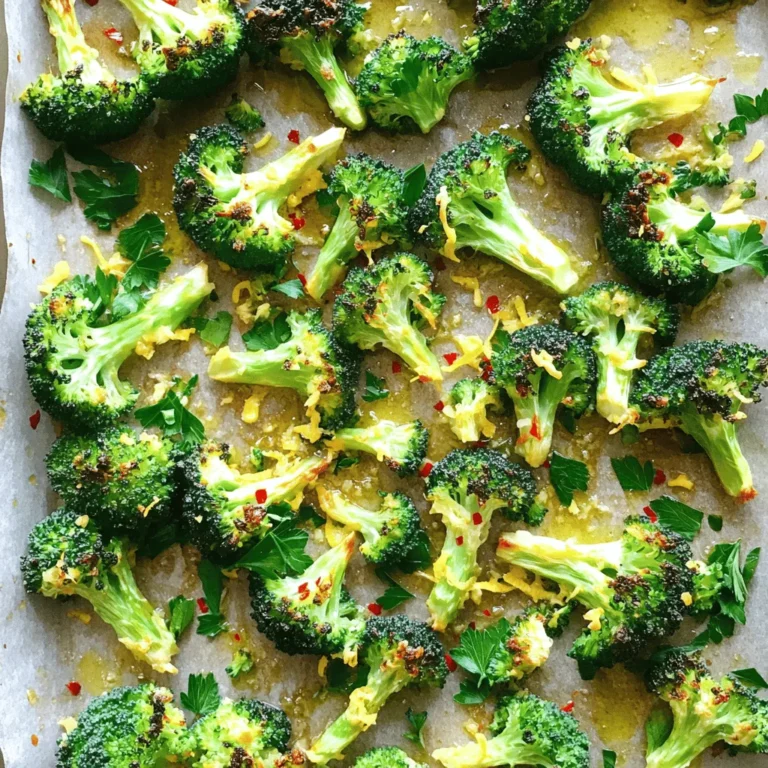 To make Lemon Garlic Roasted Broccoli, gather these key ingredients: - 1 large head of broccoli, trimmed and cut into bite-sized florets - 3 tablespoons extra-virgin olive oil - 4 cloves of garlic, finely minced - Zest of 1 fresh lemon - Juice of 1 fresh lemon - 1 teaspoon red pepper flakes (adjust to taste) - Salt and freshly cracked black pepper to taste You can enhance the dish with these optional ingredients: - ¼ cup grated Parmesan cheese (adds a lovely cheesy flavor) - Fresh parsley, finely chopped, for garnish This dish is not only tasty but also nutritious. Here’s what you get per serving: - Calories: 120 - Protein: 4g - Carbohydrates: 10g - Dietary Fiber: 4g - Sugar: 1g - Fat: 8g - Saturated Fat: 1g Lemon Garlic Roasted Broccoli is a healthy side dish, rich in vitamins and minerals. It fits well in many diets and appeals to a wide range of tastes. If you want to dive deeper into the cooking process, check the Full Recipe for details. Start by gathering all ingredients. You need one large head of broccoli. Trim it and cut it into bite-sized florets. Next, measure out three tablespoons of extra-virgin olive oil. Mince four cloves of garlic finely. Zest one fresh lemon and squeeze the juice from it. Add one teaspoon of red pepper flakes, salt, and black pepper to taste. If you want, get ¼ cup of grated Parmesan cheese for a cheesy touch. Finally, chop some fresh parsley for garnish. First, preheat your oven to 400°F (200°C). In a large bowl, mix the broccoli with olive oil, garlic, lemon zest, and lemon juice. This mix will give your broccoli great flavor. Sprinkle in the red pepper flakes, salt, and pepper. Toss everything well, so the broccoli gets coated. Line a baking sheet with parchment paper for easy cleanup. Spread the broccoli in a single layer to help it roast evenly. Put the baking sheet in the oven. Roast the broccoli for 20 to 25 minutes. Halfway through, stir the broccoli to ensure even cooking. If you love cheese, add the grated Parmesan during the last five minutes. This will melt and form a tasty crust. When the broccoli is golden and crispy, take it out of the oven. Garnish with fresh parsley for a pop of color. Enjoy this dish warm! For the complete recipe, check out the Full Recipe section. To get that perfect texture, choose fresh broccoli. Look for tight florets and bright green color. Cut the broccoli into even pieces. This helps them cook at the same rate. Roasting at 400°F (200°C) gives a nice crispy edge. Stir the broccoli halfway through cooking. This ensures even browning and crispiness all around. For more flavor, use fresh garlic. Fresh garlic has a stronger taste than dried. Adding lemon zest boosts the taste too. The zest gives a bright, fresh note. You can adjust the red pepper flakes to suit your spice level. If you like it mild, use less. For more kick, add extra. A sprinkle of Parmesan cheese at the end adds richness. It melts into a tasty layer on top. Serve the roasted broccoli warm on a colorful platter. A drizzle of fresh lemon juice brightens the dish. Scatter some chopped parsley for a pretty look. Pair it with grilled chicken or fish for a complete meal. This dish works well as a side for any main course. You can also mix it into pasta for a quick lunch. For the full recipe, check the section above. {{image_4}} You can mix in other veggies with your broccoli. Cauliflower and Brussels sprouts work great. They have a nice crunch and soak up the lemon and garlic flavor. Slice carrots or bell peppers for some color and sweetness. Just adjust the cooking time if needed. Feel free to get creative with spices. Try adding smoked paprika for a smoky kick. Italian herbs like oregano or thyme can also add depth. For a spicy twist, consider cayenne pepper. Use what you love to make this dish your own. If you want to skip dairy, leave out the Parmesan cheese. You can use nutritional yeast for a cheesy flavor without the dairy. It adds a nice nutty taste and is great for plant-based diets. This way, everyone can enjoy this tasty dish. For more ideas, check out the Full Recipe for Lemon Garlic Roasted Broccoli. After cooking, let the Lemon Garlic Roasted Broccoli cool down. Place it in an airtight container. Store it in the fridge for up to three days. This keeps the broccoli fresh and tasty. If you want to enjoy it later, make sure to seal it well. You can freeze leftover roasted broccoli. Cool it completely before freezing. Then, place it in a freezer-safe bag or container. Try to push out as much air as you can. The broccoli will stay good for up to three months. When you are ready to eat it, thaw it in the fridge overnight. To reheat, use the oven for the best results. Preheat your oven to 350°F (175°C). Spread the broccoli on a baking sheet. Heat for about 10-15 minutes until it is warm. You can also use a microwave. Heat it in short bursts, stirring in between. This helps to avoid sogginess. Enjoy your tasty dish again with ease! For the full recipe, check out the complete guide above. You can tell when broccoli is done by its color and texture. It should be bright green and slightly crispy. If you poke it with a fork, it should pierce easily but still have a little bite. Roasting for 20-25 minutes usually gives the best result. If it starts to brown too much, pull it out. Yes, you can use frozen broccoli. Just make sure to thaw and drain it well. Frozen broccoli has more water, so less oil may help. Spread it evenly on the baking sheet and follow the same roasting steps. Cooking times may be slightly longer, so check for doneness. Lemon garlic roasted broccoli pairs well with many dishes. Here are some ideas: - Grilled chicken or fish - Quinoa or rice - Pasta with olive oil and garlic - Tofu or tempeh for a vegan option - A fresh green salad These options bring balance to your meal and enhance the bright flavors of the broccoli. Absolutely! You can add more herbs like thyme or rosemary. A splash of balsamic vinegar or a sprinkle of nuts can also enhance the taste. Feel free to play around with spices to suit your palate. Store leftover broccoli in an airtight container in the fridge. It will stay fresh for about 3-4 days. Reheat it in the oven or microwave, but be careful not to overcook it again. Yes, you can prepare the broccoli ahead of time. You can chop and season it a few hours before roasting. Just keep it in the fridge until you are ready to roast. This makes for a quick and easy side dish. Lemon garlic roasted broccoli is low in calories and high in vitamins. It is rich in vitamin C, vitamin K, and fiber. Adding olive oil and Parmesan will increase the healthy fats and protein. For a detailed breakdown, check out the Full Recipe. This blog post covers everything you need to make delicious Lemon Garlic Roasted Broccoli. We discussed required and optional ingredients, along with their nutrition. I walked you through step-by-step instructions, tips for texture and flavor, and variations to try. I also included storage info and answered common questions. Roasted broccoli can be simple but tasty. Try this recipe to impress anyone at your table! Enjoy the healthy benefits of broccoli while having fun in the kitchen.