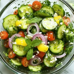 - 2 large cucumbers, washed and thinly sliced - 1/4 of a red onion, finely sliced - 1/2 cup cherry tomatoes, halved - 1/4 cup fresh parsley, coarsely chopped - 2 tablespoons of fresh mint leaves, roughly chopped - Juice of 1 large lemon (about 3 tablespoons) - 2 tablespoons of extra-virgin olive oil - Sea salt and freshly ground black pepper to taste - 1 teaspoon honey (optional) - Mixing bowl - Cutting board - Knife - Whisk To make this lemon cucumber salad, you need fresh produce that bursts with flavor. Start with cucumbers; they should be firm and crisp. I love using red onion for a nice crunch and a bit of bite. Cherry tomatoes add sweetness and color. Fresh parsley and mint bring a refreshing taste. For the dressing, fresh lemon juice is key. It adds zing and balances the flavors. Extra-virgin olive oil smooths the dressing. Don’t forget salt and black pepper for taste. If you like a hint of sweetness, add honey. Gather your tools: a mixing bowl to combine everything, a cutting board for prep, a knife to chop, and a whisk to mix the dressing. This salad is quick and fun! You can find the full recipe in the earlier section. Enjoy the fresh flavors! First, wash the cucumbers under cold water. This step is vital for removing dirt. Next, slice the cucumbers into thin rounds or half-moons. Either shape works well in this salad. Place the sliced cucumbers into a large mixing bowl. Now, slice the red onion finely. Add this to the bowl with cucumbers. Then, halve the cherry tomatoes and toss them in too. The colors will add vibrancy to your dish. Time to mix! Combine the cucumbers, onion, and tomatoes in the bowl. This blend creates a crisp base for your salad. Now, add fresh herbs. Sprinkle the coarsely chopped parsley and mint leaves over the mixture. These herbs will bring fresh flavors and aromas to the salad. In a small bowl, whisk together lemon juice, olive oil, and optional honey. This dressing adds a zesty kick and a hint of sweetness. Make sure the mixture is smooth and well combined. Taste the dressing and season it with salt and pepper. Adjust it to your liking. Drizzle the dressing over the cucumber mixture in the large bowl. Use a large spoon or spatula to gently toss everything together. You want all the salad elements coated evenly with the dressing. Let the salad sit for about 10 minutes. This resting time allows the flavors to meld together. It enhances the taste and makes every bite delicious. Before serving, give the salad one last stir. Taste it again and adjust the seasoning if needed. For presentation, serve the salad in a clear glass bowl. This way, the colorful ingredients shine. Garnish with more mint leaves for a touch of elegance. If you like, sprinkle some crumbled feta cheese on top for extra flavor. You can find the full recipe for this delightful dish in the article. - Choosing crunchy cucumbers: Look for cucumbers that are firm and have smooth skin. Avoid any that feel soft or have wrinkles. Fresh cucumbers add a nice crunch to your salad. - Picking ripe cherry tomatoes: Select tomatoes that are bright and firm. They should have a rich color and smell sweet. This ensures you get that juicy burst of flavor in each bite. - Suggestions for additional herbs: Fresh dill or basil can add a nice twist to the salad. They bring unique flavors that complement the lemon and cucumber well. - Options for dressing variations: If you want a creamier dressing, consider adding yogurt or sour cream. This will give a different texture while still keeping it light. - Ideal accompaniments for the salad: This salad pairs well with grilled chicken or fish. It also makes a great side dish for summer barbecues. - Ideal occasions for serving: Serve this salad at picnics, potlucks, or family gatherings. Its fresh taste fits perfectly for warm weather meals. {{image_4}} You can make your lemon cucumber salad even better with add-ons. One great option is to incorporate feta cheese. Feta adds a creamy texture and a salty flavor. Crumble some on top just before serving. It gives a nice contrast to the crisp cucumbers. Another fun addition is bell peppers. Adding sliced bell peppers gives a pop of color and crunch. Choose red, yellow, or orange for a vibrant look. Simply slice them thin and toss them in with the cucumbers. If you want to make this salad vegan, it’s easy! Just omit the honey from the dressing. The lemon juice and olive oil still provide great flavor. You won’t miss the sweetness. For those needing gluten-free options, you can enjoy this salad without worry. All the ingredients are naturally gluten-free. Just ensure any added items, like feta, are also gluten-free. Think about different seasons when you make this salad. In summer, you can add fresh corn or diced avocado. Both add richness and work well with the lemon flavor. In fall, consider using roasted butternut squash. It adds a sweet, nutty flavor that pairs nicely with the crisp cucumbers. You can even sprinkle in some toasted nuts for crunch. For the full recipe, check out the details for making this vibrant dish! The lemon cucumber salad lasts up to three days in the fridge. Store it in an airtight container to keep it fresh. This way, the flavors stay bright and crisp. I do not recommend freezing this salad. Freezing can change the texture of the cucumbers and tomatoes. If you want to save components, freeze the herbs separately. They hold up better and can add flavor later. To keep your salad fresh, use firm cucumbers. Wash them just before slicing. Store cut cucumbers in water to keep them crunchy. Avoid mixing the dressing with the salad until serving. This helps prevent sogginess. For the best taste, serve it right after mixing. To add heat, try these ideas: - Chili flakes: Sprinkle a bit on top. - Jalapeños: Slice these finely and mix in. - Hot sauce: Drizzle a few drops of your favorite brand. These will boost flavor without overpowering the salad. Yes, this salad is quite healthy. Here are some key benefits: - Cucumbers: They are low in calories and high in water. - Lemon juice: Offers vitamin C and antioxidants. - Olive oil: Contains healthy fats that are good for your heart. This salad is a great choice for a light meal. Yes, you can prepare it ahead of time. Here are some tips: - Chop veggies: Do this a few hours before serving. - Mix dressing: Store it separately until you're ready to serve. - Combine right before eating: This keeps everything fresh and crunchy. Your salad will taste great with just a little planning. If you lack lemon juice, try these alternatives: - Lime juice: It has a similar tartness. - Vinegar: White wine or apple cider vinegar works well. - Citric acid: This can mimic the tang of lemon juice. Experiment with these options based on your taste. Making this salad gluten-free is easy. Follow these steps: - Check all labels: Ensure your olive oil and other ingredients are gluten-free. - Avoid croutons: If you like crunch, use nuts or seeds instead. These simple swaps will keep your salad safe and tasty. For the full recipe and more details, check out the Full Recipe section. This blog post covered how to make a fresh Lemon Cucumber Salad. We explored the key ingredients like cucumbers, red onion, and cherry tomatoes. I shared tips for mixing the dressing and enhancing flavor. You learned how to serve and store the salad. In closing, this simple dish offers endless options. Feel free to get creative with your ingredients and flavors. Enjoy making this salad your own!