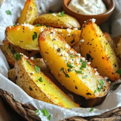 To make crispy garlic herb potato wedges, you need simple and fresh ingredients. Here’s what you will need: - 4 large russet potatoes - 3 tablespoons extra virgin olive oil - 4 cloves of garlic - 1 teaspoon dried oregano - 1 teaspoon dried thyme - 1 teaspoon smoked paprika - ½ teaspoon sea salt - ½ teaspoon freshly cracked black pepper - Fresh parsley (for garnish) - Grated Parmesan cheese (optional) These ingredients come together to create a dish that is not only crispy but also packed with flavor. The russet potatoes provide a fluffy inside while the garlic and herbs give a tasty kick. Using fresh garlic ensures a strong and aromatic flavor. The olive oil helps to crisp up the wedges, making them golden and irresistible. Don't forget the optional Parmesan cheese for a savory finish! For the full recipe, check out the detailed instructions. - Step 1: Preheat the oven and prepare your baking sheet Set your oven to 425°F (220°C). Line a large baking sheet with parchment paper. This makes cleanup easy. - Step 2: Make the garlic-herb mixture In a big bowl, mix 3 tablespoons of olive oil with 4 minced garlic cloves, 1 teaspoon of oregano, 1 teaspoon of thyme, 1 teaspoon of smoked paprika, ½ teaspoon of sea salt, and ½ teaspoon of black pepper. This mixture smells amazing! - Step 3: Coat the potato wedges with the mixture Add 4 large russet potato wedges to the bowl. Toss them gently to coat each wedge in the garlic-herb blend. Make sure every wedge is covered well. - Step 4: Arrange the wedges and prepare for baking Place the coated wedges in a single layer on the baking sheet. Leave space between each wedge. This helps them crisp up nicely. - Step 5: Bake and flip for maximum crispiness Put the baking sheet in the oven. Bake for 25-30 minutes. Flip the wedges halfway through. This ensures they get golden brown on both sides. - Step 6: Garnish before serving When the wedges are crispy and golden, take them out. If you like, sprinkle grated Parmesan cheese on top. Finish with chopped parsley for a pop of color. For the full recipe, check out the detailed instructions. Enjoy your crispy garlic herb potato wedges! To get your potato wedges super crispy, start by spacing them out on the baking sheet. This helps hot air move around each wedge, making them golden. If they touch, they steam, and that won’t give you the crunch you want. Flipping the wedges halfway through cooking is key. It helps both sides brown evenly for that perfect crispiness. I like to set a timer to remind me. Using parchment paper helps too. It prevents sticking and makes cleaning easier. If you bake directly on the pan, you might lose some crunch. To make these wedges even tastier, try adding other spices or herbs. A pinch of cayenne pepper can add heat. You could also use rosemary for a lovely aroma. When it comes to salt, sea salt gives a different flavor than regular salt. Sea salt has larger crystals, which make a nice crunch. Try it next time for an upgrade. Dipping sauces take these wedges to another level. I recommend creamy garlic aioli or classic ketchup for a nice contrast. If you’re feeling fancy, try a spicy sriracha mayo. For presentation, serve the wedges in a rustic basket lined with parchment paper. It looks great and makes for easy sharing. Don’t forget to pair it with a small bowl of your favorite dip! {{image_4}} You can easily change up the flavors in your crispy garlic herb potato wedges. Here are a few fun ideas: - Cheesy Twist: Add grated cheese, like Parmesan or cheddar, for a creamy touch. - Spicy Kick: Mix in a pinch of cayenne or chili powder for heat. - Fresh Herbs: Swap dried herbs for fresh ones. Use basil or rosemary for a different taste. If you want to try something new, use sweet potatoes instead of russet potatoes. They add a lovely sweetness and beautiful color. Just follow the same steps in the recipe. The result will be just as crispy and delicious! You can also use other methods to cook these tasty wedges. Here are two great options: - Air Fryer: For a quicker version, toss your seasoned wedges in the air fryer. Cook them at 400°F for about 15-20 minutes. Shake the basket halfway through for even crispiness. - Grilling: If it’s summer, grill your potato wedges for a smoky flavor. Preheat the grill and place wedges on a grill pan. Cook for about 20 minutes, flipping often. This method adds a nice char and enhances the taste. Feel free to explore these variations and cooking methods. They can make your crispy garlic herb potato wedges even more fun! For the complete cooking process, check out the Full Recipe. To keep your crispy garlic herb potato wedges fresh, store them in an airtight container. Allow them to cool completely before sealing to avoid steam buildup. This helps maintain their crispiness. Keep the container in the fridge for up to three days. If you have extra wedges, consider separating them with parchment paper. This prevents them from sticking together. Reheating is key to enjoying your potato wedges again. Use the oven for the best results. Preheat your oven to 400°F (200°C). Spread the wedges on a baking sheet. Bake for about 10-15 minutes until they are hot and crispy again. Avoid the microwave if you can. It can make them soggy. If you must use it, heat them in short bursts. Check often to prevent overcooking. For the best flavor and texture, stick to the oven method. For the full recipe, check the detailed cooking steps and tips. These potato wedges take about 25 to 30 minutes to cook. You will want to flip them halfway through to ensure they cook evenly and get nice and crispy. Yes, you can prepare the potato wedges ahead of time. Cut and coat them in the garlic-herb mix. Store them in the fridge for up to 24 hours. Just remember to bake them fresh for the best texture. The best type of potato for wedges is the russet potato. They have a high starch content. This makes them crispy on the outside and fluffy on the inside when cooked. To make these potato wedges vegan-friendly, skip the Parmesan cheese. You can still enjoy the rich flavors from the garlic and herbs without any animal products. Yes, you can freeze these potato wedges. After baking, let them cool completely. Place them in an airtight container and freeze. When ready to eat, reheat them in the oven for a crispy finish. For the full recipe, check out the detailed instructions above. Crispy garlic herb potato wedges are a simple and tasty dish. You can make them in about 40 minutes. The steps are easy to follow, and you’ll enjoy a crunchy treat. Start by preheating your oven to 425°F (220°C). Mix the olive oil, garlic, and spices in a bowl. Then, coat the potato wedges in this mix. Lay them out on a baking sheet with space between them. Bake for 25-30 minutes, flipping halfway for even crispiness. For detailed instructions and tips, check the [Full Recipe]. Enjoy these crunchy wedges as a snack or side! In this blog post, we covered how to make crispy garlic herb potato wedges. You learned about the key ingredients, step-by-step cooking instructions, and tips for perfecting taste and texture. Remember, spacing and flipping the wedges are key for crispiness. You can also try different seasonings or even sweet potatoes for variety. Enjoy your delicious potato wedges with your favorite dips. This easy recipe satisfies cravings and adds fun to any meal!