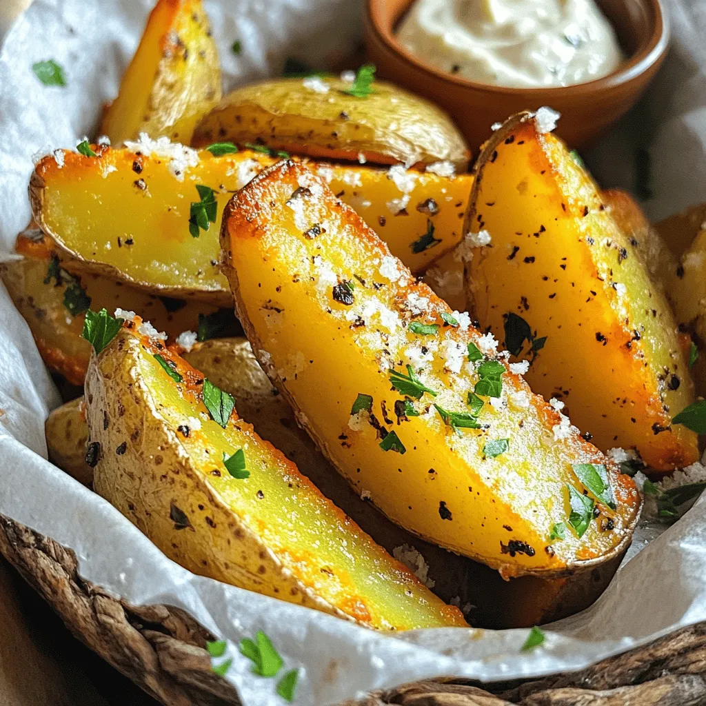 To make crispy garlic herb potato wedges, you need simple and fresh ingredients. Here’s what you will need: - 4 large russet potatoes - 3 tablespoons extra virgin olive oil - 4 cloves of garlic - 1 teaspoon dried oregano - 1 teaspoon dried thyme - 1 teaspoon smoked paprika - ½ teaspoon sea salt - ½ teaspoon freshly cracked black pepper - Fresh parsley (for garnish) - Grated Parmesan cheese (optional) These ingredients come together to create a dish that is not only crispy but also packed with flavor. The russet potatoes provide a fluffy inside while the garlic and herbs give a tasty kick. Using fresh garlic ensures a strong and aromatic flavor. The olive oil helps to crisp up the wedges, making them golden and irresistible. Don't forget the optional Parmesan cheese for a savory finish! For the full recipe, check out the detailed instructions. - Step 1: Preheat the oven and prepare your baking sheet Set your oven to 425°F (220°C). Line a large baking sheet with parchment paper. This makes cleanup easy. - Step 2: Make the garlic-herb mixture In a big bowl, mix 3 tablespoons of olive oil with 4 minced garlic cloves, 1 teaspoon of oregano, 1 teaspoon of thyme, 1 teaspoon of smoked paprika, ½ teaspoon of sea salt, and ½ teaspoon of black pepper. This mixture smells amazing! - Step 3: Coat the potato wedges with the mixture Add 4 large russet potato wedges to the bowl. Toss them gently to coat each wedge in the garlic-herb blend. Make sure every wedge is covered well. - Step 4: Arrange the wedges and prepare for baking Place the coated wedges in a single layer on the baking sheet. Leave space between each wedge. This helps them crisp up nicely. - Step 5: Bake and flip for maximum crispiness Put the baking sheet in the oven. Bake for 25-30 minutes. Flip the wedges halfway through. This ensures they get golden brown on both sides. - Step 6: Garnish before serving When the wedges are crispy and golden, take them out. If you like, sprinkle grated Parmesan cheese on top. Finish with chopped parsley for a pop of color. For the full recipe, check out the detailed instructions. Enjoy your crispy garlic herb potato wedges! To get your potato wedges super crispy, start by spacing them out on the baking sheet. This helps hot air move around each wedge, making them golden. If they touch, they steam, and that won’t give you the crunch you want. Flipping the wedges halfway through cooking is key. It helps both sides brown evenly for that perfect crispiness. I like to set a timer to remind me. Using parchment paper helps too. It prevents sticking and makes cleaning easier. If you bake directly on the pan, you might lose some crunch. To make these wedges even tastier, try adding other spices or herbs. A pinch of cayenne pepper can add heat. You could also use rosemary for a lovely aroma. When it comes to salt, sea salt gives a different flavor than regular salt. Sea salt has larger crystals, which make a nice crunch. Try it next time for an upgrade. Dipping sauces take these wedges to another level. I recommend creamy garlic aioli or classic ketchup for a nice contrast. If you’re feeling fancy, try a spicy sriracha mayo. For presentation, serve the wedges in a rustic basket lined with parchment paper. It looks great and makes for easy sharing. Don’t forget to pair it with a small bowl of your favorite dip! {{image_4}} You can easily change up the flavors in your crispy garlic herb potato wedges. Here are a few fun ideas: - Cheesy Twist: Add grated cheese, like Parmesan or cheddar, for a creamy touch. - Spicy Kick: Mix in a pinch of cayenne or chili powder for heat. - Fresh Herbs: Swap dried herbs for fresh ones. Use basil or rosemary for a different taste. If you want to try something new, use sweet potatoes instead of russet potatoes. They add a lovely sweetness and beautiful color. Just follow the same steps in the recipe. The result will be just as crispy and delicious! You can also use other methods to cook these tasty wedges. Here are two great options: - Air Fryer: For a quicker version, toss your seasoned wedges in the air fryer. Cook them at 400°F for about 15-20 minutes. Shake the basket halfway through for even crispiness. - Grilling: If it’s summer, grill your potato wedges for a smoky flavor. Preheat the grill and place wedges on a grill pan. Cook for about 20 minutes, flipping often. This method adds a nice char and enhances the taste. Feel free to explore these variations and cooking methods. They can make your crispy garlic herb potato wedges even more fun! For the complete cooking process, check out the Full Recipe. To keep your crispy garlic herb potato wedges fresh, store them in an airtight container. Allow them to cool completely before sealing to avoid steam buildup. This helps maintain their crispiness. Keep the container in the fridge for up to three days. If you have extra wedges, consider separating them with parchment paper. This prevents them from sticking together. Reheating is key to enjoying your potato wedges again. Use the oven for the best results. Preheat your oven to 400°F (200°C). Spread the wedges on a baking sheet. Bake for about 10-15 minutes until they are hot and crispy again. Avoid the microwave if you can. It can make them soggy. If you must use it, heat them in short bursts. Check often to prevent overcooking. For the best flavor and texture, stick to the oven method. For the full recipe, check the detailed cooking steps and tips. These potato wedges take about 25 to 30 minutes to cook. You will want to flip them halfway through to ensure they cook evenly and get nice and crispy. Yes, you can prepare the potato wedges ahead of time. Cut and coat them in the garlic-herb mix. Store them in the fridge for up to 24 hours. Just remember to bake them fresh for the best texture. The best type of potato for wedges is the russet potato. They have a high starch content. This makes them crispy on the outside and fluffy on the inside when cooked. To make these potato wedges vegan-friendly, skip the Parmesan cheese. You can still enjoy the rich flavors from the garlic and herbs without any animal products. Yes, you can freeze these potato wedges. After baking, let them cool completely. Place them in an airtight container and freeze. When ready to eat, reheat them in the oven for a crispy finish. For the full recipe, check out the detailed instructions above. Crispy garlic herb potato wedges are a simple and tasty dish. You can make them in about 40 minutes. The steps are easy to follow, and you’ll enjoy a crunchy treat. Start by preheating your oven to 425°F (220°C). Mix the olive oil, garlic, and spices in a bowl. Then, coat the potato wedges in this mix. Lay them out on a baking sheet with space between them. Bake for 25-30 minutes, flipping halfway for even crispiness. For detailed instructions and tips, check the [Full Recipe]. Enjoy these crunchy wedges as a snack or side! In this blog post, we covered how to make crispy garlic herb potato wedges. You learned about the key ingredients, step-by-step cooking instructions, and tips for perfecting taste and texture. Remember, spacing and flipping the wedges are key for crispiness. You can also try different seasonings or even sweet potatoes for variety. Enjoy your delicious potato wedges with your favorite dips. This easy recipe satisfies cravings and adds fun to any meal!
