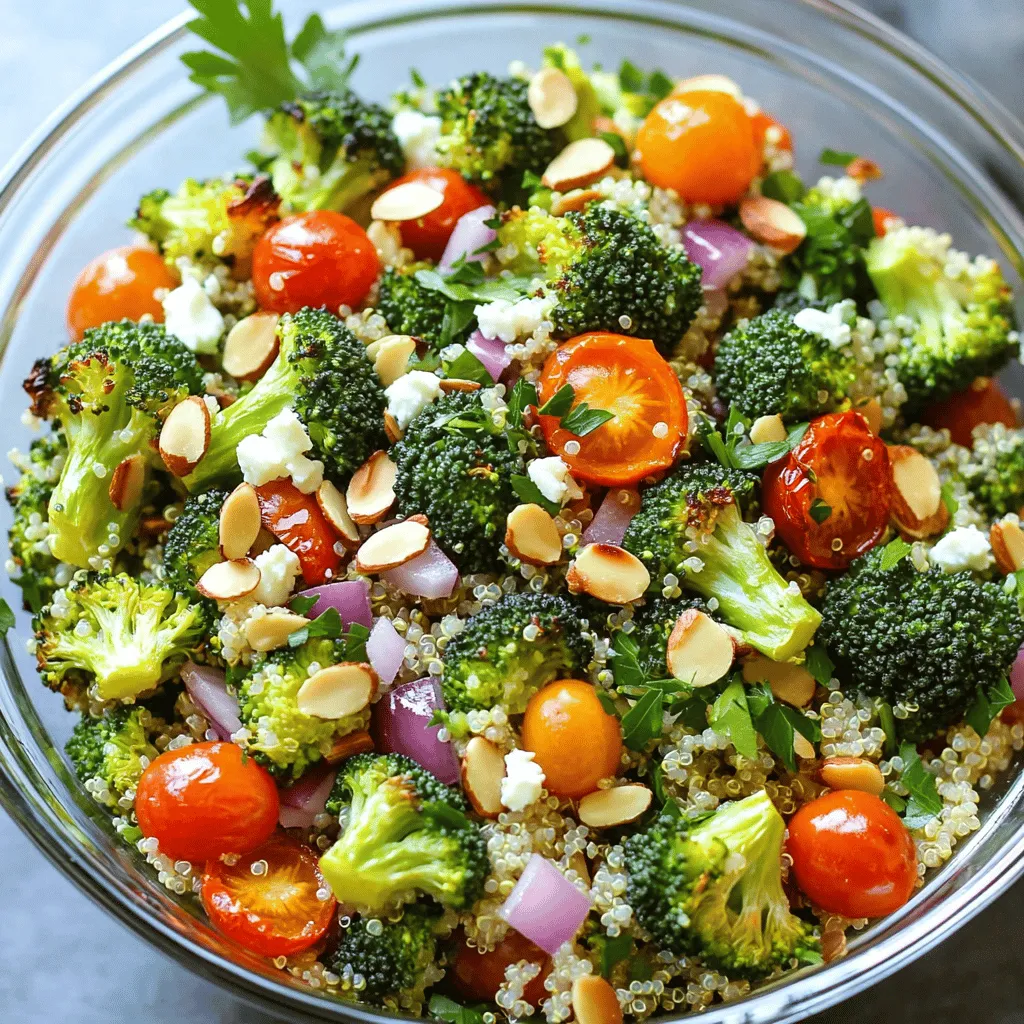 - 1 cup quinoa, thoroughly rinsed - 2 cups water or vegetable broth - 1 large head of broccoli, trimmed and cut into bite-sized florets - 1/2 cup cherry tomatoes, halved - 1/4 cup red onion, finely diced - 1/4 cup feta cheese, crumbled (optional) - 1/4 cup almonds, roughly chopped - 3 tablespoons extra virgin olive oil - 1 teaspoon garlic powder - 1/2 teaspoon fine sea salt - 1/4 teaspoon freshly ground black pepper - 2 tablespoons freshly squeezed lemon juice - A handful of fresh parsley, chopped, for garnish In this roasted broccoli quinoa salad, each ingredient adds flavor and nutrition. Quinoa is a great source of protein and fiber. It also cooks quickly, making it ideal for busy cooks. Broccoli brings vitamins and minerals, plus it tastes great when roasted. Cherry tomatoes add a sweet burst, while red onion gives a nice crunch. Feta cheese adds creaminess, but you can skip it for a vegan dish. Almonds provide a nutty flavor and a satisfying crunch. For seasoning, I like using olive oil and lemon juice. Olive oil gives richness, while lemon juice brightens the dish. Garlic powder, salt, and pepper enhance the overall taste. Finally, parsley adds color and freshness. This salad is not only healthy but also filling, making it perfect for lunch or dinner. You can find the Full Recipe for step-by-step guidance and more tips. - Rinse 1 cup quinoa under cold water. This helps remove the bitter taste. - Combine the rinsed quinoa with 2 cups water or vegetable broth in a medium pot. - Bring the mixture to a boil over medium-high heat. - Once boiling, reduce the heat to low and cover the pot. - Let it simmer for 15 minutes. The quinoa will absorb all the liquid and become fluffy. - After cooking, remove it from the heat and let it sit, covered, for 5 minutes. - Fluff the quinoa gently with a fork. This step makes it light and airy. - Preheat your oven to 425°F (220°C). This high heat helps get nice char marks. - Trim and cut 1 large head of broccoli into bite-sized florets. - Spread the florets on a baking sheet. - Drizzle 2 tablespoons of olive oil over the broccoli. - Sprinkle 1 teaspoon garlic powder, 1/2 teaspoon fine sea salt, and 1/4 teaspoon black pepper on top. - Toss the florets with your hands to coat them evenly. - Roast the broccoli for 15-20 minutes. Stir halfway through to ensure even roasting. - The broccoli should be tender and slightly browned when done. - In a large bowl, mix the cooked quinoa and roasted broccoli. - Add in 1/2 cup halved cherry tomatoes, 1/4 cup finely diced red onion, and 1/4 cup feta cheese if you like. - Toss in 1/4 cup roughly chopped almonds for some crunch. - Drizzle 1 tablespoon of olive oil and 2 tablespoons of lemon juice over the salad. - Gently toss everything together. Make sure all the ingredients are well mixed. - Taste the salad and adjust the seasoning. You might want more salt or lemon juice. - You can serve this salad warm or at room temperature. Enjoy your Roasted Broccoli Quinoa Salad! Check out the Full Recipe for more details. To make the best roasted broccoli quinoa salad, keep these tips in mind: - Rinse quinoa: Always rinse quinoa before cooking. This step removes any bitter taste. - Adjust roasting time: Change the roasting time if you prefer your broccoli softer or crispier. When you're ready to serve, try these ideas: - Serve warm or at room temperature: This salad tastes great either way. - Use a clear glass bowl: Presenting it in a glass bowl shows off its vibrant colors. Want to make your salad even better? Here are some suggestions: - Add more lemon juice: This brings a bright flavor that lifts the dish. - Incorporate herbs or spices: Fresh herbs like basil or dill add a new twist. You can also use spices like cumin or smoked paprika for extra zest. These tips and tricks will help you create a delicious, healthy meal with ease. For the complete recipe, check out the [Full Recipe]. {{image_4}} You can change up the nuts in this salad. Try using walnuts or pecans instead of almonds. Both options add a nice crunch. If you want to skip cheese, use goat cheese or leave it out for a vegan dish. This keeps the salad light but still tasty. Want to make your salad heartier? Add cooked beans like chickpeas or black beans for extra protein. You can also throw in roasted bell peppers or zucchini. These veggies add color and flavor. Mixing in different ingredients makes each bite exciting. For a new twist, use balsamic vinaigrette instead of olive oil and lemon juice. This gives your salad a sweet and tangy taste. If you like creamy dressings, try tahini. It adds a rich flavor that pairs well with the roasted broccoli. For the full recipe, check out the instructions above and enjoy your cooking adventure! Store your roasted broccoli quinoa salad in an airtight container in the fridge. It keeps well for up to 4 days. This helps maintain its fresh taste and texture. When you're ready to enjoy it again, just open the container and dig in! If you want to save some for later, freeze portions in airtight bags. Make sure to remove as much air as possible to prevent freezer burn. When you are ready to eat, simply thaw it in the fridge overnight. This way, your salad stays tasty and ready when you are. To keep your salad at its best, keep the dressing separate until you are ready to serve. This will help maintain the crunch of the veggies. When it’s time to eat, gently reheat the quinoa and broccoli before mixing. This way, you’ll have a warm, satisfying dish that tastes just as good as when you first made it. To make this salad vegan, simply omit the feta cheese. Instead, choose a plant-based dressing. You can use tahini, balsamic vinaigrette, or lemon juice mixed with olive oil. These options add great flavor while keeping it vegan. Yes, you can prepare the salad a day ahead. Just keep the dressing separate until you're ready to serve. This keeps the salad fresh and crunchy. When you are ready to eat, mix in the dressing for the best taste. This salad pairs well with grilled chicken or salmon. Adding protein completes the meal and makes it more filling. You could also serve it with a side of roasted sweet potatoes or a light soup for a hearty dinner. This blog post covered how to make a tasty roasted broccoli quinoa salad. You learned about key ingredients, simple steps, and helpful tips. I provided ideas for variations and storage, too. In closing, this salad is not just healthy; it’s fun to make. You can enjoy it fresh or as leftovers. Experiment with different flavors to suit your taste. Try it out and make it your own!