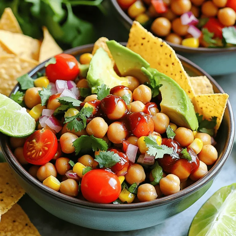 - 1 can (15 oz) chickpeas, drained and rinsed - 1 cup corn kernels (fresh or thawed frozen) - 1 large red bell pepper, diced - 1 cup cherry tomatoes, halved - 1 ripe avocado, diced - 1/4 cup red onion, finely chopped - 1/4 cup fresh cilantro, chopped - 1/4 cup BBQ sauce - 2 tablespoons extra virgin olive oil - 1 tablespoon fresh lime juice - Salt and black pepper to taste - Optional: a handful of tortilla chips This BBQ chickpea salad bowls recipe has bright colors and great flavors. The chickpeas are the base, adding protein and fiber. They soak up the BBQ sauce, giving them a smoky taste. Corn brings sweetness and crunch, while red bell pepper adds a fresh crunch. Cherry tomatoes offer juicy bursts of flavor. To make it even better, add creamy avocado. It gives a rich texture that pairs nicely with the other veggies. The red onion gives a bit of bite and a nice color contrast. Fresh cilantro adds a bright note. It really makes the salad pop! For seasoning, I use extra virgin olive oil and fresh lime juice. This combination adds a zesty kick and brings everything together. Don't forget to season with salt and black pepper to enhance the flavors. If you want a crunchy finish, toss in some tortilla chips. They add a great texture and fun crunch. This salad is not only tasty but also colorful and fun to eat. For the full recipe, check out the detailed instructions above. Enjoy making your BBQ chickpea salad bowls! Start by draining and rinsing one can of chickpeas. In a medium bowl, add the chickpeas. Pour in 1/4 cup of your favorite BBQ sauce. Mix gently until all the chickpeas are coated. Let them sit for about 10 minutes. This time allows the flavors to meld nicely. You can use either fresh or frozen corn for this salad. If you pick fresh corn, cut it off the cob. Heat a skillet over medium heat and add a splash of olive oil. Toss in the corn kernels. Sauté for about 5 minutes until they become tender and sweet. If you choose frozen corn, just thaw and drain it. You can add it directly to the salad without cooking. In a large bowl, combine the marinated chickpeas and sautéed corn. Add the diced red bell pepper, halved cherry tomatoes, diced avocado, finely chopped red onion, and fresh cilantro. Mix everything gently to ensure even distribution of all ingredients. Drizzle 2 tablespoons of extra virgin olive oil and 1 tablespoon of fresh lime juice over the salad. Toss the mixture carefully with a large spoon. This ensures that every bite is flavorful. Season with salt and black pepper to suit your taste. Spoon the BBQ chickpea salad into individual bowls. For an extra crunch, add a handful of tortilla chips to each serving. This adds a fun texture and makes the meal more enjoyable. To take your BBQ chickpea salad to the next level, consider these ideas: - Add smoked paprika for a rich, smoky taste. - Mix in garlic powder for a hint of warmth. - Try cumin to add depth and earthiness. You can also use fresh herbs. Consider adding: - Chopped parsley for freshness. - Dill for a unique twist. - Basil for a sweet, aromatic touch. You can make this salad ahead of time. Simply prepare the ingredients and store them separately. Keep the dressing in a small container. When you're ready to eat, mix everything together for fresh flavors. For storing leftovers, place the salad in an airtight container. It will keep well in the fridge for up to three days. Avoid mixing in the dressing until you're ready to serve. This keeps the salad crisp and tasty. Pair your BBQ chickpea salad with these complementary sides: - Grilled veggies for added flavor. - Rice or quinoa for a heartier meal. - Fresh bread for a delightful crunch. When it comes to drinks, consider these perfect pairings: - Lemonade for a refreshing contrast. - Iced tea for a light and sweet option. - Sparkling water with lime for a bubbly treat. For the full recipe, check out [Full Recipe]. {{image_4}} You can change ingredients to mix things up. Try using tofu or tempeh instead of chickpeas for a different protein. Both options add great taste and texture. Seasonal veggies also work well. In summer, add fresh zucchini or cucumber. In fall, consider roasted butternut squash or sweet potatoes. These swaps keep your salad fresh and fun! The dressing can change the whole vibe of your salad. Try a tangy vinaigrette made with balsamic vinegar for a new twist. You can also go for a creamy dressing, like tahini or ranch, to add richness. Each dressing brings its own flavor. Experiment to find your favorite! This salad is easy to adapt for different diets. It is already vegan and gluten-free, which is great for many people. If you have allergies, check the labels on your ingredients. You can skip the BBQ sauce or use a homemade version that avoids allergens. This way, everyone can enjoy the meal without worry. To keep your BBQ chickpea salad fresh, store it in an airtight container. This method helps lock in flavors and keep the salad crisp. You can refrigerate the salad for up to three days. After this time, the veggies may start to lose their crunch. It’s best to eat it sooner for the best taste and texture. Freezing this salad isn't the best idea. The fresh veggies will lose their crunch and become mushy. However, you can freeze the chickpeas and corn separately. When you are ready to use them, thaw overnight in the fridge. This keeps the texture nice when you mix it into fresh ingredients later. If you want to refresh the salad, add a bit more lime juice or olive oil. This step brightens the flavors. You can also toss in some fresh herbs. To keep the salad's crunch, avoid heating it up. Serve it cold for the best taste. Enjoy your meal with the vibrant flavors intact! Canned chickpeas are quick and easy. Just drain and rinse them well. Dried chickpeas need soaking and cooking. Soak them overnight, then boil until soft. Canned chickpeas save time, while dried ones offer a fresher taste. Choose based on your schedule and taste. Yes, you can make these bowls ahead of time. They taste great when chilled. Aim to prepare the salad up to three days in advance. Store it in an airtight container. The flavors deepen as they sit, making it even tastier. This salad pairs well with many sides. Try some grilled corn or garlic bread. A fresh fruit salad adds a nice touch. You could also serve it with rice or quinoa for extra filling goodness. These options complete your meal nicely. Absolutely! This salad is perfect for meal prep. Keep the dressing separate to avoid sogginess. Store the salad in containers for easy grab-and-go meals. It stays fresh for about four days in the fridge. Enjoy it throughout the week. To control the heat, add or skip spicy ingredients. For a mild salad, use no spicy items. Add diced jalapeños or hot sauce for a kick. Adjust based on your taste. You can always serve hot sauce on the side too. For the complete recipe details, check out the [Full Recipe]. This blog post highlighted the ingredients and steps to make a tasty BBQ chickpea salad. You learned about main ingredients like chickpeas and corn, plus tips to enhance flavor. I shared options for altering the recipe, along with how to store leftovers. This salad is easy and fun to make. It allows you to get creative with flavors and textures. Experiment with your favorite ingredients, and enjoy a healthy dish that suits your taste!