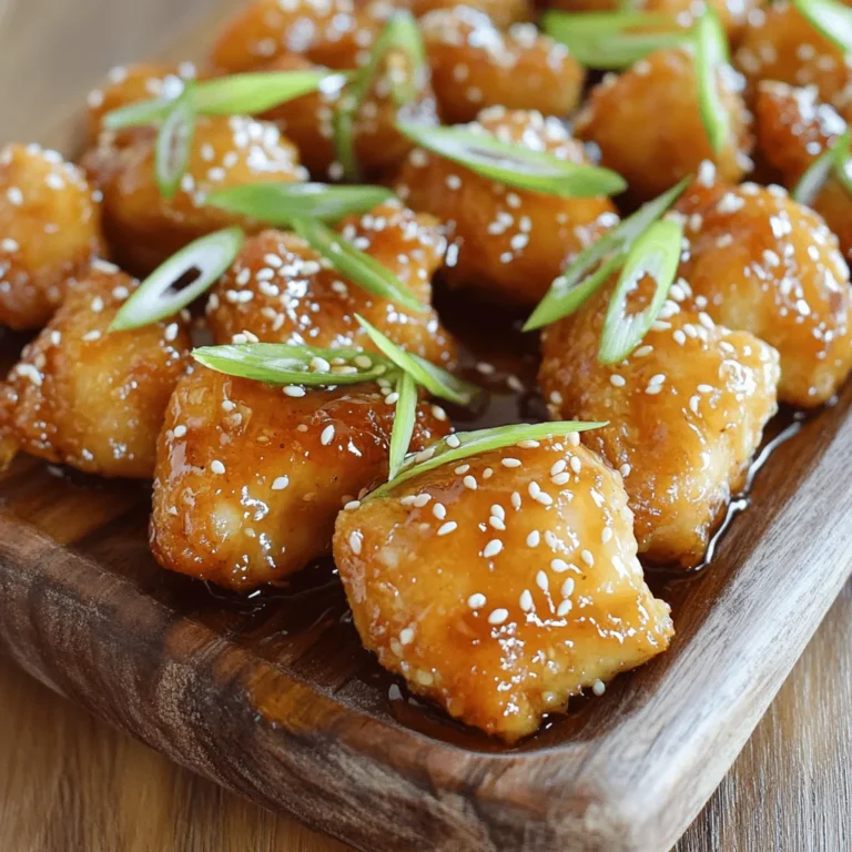 - 1 lb chicken breast, cut into bite-sized pieces - 1/4 cup honey - 1/4 cup low-sodium soy sauce - 4 cloves garlic, minced - 1 tablespoon fresh ginger, grated - 2 tablespoons vegetable oil - 1 tablespoon cornstarch - Salt and freshly ground black pepper to taste These ingredients work together to create a sweet and savory dish. The chicken breast is tender and juicy, while the honey adds a lovely sweetness. The soy sauce brings in that umami flavor, making every bite a delight. Garlic and ginger add depth, giving the dish a wonderful aroma. Using vegetable oil helps to get that nice sear on the chicken. Cornstarch is key for a crispy outside. Don't forget to season with salt and pepper; it ties everything together. For the full recipe, check out the [Full Recipe]. Mixing the marinade First, grab a medium mixing bowl. Add 1/4 cup of honey, 1/4 cup of low-sodium soy sauce, 4 cloves of minced garlic, and 1 tablespoon of grated ginger. Whisk these together until you have a smooth mixture. This is your marinade. Remember to save 2 tablespoons for later! Coating the chicken Next, take 1 pound of chicken breast cut into small pieces. In another bowl, toss the chicken with 1 tablespoon of cornstarch, salt, and freshly ground black pepper. Make sure each piece is well coated. This will help make the bites crispy when cooked. Heating the skillet Now it’s time to heat things up! Pour 2 tablespoons of vegetable oil into a large skillet. Turn the heat to medium-high. Wait until the oil shimmers, which means it's hot enough. Cooking the chicken bites Carefully add the coated chicken bites in a single layer. If your skillet is small, cook them in batches. This keeps them from steaming. Cook for about 5 to 6 minutes. Flip the pieces often. You want them golden brown and fully cooked. The inside should reach at least 165°F. Adding the marinade Once the chicken is cooked, lower the heat to medium. Pour the remaining marinade over the chicken in the skillet. Stir well to coat each piece. Let it cook for another 2 to 3 minutes. This thickens the sauce and adds flavor. Garnishing Take the skillet off the heat. Drizzle the reserved marinade on top of the chicken bites for an extra kick. For a nice finish, sprinkle toasted sesame seeds and finely sliced green onions on top. This adds a fresh touch and makes the dish look great. Now you have a tasty meal ready to enjoy! For the full recipe, check out the details. To get the best texture, coat the chicken in cornstarch. This will give it a crispy crust. Make sure your oil is hot before adding the chicken. This helps seal in juices and makes the bites golden. Turn the chicken bites often. This ensures even cooking and a nice brown color. You can adjust the sweetness by adding more or less honey. If you like it sweeter, add more honey. For a stronger flavor, try adding some red pepper flakes or chili powder. This will spice things up and bring new taste to the dish. For sides, serve honey garlic chicken bites with steamed rice or mixed veggies. Both pair well and add color to your plate. Presentation matters too! Arrange the chicken bites neatly on a platter. Drizzle extra honey on top for a shiny look. Adding toothpicks makes it easier for guests to enjoy. {{image_4}} You can easily swap chicken for other proteins. Tofu works great for a vegan option. Just cut it into bite-sized pieces. Shrimp is another tasty choice. It cooks quickly and adds a nice twist. If you need gluten-free options, choose tamari instead of soy sauce. This keeps your dish safe for those with gluten issues. You can cook these chicken bites in different ways. Baking is a healthy choice. Preheat your oven to 400°F (200°C) and spread the bites on a lined tray. Bake for about 15-20 minutes until golden. Frying gives a crispy texture. Heat oil in a skillet and follow the recipe. If you prefer slow cooking, combine the chicken and marinade in a slow cooker. Cook on low for 4-6 hours for tender bites. Want to add some fun flavors? Try an Asian twist by adding sesame oil or hoisin sauce. You can also mix in spices like five-spice powder for depth. Fresh herbs like cilantro or basil brighten the dish. Experiment with chili flakes for a spicy kick. Each change creates a unique taste that keeps your dinners exciting. For the complete cooking experience, check the Full Recipe. To keep your honey garlic chicken bites fresh, place them in an airtight container. This helps prevent moisture loss and keeps the flavors intact. Use a glass or plastic container with a tight lid. You can store the chicken in the fridge for up to three days. When you're ready to enjoy leftovers, you can use a microwave or stovetop. For the microwave, place the chicken in a microwave-safe dish. Heat in short bursts, stirring in between, until warm. This method is quick and easy. If you prefer the stovetop, heat a skillet over medium heat. Add a splash of water or oil to help maintain moisture. Stir the chicken until it’s heated through. This method keeps the chicken's texture better. If you want to save some for later, freezing is a great option. Let the chicken cool completely before placing it in a freezer-safe bag. Squeeze out any air to prevent freezer burn. You can freeze the chicken for up to three months. When you're ready to eat, thaw the chicken in the fridge overnight. You can also use the microwave on the defrost setting for quicker thawing. To ensure your chicken is safe to eat, check its internal temperature. The chicken must reach at least 165°F (75°C). You can use a meat thermometer to check this. Insert it into the thickest part of the chicken. If it reads 165°F, your chicken is ready. Yes, you can prep this dish in advance. You can marinate the chicken and store it in the fridge for up to 24 hours. This helps the flavors soak in better. You can also cook the chicken ahead of time and reheat it later. Just store it in an airtight container in the fridge. These chicken bites pair well with many sides. Here are some great ideas: - Steamed rice - Fried rice - Stir-fried vegetables - Fresh salad - Noodles Each of these options complements the sweet and savory flavors of the chicken. You can mix and match to create a balanced meal. Enjoy your culinary adventure! This blog post guides you through making delicious Honey Garlic Chicken Bites. We covered the key ingredients like chicken, honey, and soy sauce, and shared easy steps for preparation and cooking. I included tips to achieve the perfect texture and ways to customize the recipe to your taste. Remember, cooking is fun, and your meals can always be better. Keep experimenting with flavors and methods. Enjoy your tasty bites, and don’t hesitate to share your own twists!