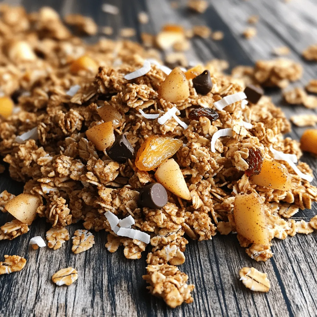 To make delicious Maple Cinnamon Apple Granola, gather these ingredients: - 2 cups rolled oats - 1 cup chopped nuts (a blend of walnuts and almonds is ideal) - 1 cup unsweetened shredded coconut - 1/2 cup pure maple syrup - 1/4 cup coconut oil, melted - 1 teaspoon pure vanilla extract - 1 teaspoon ground cinnamon - 1/2 teaspoon fine sea salt - 1 cup diced dried apples, preferably unsweetened - 1/2 cup chocolate chips (optional, for a sweet touch) The magic of this granola comes from its key ingredients. Here’s why they matter: - Maple Syrup: This adds a warm sweetness that pairs well with apples. - Cinnamon: It gives a cozy spice that lifts the flavor. - Dried Apples: They add natural sweetness and chewy texture. - Nuts: They provide crunch and healthy fats. Walnuts and almonds work best. - Coconut Oil: It helps bind the mixture while adding a subtle coconut taste. These ingredients work together to enhance the overall flavor and texture of the granola, creating a delightful crunch with every bite. Each serving of this granola is packed with nutrients. Here’s a quick breakdown: - Calories: About 200 calories per serving - Protein: 4 grams from nuts and oats - Fiber: 3 grams from oats and apples - Sugars: 6 grams primarily from maple syrup and apples - Healthy Fats: 10 grams mainly from nuts and coconut oil This granola is a great source of energy and nutrients. You can feel good about enjoying it as a snack or breakfast. For the full recipe, check out the detailed steps later in this article. First, gather all your ingredients. You will need rolled oats, chopped nuts, shredded coconut, maple syrup, melted coconut oil, vanilla extract, ground cinnamon, sea salt, dried apples, and optional chocolate chips. Having everything ready makes cooking easy. Preheat your oven to 350°F (175°C). Line a baking sheet with parchment paper. This step helps prevent sticking. In a large bowl, mix together the rolled oats, chopped nuts, and shredded coconut. Make sure they blend well. In a smaller bowl, whisk the melted coconut oil, maple syrup, vanilla extract, cinnamon, and sea salt. This mixture should be smooth. Gradually pour this wet mix over the dry ingredients. Use a spatula to stir until every piece is coated. This ensures even flavor in every bite. Now, transfer your granola mixture onto the baking sheet. Spread it out evenly so it bakes well. Place the sheet in the oven and bake for 25-30 minutes. Stir halfway through to help it brown nicely. Watch it closely. You want a lovely golden-brown color. When done, take it out of the oven and let it cool completely on the baking sheet. Cooling is key for crunch. Once it’s cool, gently fold in the diced dried apples. If you like a sweet touch, add the chocolate chips. Mix them in evenly. Now, store your homemade granola in an airtight container at room temperature. It will stay fresh for up to two weeks. You can enjoy this granola as a snack, breakfast, or topping. For the full recipe, check out the details above. To get that perfect crunch in your granola, follow a few key steps. First, make sure to spread the granola evenly on the baking sheet. This allows hot air to flow around it. Stir it halfway through baking to ensure even color and texture. Most importantly, let it cool completely on the sheet after baking. This cooling period helps it harden and become crunchy. Granola is a versatile treat. You can enjoy it in many ways. Serve it in a bowl with yogurt and fresh fruit for breakfast. You can also sprinkle it on ice cream for a fun dessert. For a quick snack, grab a handful straight from the jar. You can even add it to smoothies for extra texture and flavor. Toppings can make your granola even better. Try adding fresh berries or sliced bananas for a fruity touch. A drizzle of honey or extra maple syrup can add more sweetness. For a nutty crunch, sprinkle on some seeds or extra nuts. If you like chocolate, mix in some chocolate chips for a sweet treat. Each topping adds a new layer of flavor and fun to your Maple Cinnamon Apple Granola. For the full recipe, check out the complete cooking instructions above. {{image_4}} You can change this granola to fit your taste. Instead of walnuts and almonds, try pecans or hazelnuts. You might also use seeds like pumpkin or sunflower seeds. These add crunch and good nutrients. Want a sweeter touch? Swap in honey for maple syrup. If you like spices, add nutmeg or ginger for a kick. Dried fruits can change, too. Use cranberries, raisins, or apricots instead of apples. Granola is fun to change with the seasons. In fall, try adding pumpkin puree and spice. It gives a cozy vibe. In winter, mix in cranberries and orange zest for a bright taste. For spring, consider fresh berries like strawberries or blueberries. Summer is the perfect time for tropical flavors. Add pineapple and coconut for a beachy feel. These changes keep breakfast exciting all year. You can easily adapt this recipe for different diets. To make it gluten-free, use certified gluten-free oats. This keeps the texture while being safe for those with gluten issues. If you want it nut-free, skip the nuts entirely. Use more seeds or oats instead. This keeps the crunch without nuts. You can also make it dairy-free by using plant-based yogurt or milk. Enjoy the crunch and taste without worry! For the full recipe, check out the complete guide above. To keep your Maple Cinnamon Apple Granola fresh, store it in an airtight container. Choose a cool, dry place like a pantry or cupboard. This helps to prevent moisture from making your granola soft. Always use a clean, dry spoon when serving to avoid adding moisture. Homemade granola stays fresh for about two weeks when stored properly. After that, it may start to lose its crunch. If you notice any off smells or flavors, it is best to toss it out. Enjoy it while it's fresh for the best flavor and texture! If your granola feels a bit stale, you can refresh it in the oven. Spread it out on a baking sheet and heat it at 350°F (175°C) for about 5-10 minutes. This will help revive the crunch. Just keep an eye on it to avoid burning. Enjoy your granola as a tasty snack or part of breakfast! For the full recipe, check out the preparation steps above. To make Maple Cinnamon Apple Granola from scratch, you need to gather all your ingredients. Start by mixing rolled oats, chopped nuts, and shredded coconut in a bowl. In a separate bowl, blend melted coconut oil, maple syrup, vanilla extract, ground cinnamon, and salt. Combine both mixes and spread them on a baking sheet. Bake at 350°F for 25-30 minutes, stirring halfway. Once golden, let it cool, then mix in dried apples and optional chocolate chips. For the full recipe, check out the detailed instructions. Yes, you can use different nuts or fruits in your granola. Almonds and walnuts work well, but feel free to try pecans or cashews. For fruits, you can swap dried apples for cranberries, raisins, or apricots. The key is to keep the same texture and flavor balance. Granola is versatile! You can enjoy it as a breakfast cereal with milk or yogurt. Top it with fresh fruit for added flavor. I love using it in smoothie bowls or as a crunchy topping on desserts. Store it in a clear jar to show off its beautiful layers. This post covered everything you need to know about making granola. We explored ingredients, baking steps, and tips for the perfect crunch. You can customize granola to fit your tastes and dietary needs. Proper storage extends its freshness, so follow those tips. With all these ideas, you can make delicious granola at home. Enjoy experimenting with flavors and find your favorite mix! Start creating today, and share your tasty results with friends.