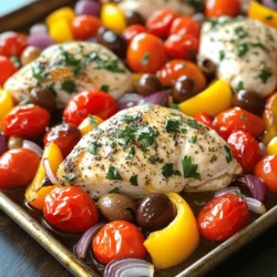 To create this tasty Greek Chicken Sheet Pan Dinner, you need a few basic ingredients. Here’s what to gather: - 4 boneless, skinless chicken breasts - 1 cup cherry tomatoes, halved - 1 red bell pepper, sliced into strips - 1 yellow bell pepper, sliced into strips - 1 medium red onion, cut into wedges - 1 medium zucchini, sliced into rounds - 1 cup pitted kalamata olives These ingredients work together to build layers of flavor and nutrition. The right spices make this dish sing. Here are the key components for the marinade: - 3 cloves fresh garlic, minced - 2 tablespoons extra virgin olive oil - 2 teaspoons dried oregano - 1 teaspoon smoked paprika - Juice of 1 fresh lemon - Salt and freshly cracked black pepper, to taste This blend adds depth and brightness to the chicken, making each bite memorable. Garnishes can elevate your meal. Consider these options for a beautiful finish: - Chopped fresh parsley Adding parsley enhances flavor and gives a pop of color to your plate. You can also drizzle some extra lemon juice over the dish for added zest. For the full recipe, check out the [Full Recipe]. First, you need to preheat your oven to 400°F (200°C). This temperature helps the chicken cook evenly and gives the veggies a nice roast. Next, grab a large rimmed baking sheet and line it with parchment paper. This makes cleanup easy and keeps the food from sticking. While your oven heats up, let's make the marinade. In a big bowl, mix together two tablespoons of extra virgin olive oil, three minced garlic cloves, two teaspoons of dried oregano, one teaspoon of smoked paprika, and the juice of one fresh lemon. Add salt and cracked black pepper to taste. Now, take your four boneless, skinless chicken breasts and add them to the bowl. Make sure each piece gets coated well. Let the chicken marinate for about 20 minutes. This step infuses the meat with great flavor. After the chicken has marinated, it’s time to arrange everything on the sheet pan. Place the chicken breasts right in the center. Then, add one cup of halved cherry tomatoes, one sliced red bell pepper, one sliced yellow bell pepper, one medium red onion cut into wedges, one medium zucchini sliced into rounds, and one cup of pitted kalamata olives around the chicken. Drizzle any leftover marinade over the veggies. Don’t forget to sprinkle a little extra salt and pepper for more flavor. Now, it’s time to roast! Slide the sheet pan into your preheated oven and set a timer for 25 to 30 minutes. The chicken should reach an internal temperature of 165°F (75°C). The veggies will turn tender and get a nice caramelized edge. Once the timer goes off, take the pan out and let it rest for about 5 minutes. This helps the juices settle. Finally, sprinkle some chopped fresh parsley on top for a burst of color. Serve it hot and enjoy your meal! For the complete recipe, check out [Full Recipe]. To cook chicken just right, use a meat thermometer. Aim for 165°F. Chicken breasts can dry out. To avoid this, do not overcook them. Marinating helps keep the chicken moist. The lemon juice in the marinade adds flavor and moisture. Always let the chicken rest for a few minutes after cooking. This keeps the juices inside, making it juicier. Different vegetables cook at different rates. For this dish, cherry tomatoes and zucchini cook fast. They need only 25 minutes. Bell peppers and onions take a bit longer. Cut them into smaller pieces to speed up cooking. If you want softer veggies, roast them longer. Be careful not to burn them. Check the vegetables halfway through and stir them around. Fresh herbs make a big difference. They add bright flavors and aromas. Use parsley for a fresh finish. Chopped oregano can elevate the dish too. You can add herbs at the end for a burst of flavor. If you want a stronger taste, mix herbs into the marinade. This will give the chicken and veggies a great boost. For more ideas, try adding dill or mint. These herbs will add a unique twist to your meal. {{image_4}} You can easily swap chicken for other proteins. Try turkey breast or pork tenderloin. Both will absorb the marinade well. If you like fish, use firm types like salmon or cod. They cook fast and pair nicely with the veggies. For veggies, feel free to mix and match. Use asparagus, green beans, or eggplant. Carrots add sweetness, while broccoli offers crunch. Always cut vegetables into similar sizes. This helps them cook evenly. If you want a meatless meal, replace the chicken with chickpeas or tofu. Both options soak up the marinade flavors well. Use firm tofu for best results. You can also add more veggies. Try artichoke hearts, spinach, or bell peppers. Add some feta cheese for creaminess. It brings a nice tang to the dish. Don’t be afraid to experiment with flavors. For a spicy kick, add red pepper flakes to the marinade. This gives a nice heat without overpowering the dish. For a sweet touch, drizzle honey over the veggies before baking. This caramelizes them and adds depth. You could also switch the herbs. Instead of oregano, use thyme or rosemary for a different taste. Each herb brings its unique aroma and flavor. For the full recipe, check out the Mediterranean Chicken Sheet Pan Feast. After enjoying your Greek Chicken Sheet Pan Dinner, you may have some leftovers. To store them, let the dish cool down for about 30 minutes. Then, place the chicken and veggies in an airtight container. This helps keep them fresh. Leftovers can stay in the fridge for up to 3 days. When you're ready to eat your leftovers, reheating them correctly is key. Preheat your oven to 350°F (175°C). Place the chicken and veggies on a baking sheet. Cover them with foil to keep moisture in. Heat for about 15-20 minutes. This method helps keep the chicken juicy and the veggies tasty. You can also reheat portions in the microwave for quick meals. Just use a microwave-safe dish and cover it loosely. Heat in short bursts, stirring in between. If you want to save some for later, freezing is a great option. After cooling, pack the chicken and veggies into freezer-safe containers. Make sure to remove excess air to prevent freezer burn. Label the containers with the date. These can last up to 3 months in the freezer. When you’re ready to eat, thaw in the fridge overnight. Then, reheat in the oven or microwave. Enjoy your meal without the fuss! It takes about 25 to 30 minutes to cook Greek chicken in the oven. The chicken should reach an internal temperature of 165°F (75°C). This timing ensures the chicken is juicy and the veggies are tender. I recommend keeping an eye on it during the last few minutes. Ovens can vary, so check for doneness to avoid overcooking. Yes, you can use skin-on chicken for this recipe. Skin-on chicken adds more flavor and moisture. However, it may take a few extra minutes to cook through. Make sure to check the internal temperature to ensure it’s fully cooked. The skin also gets crispy and adds a nice texture to the dish. Several sides go well with Greek chicken. Here are some tasty options: - Greek salad: Fresh tomatoes, cucumbers, olives, and feta cheese. - Rice or couscous: Fluffy grains soak up the chicken's juices. - Pita bread: Soft bread is great for scooping up chicken and veggies. - Tzatziki sauce: A cool yogurt sauce adds creaminess and flavor. To add spice to your Greek chicken dish, consider these options: - Add crushed red pepper flakes to the marinade for heat. - Mix in some cayenne pepper for an extra kick. - Use spicy olives instead of regular ones for added flavor. - Serve with a spicy dipping sauce on the side for more heat. Try these tips to customize the spice level to your liking! For the complete cooking process, check out the Full Recipe. This Greek Chicken Sheet Pan Dinner is simple and tasty. You learned about the key ingredients, spices, and how to marinate chicken. We broke down each step, from prepping your pan to cooking times. I shared tips for perfectly cooked chicken and veggie adjustments. You can also explore variations, from swaps to different flavors. Plus, I covered storage and reheating tips to enjoy leftovers. This dish is easy to make and enjoy any time. Now it's your turn to try it yourself!