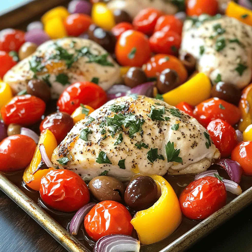 To create this tasty Greek Chicken Sheet Pan Dinner, you need a few basic ingredients. Here’s what to gather: - 4 boneless, skinless chicken breasts - 1 cup cherry tomatoes, halved - 1 red bell pepper, sliced into strips - 1 yellow bell pepper, sliced into strips - 1 medium red onion, cut into wedges - 1 medium zucchini, sliced into rounds - 1 cup pitted kalamata olives These ingredients work together to build layers of flavor and nutrition. The right spices make this dish sing. Here are the key components for the marinade: - 3 cloves fresh garlic, minced - 2 tablespoons extra virgin olive oil - 2 teaspoons dried oregano - 1 teaspoon smoked paprika - Juice of 1 fresh lemon - Salt and freshly cracked black pepper, to taste This blend adds depth and brightness to the chicken, making each bite memorable. Garnishes can elevate your meal. Consider these options for a beautiful finish: - Chopped fresh parsley Adding parsley enhances flavor and gives a pop of color to your plate. You can also drizzle some extra lemon juice over the dish for added zest. For the full recipe, check out the [Full Recipe]. First, you need to preheat your oven to 400°F (200°C). This temperature helps the chicken cook evenly and gives the veggies a nice roast. Next, grab a large rimmed baking sheet and line it with parchment paper. This makes cleanup easy and keeps the food from sticking. While your oven heats up, let's make the marinade. In a big bowl, mix together two tablespoons of extra virgin olive oil, three minced garlic cloves, two teaspoons of dried oregano, one teaspoon of smoked paprika, and the juice of one fresh lemon. Add salt and cracked black pepper to taste. Now, take your four boneless, skinless chicken breasts and add them to the bowl. Make sure each piece gets coated well. Let the chicken marinate for about 20 minutes. This step infuses the meat with great flavor. After the chicken has marinated, it’s time to arrange everything on the sheet pan. Place the chicken breasts right in the center. Then, add one cup of halved cherry tomatoes, one sliced red bell pepper, one sliced yellow bell pepper, one medium red onion cut into wedges, one medium zucchini sliced into rounds, and one cup of pitted kalamata olives around the chicken. Drizzle any leftover marinade over the veggies. Don’t forget to sprinkle a little extra salt and pepper for more flavor. Now, it’s time to roast! Slide the sheet pan into your preheated oven and set a timer for 25 to 30 minutes. The chicken should reach an internal temperature of 165°F (75°C). The veggies will turn tender and get a nice caramelized edge. Once the timer goes off, take the pan out and let it rest for about 5 minutes. This helps the juices settle. Finally, sprinkle some chopped fresh parsley on top for a burst of color. Serve it hot and enjoy your meal! For the complete recipe, check out [Full Recipe]. To cook chicken just right, use a meat thermometer. Aim for 165°F. Chicken breasts can dry out. To avoid this, do not overcook them. Marinating helps keep the chicken moist. The lemon juice in the marinade adds flavor and moisture. Always let the chicken rest for a few minutes after cooking. This keeps the juices inside, making it juicier. Different vegetables cook at different rates. For this dish, cherry tomatoes and zucchini cook fast. They need only 25 minutes. Bell peppers and onions take a bit longer. Cut them into smaller pieces to speed up cooking. If you want softer veggies, roast them longer. Be careful not to burn them. Check the vegetables halfway through and stir them around. Fresh herbs make a big difference. They add bright flavors and aromas. Use parsley for a fresh finish. Chopped oregano can elevate the dish too. You can add herbs at the end for a burst of flavor. If you want a stronger taste, mix herbs into the marinade. This will give the chicken and veggies a great boost. For more ideas, try adding dill or mint. These herbs will add a unique twist to your meal. {{image_4}} You can easily swap chicken for other proteins. Try turkey breast or pork tenderloin. Both will absorb the marinade well. If you like fish, use firm types like salmon or cod. They cook fast and pair nicely with the veggies. For veggies, feel free to mix and match. Use asparagus, green beans, or eggplant. Carrots add sweetness, while broccoli offers crunch. Always cut vegetables into similar sizes. This helps them cook evenly. If you want a meatless meal, replace the chicken with chickpeas or tofu. Both options soak up the marinade flavors well. Use firm tofu for best results. You can also add more veggies. Try artichoke hearts, spinach, or bell peppers. Add some feta cheese for creaminess. It brings a nice tang to the dish. Don’t be afraid to experiment with flavors. For a spicy kick, add red pepper flakes to the marinade. This gives a nice heat without overpowering the dish. For a sweet touch, drizzle honey over the veggies before baking. This caramelizes them and adds depth. You could also switch the herbs. Instead of oregano, use thyme or rosemary for a different taste. Each herb brings its unique aroma and flavor. For the full recipe, check out the Mediterranean Chicken Sheet Pan Feast. After enjoying your Greek Chicken Sheet Pan Dinner, you may have some leftovers. To store them, let the dish cool down for about 30 minutes. Then, place the chicken and veggies in an airtight container. This helps keep them fresh. Leftovers can stay in the fridge for up to 3 days. When you're ready to eat your leftovers, reheating them correctly is key. Preheat your oven to 350°F (175°C). Place the chicken and veggies on a baking sheet. Cover them with foil to keep moisture in. Heat for about 15-20 minutes. This method helps keep the chicken juicy and the veggies tasty. You can also reheat portions in the microwave for quick meals. Just use a microwave-safe dish and cover it loosely. Heat in short bursts, stirring in between. If you want to save some for later, freezing is a great option. After cooling, pack the chicken and veggies into freezer-safe containers. Make sure to remove excess air to prevent freezer burn. Label the containers with the date. These can last up to 3 months in the freezer. When you’re ready to eat, thaw in the fridge overnight. Then, reheat in the oven or microwave. Enjoy your meal without the fuss! It takes about 25 to 30 minutes to cook Greek chicken in the oven. The chicken should reach an internal temperature of 165°F (75°C). This timing ensures the chicken is juicy and the veggies are tender. I recommend keeping an eye on it during the last few minutes. Ovens can vary, so check for doneness to avoid overcooking. Yes, you can use skin-on chicken for this recipe. Skin-on chicken adds more flavor and moisture. However, it may take a few extra minutes to cook through. Make sure to check the internal temperature to ensure it’s fully cooked. The skin also gets crispy and adds a nice texture to the dish. Several sides go well with Greek chicken. Here are some tasty options: - Greek salad: Fresh tomatoes, cucumbers, olives, and feta cheese. - Rice or couscous: Fluffy grains soak up the chicken's juices. - Pita bread: Soft bread is great for scooping up chicken and veggies. - Tzatziki sauce: A cool yogurt sauce adds creaminess and flavor. To add spice to your Greek chicken dish, consider these options: - Add crushed red pepper flakes to the marinade for heat. - Mix in some cayenne pepper for an extra kick. - Use spicy olives instead of regular ones for added flavor. - Serve with a spicy dipping sauce on the side for more heat. Try these tips to customize the spice level to your liking! For the complete cooking process, check out the Full Recipe. This Greek Chicken Sheet Pan Dinner is simple and tasty. You learned about the key ingredients, spices, and how to marinate chicken. We broke down each step, from prepping your pan to cooking times. I shared tips for perfectly cooked chicken and veggie adjustments. You can also explore variations, from swaps to different flavors. Plus, I covered storage and reheating tips to enjoy leftovers. This dish is easy to make and enjoy any time. Now it's your turn to try it yourself!