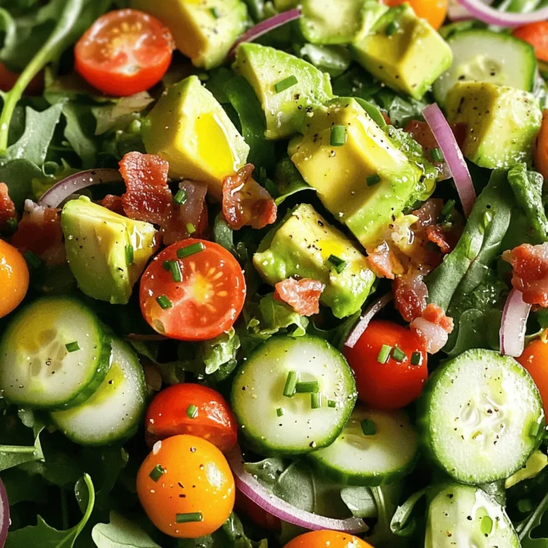To make a delicious Avocado BLT Salad, gather these fresh ingredients: - 4 cups mixed salad greens (a vibrant mix of arugula, spinach, and romaine) - 1 ripe avocado, diced into bite-sized pieces - 6 slices of crispy cooked turkey bacon, roughly chopped - 1 cup cherry tomatoes, halved for a juicy burst - ½ cup cucumber, diced for a refreshing crunch - ¼ cup red onion, thinly sliced for a hint of sharpness - 3 tablespoons extra virgin olive oil for a rich flavor - 2 tablespoons apple cider vinegar to add tang - 1 teaspoon Dijon mustard for a flavorful kick - Salt and freshly cracked pepper to taste - Fresh chives or parsley, finely chopped, for garnish You can swap some ingredients to fit your taste or diet: - Use regular bacon instead of turkey bacon for a classic touch. - Swap avocado for ripe mango for a tropical twist. - Try kale or romaine instead of mixed greens for a different base. - Add nuts, like walnuts or pecans, for extra crunch and healthy fats. - Use balsamic vinegar instead of apple cider vinegar for a sweeter flavor. These options keep your salad exciting and fresh, while still offering great taste. Each ingredient in the Avocado BLT Salad brings its own health perks: - Mixed salad greens are low in calories and high in vitamins A and C. - Avocado is rich in healthy fats, fiber, and potassium, great for heart health. - Turkey bacon has less fat than regular bacon, making it a lighter choice. - Cherry tomatoes are packed with antioxidants, which help fight disease. - Cucumber hydrates and is low in calories, good for weight management. - Red onion contains quercetin, an antioxidant that may boost immunity. - Olive oil is full of monounsaturated fats, which can lower bad cholesterol. - Apple cider vinegar may help control blood sugar levels and improve digestion. - Dijon mustard adds flavor with minimal calories. - Chives or parsley provide vitamins and add a fresh finish. This salad not only tastes great but also nourishes your body. Enjoy every bite! To make the Avocado BLT Salad, start by gathering your ingredients. First, take 4 cups of mixed salad greens and place them in a large bowl. This mix gives the salad a nice base. Next, gently add the diced avocado, chopped turkey bacon, halved cherry tomatoes, diced cucumber, and thinly sliced red onion to the bowl. This mix of flavors and textures makes every bite interesting. In a separate bowl, whisk together 3 tablespoons of extra virgin olive oil, 2 tablespoons of apple cider vinegar, and 1 teaspoon of Dijon mustard. This dressing will tie all the flavors together. Add a pinch of salt and pepper, too. Drizzle this dressing over your salad mixture. Using two large spoons, toss everything together until the salad is evenly coated. Finally, taste your salad. You may want to add more salt or pepper to make it just right. Let the salad sit for about 5 minutes. This helps the flavors blend well. Before serving, sprinkle some freshly chopped chives or parsley on top for a touch of color and flavor. Cooking turkey bacon can be easy. Start by heating a non-stick skillet over medium heat. Place the bacon slices in the pan without overlapping them. This helps them cook evenly. Cook for about 5-7 minutes on each side until they are crispy. If you want extra crispiness, drain the fat from the pan as you cook. Once done, place the bacon on paper towels to absorb extra grease. This keeps your salad light and fresh. The dressing for your Avocado BLT Salad is simple yet delicious. In a small bowl, combine 3 tablespoons of extra virgin olive oil, 2 tablespoons of apple cider vinegar, and 1 teaspoon of Dijon mustard. Whisk these ingredients together until they blend smoothly. Taste the dressing and adjust the salt and pepper to your preference. This dressing adds a bright and tangy flavor that complements the salad perfectly. Make sure to use this dressing right away for the best flavor. If you have leftovers, store them in the fridge for a couple of days. Just remember to shake it well before using! For the full recipe, check the complete instructions above. Cutting avocados can be tricky. First, make sure the avocado is ripe. Gently press it; it should give slightly. To cut, slice the avocado in half lengthwise. Twist the halves apart. Use a spoon to remove the pit. Next, slice or dice the flesh while still in the skin. This helps you get neat pieces. Finally, scoop out the avocado with a spoon. Enjoy your perfect avocado chunks for the salad. To keep your salad fresh, wash the greens just before use. Dry them well in a salad spinner. Store any leftovers in an airtight container. Add the dressing only when you’re ready to eat. This keeps the greens crisp. If you have avocados left, sprinkle them with lemon juice. This helps stop browning. Lastly, refrigerate any extra salad to keep it cool and fresh. A beautiful salad makes it more fun to eat. Start by using a large bowl to mix everything. Arrange the salad in individual bowls for each person. Place the vibrant greens at the bottom. Layer the colorful toppings on top. Use the chopped herbs as a bright garnish. Drizzle a little extra olive oil on top for shine. This makes your salad look fresh and inviting. For a finishing touch, add a slice of lemon on the side for color and flavor. {{image_4}} You can make your Avocado BLT Salad even better! Try adding: - Hard-boiled eggs for extra protein and creaminess. - Feta cheese for a salty kick that complements the flavors. - Corn for a sweet crunch that brightens the dish. - Bell peppers for color and a crisp texture. - Avocado oil for a different, rich flavor. Each of these adds a new layer of taste and texture. If you want to change the protein, consider these options: - Grilled chicken adds a hearty element and is a crowd favorite. - Shrimp can bring a lovely seafood twist to your salad. - Tofu is a great plant-based choice, soaking up flavors well. These swaps keep your salad fresh and exciting! The dressing can change everything. Here are some ideas: - Lemon vinaigrette brings a bright, zesty flavor. - Creamy ranch for a rich and comforting taste. - Honey mustard adds a sweet touch that balances flavors. Experiment with these dressings to find your perfect match! To keep your Avocado BLT Salad fresh, store it in an airtight container. Place the salad in the fridge. Use it within two days for the best taste. If possible, keep the dressing separate. This helps prevent the greens from wilting. You can prep the salad ingredients in advance. Chop the veggies and store them in containers. You can also cook the turkey bacon ahead of time. Keep the avocado whole until you’re ready to eat. This keeps it from browning. Make the dressing and store it in a small jar. Shake it well before use. Check for any odd smells or changes in color. If the salad looks slimy or mushy, it's time to toss it. The avocado will also brown if it sits too long. If you see brown spots, it's best to discard it. Always trust your senses to judge freshness. An Avocado BLT Salad is a fresh twist on the classic bacon, lettuce, and tomato sandwich. This salad combines mixed greens, creamy avocado, crispy turkey bacon, and juicy cherry tomatoes. Each bite offers a mix of flavors and textures. The salad is light yet filling, making it perfect for lunch or a side dish. Yes, you can easily make this salad vegan! Simply replace the turkey bacon with crispy tempeh or mushrooms. Use a vegan dressing made with olive oil, vinegar, and mustard. You can also add some nuts for extra crunch. To get the best flavor, use ripe avocados and fresh ingredients. Season your salad well with salt and freshly cracked pepper. Let the salad sit for a few minutes after tossing to allow the flavors to blend. This will make every bite taste even better! - Full Recipe: Avocado BLT Salad 🥑🥗 The Avocado BLT Salad combines fresh ingredients for vibrant flavor and health benefits. We explored ingredient swaps, preparation tips, and variations, so you can customize your salad. Keeping your salad fresh and crisp enhances enjoyment. Remember, proper storage is key to maintaining quality. With these steps, you can make a delicious and nutritious meal. Enjoy trying new flavors and sharing your unique twist on this classic dish.