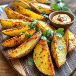 Here are the simple ingredients you need for spicy roasted potato wedges: - 4 medium-sized russet potatoes - 3 tablespoons extra virgin olive oil - 2 tablespoons smoked paprika - 1 teaspoon cayenne pepper - 1 teaspoon garlic powder - 1 teaspoon onion powder - 1 teaspoon dried oregano - Salt and freshly ground black pepper - Fresh cilantro or parsley for garnish Gather these fresh ingredients before you start cooking. Russet potatoes are great for this recipe because they are starchy and crispy when roasted. The extra virgin olive oil helps the spices stick and adds a nice flavor. Smoked paprika gives that rich, smoky taste. Cayenne pepper adds heat, but you can adjust it based on your liking. Garlic powder and onion powder add a nice depth and sweetness. Dried oregano gives an aromatic note that balances the spices. Don’t forget to season with salt and pepper for the best taste. Finally, fresh cilantro or parsley is perfect for garnishing. It adds a pop of color and a bright flavor that makes the dish even better. For the full recipe, check out the section above. - Preheat the oven to 425°F (220°C). - Prepare a baking sheet with parchment paper. - Combine 3 tablespoons of extra virgin olive oil, 2 tablespoons of smoked paprika, 1 teaspoon of cayenne pepper, 1 teaspoon of garlic powder, 1 teaspoon of onion powder, and 1 teaspoon of dried oregano in a bowl. - Stir until the mixture is cohesive. - Toss 4 medium-sized russet potatoes, cut into wedges, in the spice mixture. - Ensure an even coating on all wedges. - Spread the coated wedges in a single layer on the baking sheet. - Leave space between wedges for crispiness. - Roast in the preheated oven for 30-35 minutes. - Flip the wedges halfway through for even browning. - Cool for a couple of minutes after roasting. - Garnish with fresh cilantro or parsley before serving. For the complete list of ingredients and instructions, check the Full Recipe. To get the best crispy texture, spread the wedges in a single layer. If they are too close, they will steam instead of roast. Flipping the wedges halfway through cooking is key. This helps them brown evenly and get that perfect crunch. If you want more heat, add more cayenne pepper. You can start with less and taste as you go. Don't be afraid to mix in other spices too. Garlic powder adds depth, while onion powder gives a sweet touch. You can even try cumin for a twist. Serving matters! Place the hot wedges on a wooden board for a rustic look. This adds warmth to your meal. For added fun, pair them with dipping sauces. Chipotle mayo is a great choice. It adds creaminess and a kick that complements the spice. {{image_4}} You can switch russet potatoes for sweet potatoes. Sweet potatoes add a natural sweetness. They also bring more vitamins. Another option is to use an air fryer. This method cuts down on oil and fat. It still gives you crispy edges. You will love the taste without the extra calories. For a cheesy twist, add grated cheese on top. Cheddar or Parmesan works well. Fresh herbs like rosemary or thyme bring a different taste. You can also try new spice blends. Use taco seasoning or curry powder for unique flavors. Mix and match until you find your favorite. Spicy roasted potato wedges pair perfectly with grilled chicken or fish. They also go well with burgers and sandwiches. For a fun meal, serve them with a dipping sauce. Try chipotle mayo or zesty ranch. These flavors elevate your dish and make it more exciting. To keep your spicy roasted potato wedges fresh, store them in an airtight container. This helps retain their flavor and crispness. You can refrigerate the leftovers for up to three days. After that, they may lose their taste and texture. The best way to reheat your potato wedges is in the oven. Preheat your oven to 400°F (200°C). Spread the wedges on a baking sheet and heat them for about 10-15 minutes. This method keeps them crispy. Avoid using the microwave, as it can make them soggy. For a crunchy finish, you can broil them for the last few minutes of reheating. Enjoy those spicy potato wedges again! Yes, you can make these potato wedges ahead of time. To do this, roast the wedges and let them cool. Once cooled, store them in an airtight container in the fridge. They will stay fresh for about 3 days. When you are ready to eat, just reheat them in the oven. This keeps them crispy. These wedges taste great with many dipping sauces. Some popular options include: - Chipotle mayo - Zesty ranch - Garlic aioli - Spicy ketchup You can also try making your own sauce for a unique twist. Just mix your favorite flavors! To make the potato wedges vegan, ensure you use vegan-friendly ingredients. The listed ingredients are already vegan. Olive oil, spices, and potatoes are all plant-based. Just avoid any sauces with dairy. Yes, spicy roasted potato wedges are gluten-free. The main ingredients—potatoes, oil, and spices—do not contain gluten. This makes them a safe choice. Always check the labels on packaged spices to ensure they are gluten-free. For the full recipe, check out the detailed instructions provided earlier. In this blog post, we explored how to make spicy roasted potato wedges. We covered the ingredients, step-by-step instructions, and tips for crispiness. You learned about variations using sweet potatoes and ways to elevate flavor. Don’t forget to store leftovers properly and reheat them to keep them crispy. Enjoy making these tasty wedges that you can customize to your liking. With the right spices and techniques, you can impress anyone with your cooking skills!