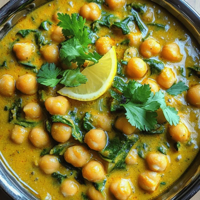 - Canned chickpeas - Coconut milk - Diced tomatoes Chickpeas are the star of this dish. They bring a nice, hearty texture. I prefer canned chickpeas for this recipe. They are ready to use and save time. Coconut milk adds creaminess and a hint of sweetness. It helps balance the spices well. Diced tomatoes add moisture and flavor. They make the curry rich and vibrant. - Curry powder - Ground cumin - Turmeric - Garam masala Seasonings are vital for a great chickpea curry. Curry powder gives warmth and depth. Ground cumin adds a nutty flavor that I love. Turmeric brings a beautiful golden color and health benefits. Garam masala adds complexity with its mix of spices. These seasonings transform simple ingredients into a delightful meal. - Onions, garlic, ginger - Fresh spinach - Lemon juice Fresh ingredients make this dish pop. Onions, garlic, and ginger build a strong flavor base. They create a fragrant aroma as they cook. Fresh spinach adds color and nutrients. It wilts down nicely in the curry. A splash of lemon juice brightens the flavors. It gives a fresh finish that ties everything together. You’ll find all these ingredients in the [Full Recipe] for this easy chickpea curry! - Prepare the vegetables: Start by chopping the onion finely. Mince the garlic and grate the ginger. Set these aside for cooking. - Warm the coconut oil: In a large saucepan, heat the coconut oil over medium heat until it melts and shimmers. This will add a nice flavor to your curry. - Sauté onions, garlic, and ginger: Add the chopped onion to the pan. Cook it for about five minutes, or until soft and clear. Then, mix in the minced garlic and grated ginger. Cook for one more minute. - Stir in spices: Sprinkle in the curry powder, ground cumin, turmeric, and garam masala. Stir well and cook for two minutes. This step brings out the deep flavors of the spices. - Combine chickpeas, coconut milk, and tomatoes: Pour in the undrained diced tomatoes and coconut milk. Stir until everything mixes well. Then, add the drained chickpeas gently. Bring the mixture to a gentle simmer, letting the flavors blend. - Simmer the curry: Cover the pot with a lid. Let it simmer for 15 to 20 minutes. Stir occasionally until the curry thickens a bit. - Add fresh spinach: Fold in the chopped spinach and cook for five more minutes. The spinach will wilt and add a vibrant color. - Adjust seasoning: Season the curry with salt, pepper, and fresh lemon juice. Taste and adjust as needed. When everything is ready, serve the chickpea curry over warm basmati rice or fluffy quinoa for a hearty meal. For the full recipe, check the detailed instructions above. To enhance flavors in your chickpea curry, start with fresh spices. Fresh spices pack more punch than older ones. Toast them in the pan for a minute. This brings out their taste. Simmering is key to good curry. Keep the heat low and let the flavors meld. If it's too hot, the sauce can burn. Stir occasionally to prevent sticking. A gentle simmer makes the dish creamy and rich. Chickpea curry pairs well with cooked basmati rice or fluffy quinoa. These sides soak up the delicious sauce. You can also serve it with naan bread for a fun twist. For garnishing, fresh coriander leaves add a nice touch. A wedge of lemon brightens the dish. Try adding a dollop of yogurt for creaminess if you want. Feel free to add more vegetables. Carrots, bell peppers, or peas work great. These add color and nutrition. Adjust the spice level to your taste. Add more curry powder for heat, or try a pinch of cayenne pepper. For a milder flavor, reduce the spices. You can make this dish your own! For the full recipe, check out [Full Recipe]. {{image_4}} You can easily change some ingredients in your chickpea curry. For a fun twist, use dried chickpeas instead of canned ones. Soak them overnight, then cook them until soft before adding to the curry. This swap gives a firmer texture. Another idea is to try non-dairy milk. Instead of coconut milk, you can use almond or oat milk. This change makes it lighter while still creamy. Adjust the spices to keep the flavor strong. Chickpea curry is popular all over the world. For a Thai-style twist, add lemongrass and lime leaves. These ingredients give the dish a fresh, zesty taste. You could also add some Thai red curry paste for more heat. If you want Indian-inspired flavors, use garam masala and fresh cilantro. You can also include peas or potatoes for extra texture. These changes make the dish unique and delicious. This chickpea curry is already vegan-friendly. To keep it that way, ensure you use vegetable broth if you make any swaps. For those who need gluten-free options, this recipe works great! Just check your spice labels to confirm they are gluten-free. You can serve it with quinoa or rice for a complete meal. For the full recipe, check out the detailed instructions above! To store your leftover chickpea curry, let it cool first. Then, place it in an airtight container. This keeps the flavors fresh and prevents spills. Glass or plastic containers work well. Make sure they are sealed tightly to avoid any odors. If you want to freeze the curry, use freezer-safe bags or containers. Make sure to leave some space at the top, as the curry may expand when frozen. To thaw, simply move it to the fridge overnight. When ready to eat, reheat it in a pot over low heat. Stir it well and make sure it's hot all the way through. Chickpea curry lasts about 3 to 4 days in the fridge. If you freeze it, it can last for up to 3 months. Check for signs of spoilage like off smells or strange colors. If it looks or smells bad, it's best to toss it. Enjoy your Easy Chickpea Curry with confidence! For the full recipe, refer to the section above. Chickpea curry pairs well with various sides. Here are some great options: - Cooked basmati rice - Fluffy quinoa - Naan bread - Steamed vegetables - Fresh salad Each option adds a unique touch. Rice absorbs the sauce well. Quinoa adds a nutty flavor. Naan is perfect for scooping up the curry. Choose what you love! Yes, you can make chickpea curry in advance. It tastes even better after resting. Here’s how to prepare it: - Cook the curry as per the Full Recipe. - Let it cool completely. - Store in an airtight container. - Refrigerate for up to 3 days. When ready to eat, reheat gently on the stove. Add a splash of water if it thickens too much. Making a great curry takes care. Here are common mistakes to avoid: - Overcooking vegetables - Not seasoning enough - Skipping the simmering time Overcooked vegetables turn mushy. To keep them firm, add them later in the cooking. Proper seasoning is key for flavor. Always taste and adjust before serving! This blog post covered the essential ingredients for a tasty chickpea curry. You learned how to prepare, cook, and serve this dish. I shared tips for enhancing flavors and customizing your recipe. You can even explore regional variations to keep things interesting. Remember to store your leftovers properly to enjoy later. This dish offers great options for all dietary needs. Now, you can make a delicious chickpea curry that your family will love. Enjoy cooking and keep experimenting!