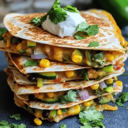 - 4 large whole wheat tortillas - 1 cup shredded cheese (cheddar or a Mexican blend) - 1 small zucchini, diced - 1 bell pepper (any color), diced - 1 small red onion, thinly sliced - 1 cup corn kernels (fresh or frozen) - 1 cup black beans, rinsed and drained - 1 teaspoon chili powder - 1 teaspoon ground cumin - Salt and pepper to taste - 2 tablespoons olive oil - Fresh cilantro, chopped (for garnish) - Sour cream or Greek yogurt (for serving) These ingredients are key to making veggie quesadilla stacks that taste great. Whole wheat tortillas add a healthy touch. Shredded cheese gives you that yummy, gooey texture. You can use any cheese you like, but cheddar or a Mexican blend works best. Fresh vegetables add color and crunch. Zucchini, bell peppers, and red onion blend well and add taste. Corn and black beans boost the fiber and protein. Chili powder and cumin add spice and warmth. Salt and pepper help bring all the flavors together. Olive oil is crucial for sautéing the veggies. It keeps them from sticking and adds a rich flavor. Finally, cilantro and sour cream or Greek yogurt make great toppings. They add freshness and creaminess to the dish. For the full recipe, you can check the complete guide on making these tasty stacks. Cooking the Sautéed Mixture To start, heat the olive oil in a large skillet over medium heat. When the oil is hot, add diced zucchini, diced bell pepper, and thinly sliced red onion. Stir the veggies often for about 5 to 7 minutes. You want them tender and just starting to caramelize. This step adds a sweet flavor to your stacks. Next, add corn and black beans to the skillet. Sprinkle in the chili powder and ground cumin. Don't forget to season with salt and pepper. Mix everything well and cook for another 3 to 4 minutes. This warms the beans and corn. When done, remove the skillet from heat. Essential Cooking Tips - Use fresh vegetables for the best taste. - Don’t rush the sautéing; let the veggies soften and brown a bit. - Taste the mixture before stacking to adjust seasonings if needed. Layering Techniques Grab a clean, flat surface for assembly. Place one tortilla down first. Spread a layer of the warm vegetable mixture over it. Add a good amount of shredded cheese on top. Then, place another tortilla over this layer. Press down gently to form a stack. Repeat these steps for the remaining tortillas and filling. You should have four stacks ready to cook. Important Tips for Stacking - Make sure the layers are even to avoid spills. - Use enough cheese; it helps hold everything together. - Don’t overload the tortillas; too much filling can make them hard to flip. Cooking Time and Temperature Wipe the skillet clean and return it to medium heat. Carefully place the stacked quesadillas into the skillet. Cook each side for about 3 to 4 minutes. Flip them gently using a spatula. You want the tortillas golden brown and crispy, while the cheese melts inside. Tips for Achieving Perfect Crispiness - If the stacks are too tall, slice them in half for easier cooking. - Keep an eye on the heat; too high can burn the tortillas quickly. - For extra crispiness, press down gently on the stacks with the spatula as they cook. To get that perfect melt, I recommend using a mix of cheeses. A blend of cheddar and Monterey Jack works well. The creamy texture helps the cheese melt nicely. Heat your skillet over medium heat before adding the quesadilla stacks. This way, the cheese will melt evenly while the tortillas crisp up. For added flavor, try mixing spices into your cheese. A pinch of smoked paprika or garlic powder can kick things up a notch. You can also sprinkle some fresh herbs like oregano or basil inside the stacks. These small tweaks make a big difference. When serving, presentation is key. Cut each quesadilla stack into wedges. Arrange them on a bright platter. Add a pop of color with fresh cilantro on top. Serve small bowls of sour cream and salsa on the side. This makes it fun for everyone to dip. For a dipping sauce, consider mixing Greek yogurt with lime juice and a dash of cumin. This refreshing sauce pairs well with the warm quesadilla. You can also try a spicy avocado dip for a creamy twist. These ideas enhance the meal and keep things exciting. For the full recipe, check out the Veggie Quesadilla Stacks. {{image_4}} You can easily change the cheese in this recipe. Try mozzarella for a milder taste. Or use pepper jack for a spicy kick. Blend different cheeses for a unique flavor. For veggies, the options are endless. Spinach adds a nice touch. Mushrooms bring depth with their earthy taste. You can even add broccoli or carrots for crunch. If you need gluten-free options, choose corn tortillas instead of whole wheat. They work well and taste great. For a vegan twist, skip the cheese and use a dairy-free alternative. Nutritional yeast can add a cheesy flavor without dairy. You can also swap sour cream with a vegan yogurt. These changes make it easy for everyone to enjoy veggie quesadilla stacks. After enjoying your veggie quesadilla stacks, you may have some left. For best results, let them cool first. Place them in an airtight container. Keep them in the fridge for up to three days. If you want to save them longer, you can freeze them. Wrap each stack tightly in plastic wrap and then place them in a freezer bag. They can last up to three months in the freezer. When you're ready to eat your leftovers, reheating is key to keeping them tasty. For crispy quesadillas, use a skillet. Heat it over medium heat. Place the quesadilla stack in the skillet. Cook for about three minutes on each side. This will help them regain their crunch. If you're in a hurry, you can use the microwave. However, it may make them a bit soggy. To avoid this, place a paper towel under your stack. The towel will absorb excess moisture. You can also try reheating them in an air fryer if you have one. This will keep them crispy and delicious. For the best taste, serve your reheated quesadilla stacks with a fresh topping of cilantro and a side of sour cream or Greek yogurt. Enjoy your meal! How do I make veggie quesadilla stacks healthier? To make veggie quesadilla stacks healthier, choose whole wheat tortillas. You can also use less cheese or low-fat cheese. Add more vegetables like spinach or kale for extra nutrients. Try using black beans or lentils for protein instead of cheese. This keeps the dish filling but light. Can I add meat to this recipe? Yes, you can add meat to the recipe. Grilled chicken or ground turkey works well. Just cook the meat first, then mix it with the vegetables. This adds protein and makes the dish heartier. Adjust the spices if needed to balance flavors. What sauces pair well with veggie quesadilla stacks? Sour cream and Greek yogurt are great for dipping. You can also use salsa or guacamole for added flavor. A spicy chipotle sauce gives a nice kick. These sauces enhance the quesadilla stacks and add a fun twist. For the full recipe, check out the complete guide! In this blog post, we explored how to make delicious quesadilla stacks. We covered key ingredients, from whole wheat tortillas to cheese and veggies. I shared steps for cooking, stacking, and achieving crispiness. You also learned tips for perfecting your quesadillas and ways to customize them. Remember, you can adapt this recipe to fit your taste or dietary needs. Enjoy making your own quesadilla stacks and get creative with your ingredients. Cooking can be fun and rewarding!