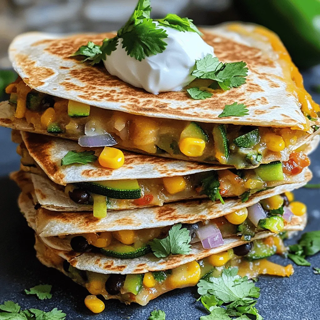 - 4 large whole wheat tortillas - 1 cup shredded cheese (cheddar or a Mexican blend) - 1 small zucchini, diced - 1 bell pepper (any color), diced - 1 small red onion, thinly sliced - 1 cup corn kernels (fresh or frozen) - 1 cup black beans, rinsed and drained - 1 teaspoon chili powder - 1 teaspoon ground cumin - Salt and pepper to taste - 2 tablespoons olive oil - Fresh cilantro, chopped (for garnish) - Sour cream or Greek yogurt (for serving) These ingredients are key to making veggie quesadilla stacks that taste great. Whole wheat tortillas add a healthy touch. Shredded cheese gives you that yummy, gooey texture. You can use any cheese you like, but cheddar or a Mexican blend works best. Fresh vegetables add color and crunch. Zucchini, bell peppers, and red onion blend well and add taste. Corn and black beans boost the fiber and protein. Chili powder and cumin add spice and warmth. Salt and pepper help bring all the flavors together. Olive oil is crucial for sautéing the veggies. It keeps them from sticking and adds a rich flavor. Finally, cilantro and sour cream or Greek yogurt make great toppings. They add freshness and creaminess to the dish. For the full recipe, you can check the complete guide on making these tasty stacks. Cooking the Sautéed Mixture To start, heat the olive oil in a large skillet over medium heat. When the oil is hot, add diced zucchini, diced bell pepper, and thinly sliced red onion. Stir the veggies often for about 5 to 7 minutes. You want them tender and just starting to caramelize. This step adds a sweet flavor to your stacks. Next, add corn and black beans to the skillet. Sprinkle in the chili powder and ground cumin. Don't forget to season with salt and pepper. Mix everything well and cook for another 3 to 4 minutes. This warms the beans and corn. When done, remove the skillet from heat. Essential Cooking Tips - Use fresh vegetables for the best taste. - Don’t rush the sautéing; let the veggies soften and brown a bit. - Taste the mixture before stacking to adjust seasonings if needed. Layering Techniques Grab a clean, flat surface for assembly. Place one tortilla down first. Spread a layer of the warm vegetable mixture over it. Add a good amount of shredded cheese on top. Then, place another tortilla over this layer. Press down gently to form a stack. Repeat these steps for the remaining tortillas and filling. You should have four stacks ready to cook. Important Tips for Stacking - Make sure the layers are even to avoid spills. - Use enough cheese; it helps hold everything together. - Don’t overload the tortillas; too much filling can make them hard to flip. Cooking Time and Temperature Wipe the skillet clean and return it to medium heat. Carefully place the stacked quesadillas into the skillet. Cook each side for about 3 to 4 minutes. Flip them gently using a spatula. You want the tortillas golden brown and crispy, while the cheese melts inside. Tips for Achieving Perfect Crispiness - If the stacks are too tall, slice them in half for easier cooking. - Keep an eye on the heat; too high can burn the tortillas quickly. - For extra crispiness, press down gently on the stacks with the spatula as they cook. To get that perfect melt, I recommend using a mix of cheeses. A blend of cheddar and Monterey Jack works well. The creamy texture helps the cheese melt nicely. Heat your skillet over medium heat before adding the quesadilla stacks. This way, the cheese will melt evenly while the tortillas crisp up. For added flavor, try mixing spices into your cheese. A pinch of smoked paprika or garlic powder can kick things up a notch. You can also sprinkle some fresh herbs like oregano or basil inside the stacks. These small tweaks make a big difference. When serving, presentation is key. Cut each quesadilla stack into wedges. Arrange them on a bright platter. Add a pop of color with fresh cilantro on top. Serve small bowls of sour cream and salsa on the side. This makes it fun for everyone to dip. For a dipping sauce, consider mixing Greek yogurt with lime juice and a dash of cumin. This refreshing sauce pairs well with the warm quesadilla. You can also try a spicy avocado dip for a creamy twist. These ideas enhance the meal and keep things exciting. For the full recipe, check out the Veggie Quesadilla Stacks. {{image_4}} You can easily change the cheese in this recipe. Try mozzarella for a milder taste. Or use pepper jack for a spicy kick. Blend different cheeses for a unique flavor. For veggies, the options are endless. Spinach adds a nice touch. Mushrooms bring depth with their earthy taste. You can even add broccoli or carrots for crunch. If you need gluten-free options, choose corn tortillas instead of whole wheat. They work well and taste great. For a vegan twist, skip the cheese and use a dairy-free alternative. Nutritional yeast can add a cheesy flavor without dairy. You can also swap sour cream with a vegan yogurt. These changes make it easy for everyone to enjoy veggie quesadilla stacks. After enjoying your veggie quesadilla stacks, you may have some left. For best results, let them cool first. Place them in an airtight container. Keep them in the fridge for up to three days. If you want to save them longer, you can freeze them. Wrap each stack tightly in plastic wrap and then place them in a freezer bag. They can last up to three months in the freezer. When you're ready to eat your leftovers, reheating is key to keeping them tasty. For crispy quesadillas, use a skillet. Heat it over medium heat. Place the quesadilla stack in the skillet. Cook for about three minutes on each side. This will help them regain their crunch. If you're in a hurry, you can use the microwave. However, it may make them a bit soggy. To avoid this, place a paper towel under your stack. The towel will absorb excess moisture. You can also try reheating them in an air fryer if you have one. This will keep them crispy and delicious. For the best taste, serve your reheated quesadilla stacks with a fresh topping of cilantro and a side of sour cream or Greek yogurt. Enjoy your meal! How do I make veggie quesadilla stacks healthier? To make veggie quesadilla stacks healthier, choose whole wheat tortillas. You can also use less cheese or low-fat cheese. Add more vegetables like spinach or kale for extra nutrients. Try using black beans or lentils for protein instead of cheese. This keeps the dish filling but light. Can I add meat to this recipe? Yes, you can add meat to the recipe. Grilled chicken or ground turkey works well. Just cook the meat first, then mix it with the vegetables. This adds protein and makes the dish heartier. Adjust the spices if needed to balance flavors. What sauces pair well with veggie quesadilla stacks? Sour cream and Greek yogurt are great for dipping. You can also use salsa or guacamole for added flavor. A spicy chipotle sauce gives a nice kick. These sauces enhance the quesadilla stacks and add a fun twist. For the full recipe, check out the complete guide! In this blog post, we explored how to make delicious quesadilla stacks. We covered key ingredients, from whole wheat tortillas to cheese and veggies. I shared steps for cooking, stacking, and achieving crispiness. You also learned tips for perfecting your quesadillas and ways to customize them. Remember, you can adapt this recipe to fit your taste or dietary needs. Enjoy making your own quesadilla stacks and get creative with your ingredients. Cooking can be fun and rewarding!