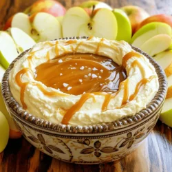 - 2 large apples (e.g., Granny Smith or Honeycrisp) - 1 cup fresh caramel sauce (store-bought or homemade) - 1/4 teaspoon fine sea salt (plus more for garnish) - 1/2 teaspoon pure vanilla extract - 1/2 cup cream cheese (softened) - 1/4 cup powdered sugar - 1/2 teaspoon ground cinnamon (optional) Gathering the right ingredients is key to making this salted caramel apple dip. Start with two large apples. I love using Granny Smith for their tartness or Honeycrisp for their sweet crunch. Slice them into wedges for easy dipping. Next, you need one cup of caramel sauce. You can use store-bought caramel when you're short on time. If you prefer, make homemade caramel for a richer flavor. You will also need fine sea salt. Just a pinch, about 1/4 teaspoon, adds depth to the sweet caramel. Plus, save some for garnish. The dip’s creaminess comes from 1/2 cup of softened cream cheese. This will blend well with the sugar and flavors. To sweeten the dip, include 1/4 cup of powdered sugar. For extra flavor, add 1/2 teaspoon of pure vanilla extract. If you want a warm touch, consider adding 1/2 teaspoon of ground cinnamon. This step is optional but can enhance the dip's richness. Now that you have everything, you are ready to create this tasty treat. You can find the full recipe above to ensure you don’t miss a step! - Combine cream cheese and powdered sugar. - Mix until smooth and creamy. Start with a medium bowl. Place the softened cream cheese in it. Add the powdered sugar next. Use a hand mixer or a whisk to blend. You want a nice, smooth texture. This will be the base of your dip. - Add vanilla extract and ground cinnamon. - Blend until fully integrated. Now, it’s time to add flavor. Pour in the vanilla extract. If you like, sprinkle in the ground cinnamon. Mix again until everything is well combined. This adds a warm, sweet note to the dip. - Mix caramel sauce with fine sea salt. - Ensure salt is dissolved in the caramel. In a separate bowl, take the caramel sauce. Stir in the fine sea salt. This step is key for that perfect salted flavor. Make sure the salt dissolves completely. You don’t want any grainy bits in your dip. - Gently fold caramel into cream cheese. - Maintain airiness during mixing. Next, take half of the salted caramel. Carefully fold it into the cream cheese mix. Use a spatula for this step. Be gentle so you keep the airiness. This makes the dip light and fluffy. - Spoon mixture into serving dish. - Drizzle with remaining caramel and create swirls. Spoon the creamy mixture into a serving dish. Spread it evenly for a smooth layer. Now, drizzle the rest of the salted caramel on top. Use a skewer or spoon to make pretty swirls. This adds a nice touch to the presentation. - Sprinkle sea salt on top. - Arrange apple slices around the dip. To finish, sprinkle a pinch of fine sea salt over the top. It enhances the flavor and looks great. Now, arrange apple slices around the bowl. This makes it easy for everyone to dip and enjoy. For the full recipe, check out the details above. For the best dipping experience, choose crisp apples. I recommend two varieties: - Granny Smith: These apples are tart and crunchy. They balance the sweet caramel well. - Honeycrisp: These offer a sweet flavor and a juicy bite. They add a nice contrast to the dip. Both options provide a great texture and flavor. Feel free to mix and match! You can use homemade or store-bought caramel. Homemade caramel sauce tastes rich and fresh. It allows you to control the flavor and thickness. If you’re short on time, store-bought caramel is a good choice too. - Homemade Caramel: This takes time but the taste is worth it. Just follow a simple recipe to ensure a creamy texture. - Store-bought Caramel: Look for high-quality brands. Check the ingredient list for fewer additives and a more natural taste. Presentation is key to impress your guests. Serve the dip in a decorative bowl. This draws attention to your beautiful creation. - Arrange apple slices around the bowl. This makes it easy for everyone to grab a slice. - Drizzle extra caramel on top. A light sprinkle of sea salt adds a final touch. This enhances both flavor and visual appeal. Serve this at parties or gatherings. Your guests will love this sweet and salty treat! For more ideas, check out related recipes. {{image_4}} You can easily change the flavor of your salted caramel apple dip. Try adding spices like nutmeg or allspice. These spices give your dip a warm and cozy taste. If you're a chocolate lover, consider mixing in chocolate chips or a drizzle of melted chocolate. This twist adds a rich flavor that pairs perfectly with the apples. Want a lighter version? Swap cream cheese for Greek yogurt. This change keeps the dip creamy but cuts calories. Also, look for low-sugar caramel sauces. These options let you enjoy the sweet flavor without all the sugar. Your taste buds will thank you! Seasonal fruits make great toppings. In fall, try adding chopped pears or figs. For summer, fresh berries are amazing. You can also sprinkle crushed nuts on top for crunch. Chocolate flakes add a nice touch too. These garnishes make your dip not only tasty but also beautiful! For the full recipe, check out the details above. To keep your salted caramel apple dip fresh, store it in an airtight container. Place it in the fridge right after serving. This helps to prevent any spoilage. The dip will stay good for about three days. Always check for any changes in smell or texture before eating. A simple rule is: when in doubt, throw it out. Most of the time, you don’t need to reheat this dip. It tastes great cold! But if you want it warm, use the microwave. Heat it in short bursts of 10-15 seconds. Stir in between to ensure even warmth. Be careful not to overheat it. You want it warm but not hot. If you have leftover ingredients, get creative! You can use extra apples for a pie or a crisp. Leftover caramel can drizzle on ice cream or pancakes. If you have cream cheese left, mix it into a savory dip. Don’t waste those tasty ingredients! You can also add the remaining powdered sugar to your morning coffee for a sweet boost. Yes, you can use store-bought caramel sauce. It saves time and is very easy. Just choose a good brand to get a rich flavor. Homemade caramel is great, too, but it takes longer to make. Both options work in this salted caramel apple dip. The dip lasts about three to four days in the fridge. Make sure to cover it well. This keeps it fresh and tasty. Over time, the dip may separate a little. Just stir it before serving. Yes, you can make this dip ahead of time. Mix the dip and store it in the fridge. Just add the apple slices when you are ready to serve. This saves you time during busy gatherings. You can serve many snacks with this dip. Besides apple slices, try pretzels, graham crackers, or even sliced pears. All these dippers add fun flavors. You can also use cookies for a sweet treat. Get creative with what you have! This post shows you how to make a tasty salted caramel apple dip. We covered the key ingredients, step-by-step instructions, and some useful tips. You can customize it with spices or make it healthier too. Storing leftovers is easy, and it's great for gatherings. Enjoy creating this delicious dip to impress friends and family!