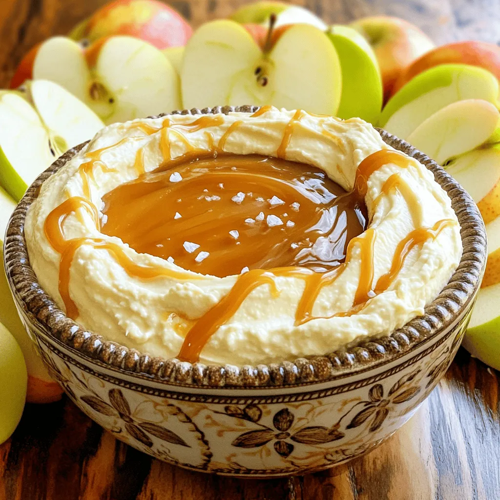 - 2 large apples (e.g., Granny Smith or Honeycrisp) - 1 cup fresh caramel sauce (store-bought or homemade) - 1/4 teaspoon fine sea salt (plus more for garnish) - 1/2 teaspoon pure vanilla extract - 1/2 cup cream cheese (softened) - 1/4 cup powdered sugar - 1/2 teaspoon ground cinnamon (optional) Gathering the right ingredients is key to making this salted caramel apple dip. Start with two large apples. I love using Granny Smith for their tartness or Honeycrisp for their sweet crunch. Slice them into wedges for easy dipping. Next, you need one cup of caramel sauce. You can use store-bought caramel when you're short on time. If you prefer, make homemade caramel for a richer flavor. You will also need fine sea salt. Just a pinch, about 1/4 teaspoon, adds depth to the sweet caramel. Plus, save some for garnish. The dip’s creaminess comes from 1/2 cup of softened cream cheese. This will blend well with the sugar and flavors. To sweeten the dip, include 1/4 cup of powdered sugar. For extra flavor, add 1/2 teaspoon of pure vanilla extract. If you want a warm touch, consider adding 1/2 teaspoon of ground cinnamon. This step is optional but can enhance the dip's richness. Now that you have everything, you are ready to create this tasty treat. You can find the full recipe above to ensure you don’t miss a step! - Combine cream cheese and powdered sugar. - Mix until smooth and creamy. Start with a medium bowl. Place the softened cream cheese in it. Add the powdered sugar next. Use a hand mixer or a whisk to blend. You want a nice, smooth texture. This will be the base of your dip. - Add vanilla extract and ground cinnamon. - Blend until fully integrated. Now, it’s time to add flavor. Pour in the vanilla extract. If you like, sprinkle in the ground cinnamon. Mix again until everything is well combined. This adds a warm, sweet note to the dip. - Mix caramel sauce with fine sea salt. - Ensure salt is dissolved in the caramel. In a separate bowl, take the caramel sauce. Stir in the fine sea salt. This step is key for that perfect salted flavor. Make sure the salt dissolves completely. You don’t want any grainy bits in your dip. - Gently fold caramel into cream cheese. - Maintain airiness during mixing. Next, take half of the salted caramel. Carefully fold it into the cream cheese mix. Use a spatula for this step. Be gentle so you keep the airiness. This makes the dip light and fluffy. - Spoon mixture into serving dish. - Drizzle with remaining caramel and create swirls. Spoon the creamy mixture into a serving dish. Spread it evenly for a smooth layer. Now, drizzle the rest of the salted caramel on top. Use a skewer or spoon to make pretty swirls. This adds a nice touch to the presentation. - Sprinkle sea salt on top. - Arrange apple slices around the dip. To finish, sprinkle a pinch of fine sea salt over the top. It enhances the flavor and looks great. Now, arrange apple slices around the bowl. This makes it easy for everyone to dip and enjoy. For the full recipe, check out the details above. For the best dipping experience, choose crisp apples. I recommend two varieties: - Granny Smith: These apples are tart and crunchy. They balance the sweet caramel well. - Honeycrisp: These offer a sweet flavor and a juicy bite. They add a nice contrast to the dip. Both options provide a great texture and flavor. Feel free to mix and match! You can use homemade or store-bought caramel. Homemade caramel sauce tastes rich and fresh. It allows you to control the flavor and thickness. If you’re short on time, store-bought caramel is a good choice too. - Homemade Caramel: This takes time but the taste is worth it. Just follow a simple recipe to ensure a creamy texture. - Store-bought Caramel: Look for high-quality brands. Check the ingredient list for fewer additives and a more natural taste. Presentation is key to impress your guests. Serve the dip in a decorative bowl. This draws attention to your beautiful creation. - Arrange apple slices around the bowl. This makes it easy for everyone to grab a slice. - Drizzle extra caramel on top. A light sprinkle of sea salt adds a final touch. This enhances both flavor and visual appeal. Serve this at parties or gatherings. Your guests will love this sweet and salty treat! For more ideas, check out related recipes. {{image_4}} You can easily change the flavor of your salted caramel apple dip. Try adding spices like nutmeg or allspice. These spices give your dip a warm and cozy taste. If you're a chocolate lover, consider mixing in chocolate chips or a drizzle of melted chocolate. This twist adds a rich flavor that pairs perfectly with the apples. Want a lighter version? Swap cream cheese for Greek yogurt. This change keeps the dip creamy but cuts calories. Also, look for low-sugar caramel sauces. These options let you enjoy the sweet flavor without all the sugar. Your taste buds will thank you! Seasonal fruits make great toppings. In fall, try adding chopped pears or figs. For summer, fresh berries are amazing. You can also sprinkle crushed nuts on top for crunch. Chocolate flakes add a nice touch too. These garnishes make your dip not only tasty but also beautiful! For the full recipe, check out the details above. To keep your salted caramel apple dip fresh, store it in an airtight container. Place it in the fridge right after serving. This helps to prevent any spoilage. The dip will stay good for about three days. Always check for any changes in smell or texture before eating. A simple rule is: when in doubt, throw it out. Most of the time, you don’t need to reheat this dip. It tastes great cold! But if you want it warm, use the microwave. Heat it in short bursts of 10-15 seconds. Stir in between to ensure even warmth. Be careful not to overheat it. You want it warm but not hot. If you have leftover ingredients, get creative! You can use extra apples for a pie or a crisp. Leftover caramel can drizzle on ice cream or pancakes. If you have cream cheese left, mix it into a savory dip. Don’t waste those tasty ingredients! You can also add the remaining powdered sugar to your morning coffee for a sweet boost. Yes, you can use store-bought caramel sauce. It saves time and is very easy. Just choose a good brand to get a rich flavor. Homemade caramel is great, too, but it takes longer to make. Both options work in this salted caramel apple dip. The dip lasts about three to four days in the fridge. Make sure to cover it well. This keeps it fresh and tasty. Over time, the dip may separate a little. Just stir it before serving. Yes, you can make this dip ahead of time. Mix the dip and store it in the fridge. Just add the apple slices when you are ready to serve. This saves you time during busy gatherings. You can serve many snacks with this dip. Besides apple slices, try pretzels, graham crackers, or even sliced pears. All these dippers add fun flavors. You can also use cookies for a sweet treat. Get creative with what you have! This post shows you how to make a tasty salted caramel apple dip. We covered the key ingredients, step-by-step instructions, and some useful tips. You can customize it with spices or make it healthier too. Storing leftovers is easy, and it's great for gatherings. Enjoy creating this delicious dip to impress friends and family!